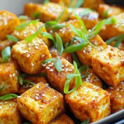 - 1 block firm tofu - 2 tablespoons cornstarch - 1 tablespoon olive oil - 2 tablespoons soy sauce - 1 tablespoon sriracha - 1 teaspoon garlic powder - 1 teaspoon smoked paprika - 1 teaspoon ginger powder - Salt and pepper to taste - Chopped green onions - Sesame seeds When preparing Air Fryer Spicy Tofu Bites, you want to choose the right ingredients. Start with firm tofu. It holds its shape well and gives a nice texture. Press the tofu to remove moisture. This step is key to getting crispy bites. Next, cornstarch acts like a magic dust. It provides that crunchy coating we all love. Olive oil adds a touch of richness without overwhelming the flavor. Soy sauce brings umami, making the bites savory and delicious. Now, let's spice things up! Sriracha adds heat. Adjust it to your liking for extra kick. Garlic powder gives a nice depth, while smoked paprika adds a smoky note. Ginger powder brightens the flavor and balances the heat. Don't forget salt and pepper for seasoning. For garnish, use chopped green onions and sesame seeds. They add color and a nice crunch. Together, these ingredients make your Air Fryer Spicy Tofu Bites a tasty treat that’s hard to resist! Start by pressing the tofu. This step helps remove extra moisture. Wrap the block in a clean kitchen towel. Place a weight on top for 15 to 20 minutes. Once pressed, cut the tofu into bite-sized cubes. Aim for uniform pieces to ensure even cooking. In a large bowl, combine the cubed tofu with cornstarch and seasonings. Add olive oil, soy sauce, sriracha, garlic powder, smoked paprika, ginger powder, salt, and pepper. Gently toss everything together. Make sure each tofu cube is evenly coated. This will help create that crispy texture. Preheat your air fryer to 375°F (190°C) for about 5 minutes. Place the tofu bites in a single layer in the basket. Avoid overcrowding. This helps them crisp up well. Cook the tofu bites for 15 to 20 minutes. Shake the basket halfway through. This ensures even cooking and browning. Once done, let them cool for a couple of minutes. Garnish with chopped green onions and sesame seeds before serving. Pressing tofu is key for crispiness. It removes extra moisture that makes it soggy. Wrap the tofu in a clean towel and place a weight on top. Leave it for 15 to 20 minutes. This will help the tofu absorb flavors and get crispy. Cornstarch is a great tool for texture. It creates a crunchy coating when you air fry the tofu. Toss the pressed tofu cubes with cornstarch before cooking. This step makes a big difference in the final dish. You can change the heat level with sriracha. Use less for a milder taste or add more for extra kick. If sriracha is too hot, try mixing in some ketchup or honey. These will add sweetness without too much heat. If you want even milder flavors, swap sriracha with barbecue sauce. It gives a nice taste but keeps it gentle on the tongue. Spicy tofu bites are great with dips. Try serving with soy sauce, sweet chili sauce, or a creamy garlic dip. These pair well with the crunchy tofu. You can also add tofu bites to salads or wraps. They add protein and flavor to any meal. Toss them in a bowl with veggies or grains for a hearty dish. {{image_2}} You can change the taste of your spicy tofu bites easily. Adding spices like cumin or chili powder gives them a new kick. You might also mix in some colorful veggies. Bell peppers or zucchini add crunch and flavor. Try different combinations to find what you love! You don't have to use an air fryer. You can oven-bake these tofu bites as well. Just set your oven to 400°F (200°C) and bake for 25-30 minutes. Keep an eye on them for crispiness. If you want, you can even pan-fry the tofu. Heat some oil in a skillet and cook the bites until they are golden brown. Make sure your soy sauce is gluten-free if you need that option. Look for brands that guarantee it. You can also explore other vegan sauces for extra flavor. Coconut aminos or tamari work well too. These swaps can help you enjoy this recipe without worry! To store your spicy tofu bites, first let them cool. Place them in an airtight container. Keep them in the fridge for up to three days. If you want to keep them longer, consider freezing them. To reheat your tofu bites, use the air fryer. Set it to 375°F (190°C) for about five minutes. This helps restore their crispiness. Avoid using the microwave, as it makes them soggy. To freeze, lay the tofu bites in a single layer on a baking sheet. Freeze them for about one hour. Once frozen, transfer them to a freezer-safe bag. To thaw, leave them in the fridge overnight. Reheat in the air fryer for best results. Air fryer spicy tofu bites take about 15 to 20 minutes to cook. The cooking time can change based on your air fryer model. For best results, preheat your air fryer to 375°F (190°C) before adding the tofu. Shaking the basket halfway through helps them cook evenly. Check for a golden color and crisp texture for the perfect bite! Yes, you can make this recipe without cornstarch. If you skip it, the tofu may not be as crispy. You can use rice flour or potato starch as a substitute. Both options work well but may alter the texture slightly. You might also try skipping the coating for a softer bite. You can serve spicy tofu bites with many tasty sides. Here are a few ideas: - Steamed rice or quinoa - Fresh salad with greens and veggies - Dipping sauces like soy sauce or sriracha mayo - Noodles in a light broth - Wraps with crunchy veggies These sides will enhance the flavors of your spicy tofu bites and create a great meal! You now have a great recipe for spicy tofu bites. We discussed the key ingredients like tofu, cornstarch, and seasonings. You learned how to prepare, mix, and air fry the tofu for a crispy finish. Remember to adjust spices to your liking and perhaps try different cooking methods. These tips make cooking fun and easy. Enjoy your spicy tofu bites as a snack or meal. With practice, you'll master this dish and impress friends and family.