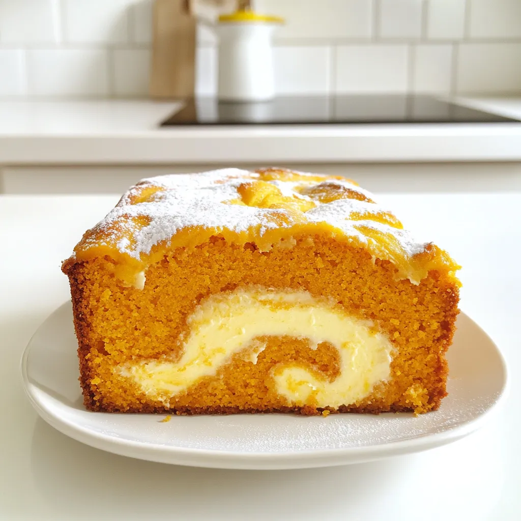 - 1 ½ cups all-purpose flour - 1 teaspoon baking powder - ½ teaspoon baking soda - ¼ teaspoon salt - ½ teaspoon ground cinnamon - ¼ teaspoon ground nutmeg - ½ cup unsalted butter, softened - 1 cup granulated sugar - 2 large eggs - 1 cup pure pumpkin puree - 1 teaspoon vanilla extract - 8 oz cream cheese, softened - ½ cup powdered sugar - 1 tablespoon lemon juice - ½ teaspoon vanilla extract To create the perfect Pumpkin Cream Cheese Swirl Pound Cake, you need a blend of dry and wet ingredients, along with a creamy mixture. This balance gives the cake its rich flavor and soft texture. Dry Ingredients: Start with all-purpose flour and add baking powder and baking soda for lift. Salt enhances flavor, while cinnamon and nutmeg bring warmth and spice. Wet Ingredients: Use softened butter and granulated sugar to achieve a light and fluffy base. Eggs add richness, while pumpkin puree keeps the cake moist. A touch of vanilla extract rounds out the flavor. Cream Cheese Mixture: The cream cheese adds a rich, tangy layer. Mix it with powdered sugar, lemon juice, and vanilla for a smooth, creamy swirl. Gather these ingredients, and you'll be ready to bake a delightful cake that impresses everyone. 1. Preheat your oven to 350°F (175°C). Grease and flour a 9x5-inch loaf pan. 2. In a medium bowl, whisk together: - 1 ½ cups all-purpose flour - 1 teaspoon baking powder - ½ teaspoon baking soda - ¼ teaspoon salt - ½ teaspoon ground cinnamon - ¼ teaspoon ground nutmeg 3. In a large mixing bowl, cream together: - ½ cup unsalted butter, softened - 1 cup granulated sugar Mix until light and fluffy. 1. Add 2 large eggs one at a time. Mix well after each addition. 2. Next, incorporate: - 1 cup pure pumpkin puree - 1 teaspoon vanilla extract Mix until smooth. 3. Gradually add the dry ingredients to the pumpkin mixture. Mix until just combined. Avoid overmixing. 1. In a separate bowl, beat together: - 8 oz cream cheese, softened - ½ cup powdered sugar - 1 tablespoon lemon juice - ½ teaspoon vanilla extract Beat until smooth and creamy. 2. Pour half of the pumpkin batter into the prepared loaf pan. Spoon half of the cream cheese mixture on top. Swirl gently with a knife. 3. Add the remaining pumpkin batter. Top it with the remaining cream cheese mixture. Swirl again gently. 1. Bake in the preheated oven for 55-65 minutes. Monitor the cooking time. 2. Check for doneness by inserting a toothpick into the center. It should come out clean. To create a stunning swirl in your pound cake, layer the batters wisely. Start by pouring half of the pumpkin batter into the loaf pan. Next, spoon half of the cream cheese mixture on top. Use a knife to swirl gently. Be careful not to overmix, as this can blend the layers too much. Repeat with the remaining batter and cream cheese mixture. A light touch keeps the swirl pretty and distinct. Set your oven to 350°F (175°C) for the best results. This temperature helps the cake rise evenly. Watch the time closely. Bake for 55-65 minutes. Check if it is done using a toothpick. Insert it into the center; it should come out clean. If the cake is too dense, it may be overmixed. Mix just until combined for a light texture. For serving, slice the pound cake neatly and place it on a pretty platter. Dust with extra powdered sugar for a sweet touch. Add a dollop of whipped cream beside each slice. A few mint sprigs can brighten the look. These simple steps make your cake look elegant and inviting. {{image_2}} You can make this cake even more fun! - Adding chocolate chips: Sprinkle in ½ cup of chocolate chips. They add a sweet surprise. - Incorporating nuts for crunch: Fold in ½ cup of chopped walnuts or pecans. They give texture and flavor. Want to switch things up? Try these options! - Using whole wheat flour: Replace all-purpose flour with whole wheat. It adds fiber and a nutty taste. - Low-sugar or sugar-free options: Use a sugar substitute like erythritol. It keeps sweetness without the calories. You can change this cake for any holiday! - Adapting for different holidays: Add festive spices for the season. Try nutmeg for fall or citrus zest for spring. - Incorporating spices like ginger or cloves: Mix in ½ teaspoon of ground ginger or cloves. They add warmth and depth to the cake. To keep your pound cake fresh, wrap it tightly in plastic wrap. This helps lock in moisture. Store it at room temperature for up to four days. For best results, place it in a cool, dry area. Avoid direct sunlight and heat as these can dry the cake out. For long-lasting freshness, freezing is a great option. First, let the pound cake cool completely. Then, wrap it in plastic wrap and aluminum foil. This prevents freezer burn. You can freeze it for up to three months. When you're ready to enjoy it, thaw it in the fridge overnight. For the best texture, let it sit at room temperature for a bit before serving. This will help return its soft and moist quality. Pumpkin Cream Cheese Swirl Pound Cake can last about 3 to 5 days. Store it in an airtight container at room temperature. If you want to keep it longer, wrap it well in plastic wrap and refrigerate it. This will help maintain its soft texture. Always check for any signs of spoilage before serving. Yes, you can make this cake ahead of time. Bake it and let it cool completely. Then, wrap it tightly in plastic wrap. You can keep it in the fridge for up to a week. If you want to prepare the batter ahead, mix the wet and dry ingredients separately. Combine them just before baking for best results. If you don’t have pumpkin puree, you can use sweet potato puree or butternut squash puree. Both will give a similar texture and flavor. You can also use applesauce for a lighter cake. Just keep in mind that this may change the taste slightly. Yes! You can use brown sugar instead of granulated sugar. This will add a deeper flavor and moisture to the cake. If you prefer less sugar, try using coconut sugar or a sugar substitute. Just note that these may change the taste and texture a bit. You now have a clear recipe for Pumpkin Cream Cheese Swirl Pound Cake. From selecting the right ingredients to mastering the swirl technique, each step enriches the flavor and texture. Remember to experiment with variations, like adding chocolate chips or nuts, to make it unique. Following the storage tips ensures your cake stays fresh. Whether it's a holiday treat or a cozy dessert, this cake satisfies every time. Enjoy baking and sharing this delightful treat with friends and family!