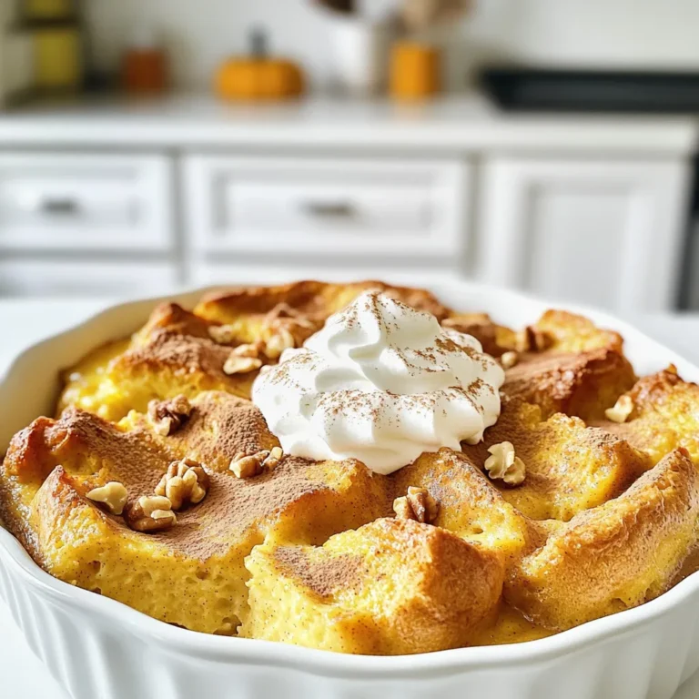 To make this cozy pumpkin spice bread pudding, gather these ingredients: - 4 cups stale brioche or challah bread, cubed - 2 cups pumpkin puree - 2 cups milk (or non-dairy alternative) - 4 large eggs - 3/4 cup brown sugar - 1 tablespoon vanilla extract - 1 tablespoon pumpkin pie spice - 1/2 teaspoon ground cinnamon - 1/4 teaspoon salt - 1/2 cup chopped walnuts or pecans (optional) - Whipped cream for serving Each ingredient plays a key role in building flavor and texture. The stale bread helps soak up the custard, while the pumpkin puree adds moistness and warmth. You can switch some ingredients based on your taste: - Use gluten-free bread for a gluten-free option. - Swap brown sugar for maple syrup for a lighter flavor. - Try almond milk or oat milk instead of regular milk. - If you don’t like nuts, skip them or use chocolate chips instead. These options let you customize the recipe to fit your needs. Choosing the right bread is crucial. Look for: - Stale bread: Fresh bread won't soak in the custard well. Stale bread absorbs the liquid better. - Brioche or challah: These breads are soft and rich. They give a nice texture to your pudding. If you can’t find brioche or challah, use any sturdy bread. Just make sure it’s a bit dry. First, you need to preheat your oven to 350°F (175°C). This step is key for even baking. While the oven warms up, grab a 9x13 inch baking dish. Grease it well with butter or cooking spray. This helps the bread pudding not to stick. Now it’s time to mix the custard. In a large bowl, add 2 cups of pumpkin puree. Pour in 2 cups of milk or your favorite non-dairy milk. Crack in 4 large eggs. Next, add 3/4 cup of brown sugar, 1 tablespoon of vanilla extract, 1 tablespoon of pumpkin pie spice, 1/2 teaspoon of ground cinnamon, and 1/4 teaspoon of salt. Whisk all these ingredients together until smooth. This mixture will give your bread pudding its rich flavor. Take your cubed bread, about 4 cups of stale brioche or challah. Add it to the custard mixture. Make sure each piece is coated well. If you like nuts, fold in 1/2 cup of chopped walnuts or pecans gently. Pour the entire mixture into your greased baking dish. Press down on the bread cubes lightly. This helps them soak up the custard. Bake in your preheated oven for 30-40 minutes. You want the top to be golden and the custard to be set. To check, insert a toothpick in the center. If it comes out clean, it’s ready. Let it cool for about 10 minutes before serving. Enjoy warm with a drizzle of whipped cream on top for a cozy treat! To get the best texture, use stale bread. Stale bread soaks up the custard well. I like using brioche or challah for their soft and rich taste. Cut the bread into even cubes, about one inch. This helps them soak up the custard evenly. Let the bread sit in the custard for at least 30 minutes before baking. This ensures every bite is moist and flavorful. Serve your pumpkin spice bread pudding warm. A dollop of whipped cream on top makes it even better. You can also drizzle caramel sauce for extra sweetness. If you want a crunch, add chopped nuts on top. Consider serving it alongside vanilla ice cream for a nice contrast. This dessert is great for cozy nights or holiday gatherings. To store leftovers, cover them tightly and place them in the fridge. They will stay fresh for up to three days. When ready to enjoy, heat individual portions in the microwave. You can also reheat it in the oven at 350°F. Bake until warmed through, about 15-20 minutes. Add a splash of milk before reheating to keep it moist. {{image_2}} You can make this dish dairy-free and vegan. Use non-dairy milk like almond or coconut. Replace eggs with flax eggs or silken tofu. These swaps keep the texture creamy and rich. They also keep the flavors bold. Your guests won't know the difference! Want to boost the flavor? Add chocolate chips or dried fruits. Raisins or cranberries give a nice chew. For a nutty twist, use pecans or walnuts. Each option adds depth and makes it special. You can also stir in some maple syrup for extra sweetness. Change it up for the season! In fall, add fresh apple or pear slices. For winter, try a sprinkle of nutmeg. Top with caramel sauce for a sweet finish. You can also serve with whipped cream or vanilla ice cream. Each topping brings a new taste. Enjoy exploring different flavors! Each serving of Pumpkin Spice Bread Pudding has about 300 calories. You get 10 grams of fat and 45 grams of carbs. There are also 5 grams of protein. The fiber content is around 2 grams. This dessert packs a lovely mix of flavors and nutrition. You can make this dish healthier. Use whole wheat bread instead of brioche or challah. Swap out brown sugar for coconut sugar to reduce calories. Almond milk or oat milk can replace regular milk for a lighter option. If you prefer, leave out the nuts or use seeds instead. Each swap helps make your pudding a bit healthier. This recipe contains common allergens. It includes eggs, milk, and wheat. To make it nut-free, skip the nuts or use seeds. For a dairy-free version, use a non-dairy milk. Always check labels to avoid hidden allergens. If you have specific allergies, be careful when choosing ingredients. Yes, you can use fresh bread, but stale bread works best. Stale bread soaks up the custard better. Fresh bread may turn mushy and not hold its shape. If you use fresh, let it sit out for a few hours to dry. You can prepare the bread pudding the night before. Just make it as usual and pour the mixture into your baking dish. Cover it with plastic wrap and refrigerate. When you're ready, bake it straight from the fridge. You may need to add a few extra minutes to the baking time. Whipped cream is a classic choice. You can also serve it with vanilla ice cream for extra sweetness. A drizzle of caramel sauce adds a nice touch. For a fun twist, try it with a scoop of pumpkin ice cream. Fresh berries give a nice contrast and add color to your dish. You now have all the details for making delicious Pumpkin Spice Bread Pudding. We covered the key ingredients, steps, and helpful tips tailored for great results. Don't forget the variations you can try, like dairy-free options or fun toppings. Always aim for the perfect texture and consider healthy swaps when you can. This dish is not just for fall; it can bring joy any season. Enjoy creating and sharing this warm treat with loved ones!