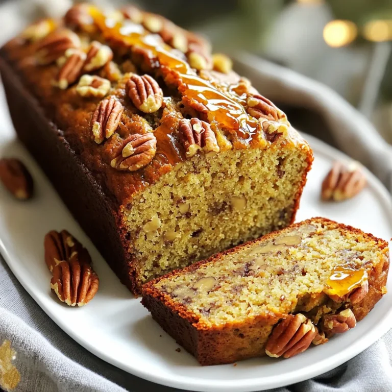 For this Maple Pecan Banana Bread, you need some key ingredients. They bring flavor and moisture. - 3 ripe bananas, mashed - 1/2 cup maple syrup - 1/4 cup olive oil or melted coconut oil - 2 large eggs - 1 teaspoon vanilla extract - 1 cup all-purpose flour - 1/2 cup whole wheat flour - 1 teaspoon baking soda - 1/2 teaspoon baking powder - 1/2 teaspoon salt - 1 teaspoon cinnamon - 1/2 cup chopped pecans These ingredients work together to create a soft and tasty loaf. The ripe bananas add natural sweetness. The maple syrup enhances the flavor, and the pecans add crunch. It is important to measure your ingredients correctly. This ensures your bread turns out just right. - Bananas: Use three ripe bananas. Ripe bananas are key for sweetness and moisture. - Maple syrup: Measure out 1/2 cup. This adds the unique maple flavor. - Olive oil: Use 1/4 cup. It keeps the bread moist and tender. - Eggs: You need two large eggs. They act as a binder and add richness. - Vanilla extract: One teaspoon will give a nice aroma. - All-purpose flour: Measure one cup. It provides structure. - Whole wheat flour: Use 1/2 cup. This adds a nutty taste and fiber. - Baking soda: One teaspoon helps the bread rise. - Baking powder: Half a teaspoon gives extra lift. - Salt: Use 1/2 teaspoon for balance. - Cinnamon: One teaspoon adds warmth and spice. - Chopped pecans: 1/2 cup for crunch and flavor. To make this bread even more special, you can add in some extras. Here are a few ideas: - 1/4 cup chocolate chips: These add sweetness and richness. - Dried cranberries: Their tartness pairs well with the sweetness of bananas. Feel free to mix and match these add-ins. They can turn a simple banana bread into a delightful treat. First, you need to preheat your oven to 350°F (175°C). This helps the banana bread bake evenly. Next, grease a 9x5-inch loaf pan with oil or butter. This step stops the bread from sticking. In a large bowl, mash the three ripe bananas until smooth. Add 1/2 cup of maple syrup, 1/4 cup of olive oil, and two large eggs. Pour in 1 teaspoon of vanilla extract. Whisk everything together until it is well mixed. Take another bowl and combine 1 cup of all-purpose flour, 1/2 cup of whole wheat flour, 1 teaspoon of baking soda, 1/2 teaspoon of baking powder, 1/2 teaspoon of salt, and 1 teaspoon of cinnamon. Whisk these dry ingredients together to mix them well. Now, slowly add the dry mix into the wet mixture. Stir gently until they combine. Be careful not to overmix! Next, fold in 1/2 cup of chopped pecans. If you want, add 1/4 cup of chocolate chips or dried cranberries for more flavor. Pour the batter into your greased loaf pan. Use a spatula to smooth the top. Place the pan in your preheated oven. Bake for 50-60 minutes. Check if it is done by inserting a toothpick. It should come out clean. After baking, let the bread cool in the pan for 10 minutes. Then, transfer it to a wire rack to cool completely. For serving, slice the bread and drizzle some maple syrup on top. Add whole pecans for a nice touch. Enjoy it warm or toasted with cream cheese! To make your banana bread soft and moist, use very ripe bananas. The riper the bananas, the sweeter your bread will taste. Mash them well for a smooth mix. When combining your wet and dry ingredients, mix gently. Overmixing can make the bread tough. Aim for a lumpy batter; it’s fine. Letting the batter sit for a few minutes before baking can also help. This allows the flour to absorb moisture. You can add many fun flavors to this recipe. For a chocolate twist, fold in 1/4 cup of chocolate chips. You can also use dried cranberries for a sweet and tart bite. Try adding spices like nutmeg or ginger for warmth. If you like coconut, use melted coconut oil and add shredded coconut. Each change makes the bread unique and delightful. One common mistake is using unripe bananas. They don’t provide enough sweetness or moisture. Also, be careful with baking time. If you bake too long, the bread can dry out. Always check with a toothpick inserted in the middle. If it comes out clean, your bread is done. Lastly, don’t forget to let it cool. Cutting it too early can cause it to crumble. {{image_2}} You can make this banana bread gluten-free. Just swap all-purpose flour with a gluten-free flour blend. Look for blends that have xanthan gum. This helps mimic the texture of regular flour. Use the same amount as the recipe calls for. Your bread will still be moist and tasty! To make this recipe vegan, replace the eggs with flax eggs. Mix 1 tablespoon of ground flaxseed with 2.5 tablespoons of water. Let it sit for a few minutes until it thickens. You can also use a plant-based oil instead of olive oil. Maple syrup is already vegan, so you’re good there! Try adding different flavors to your banana bread. Chocolate chips give a sweet touch. Dried cranberries add a fruity zing. Walnuts or pecans add crunch and a nutty flavor. Cinnamon is a classic spice that enhances the bread's taste. For a twist, add a pinch of nutmeg or some orange zest. To keep your maple pecan banana bread fresh, store it in an airtight container. Place it in a cool, dry spot. You can also wrap it tightly in plastic wrap. This will keep the bread moist. It lasts up to three days at room temperature. If you want it to last longer, refrigeration is an option. However, it may dry out a bit. If you want to freeze your banana bread, first let it cool completely. Wrap it well in plastic wrap. Then, place it in a freezer bag. This helps prevent freezer burn. Your banana bread will stay good for about three months this way. When ready to eat, thaw it in the fridge overnight or on the counter for a few hours. To revive leftover banana bread, you can toast it lightly. This brings back some of its original warmth and flavor. You can also microwave a slice for about 10-15 seconds. Be careful not to overheat it, or it may get tough. Adding a pat of butter or a drizzle of maple syrup enhances the taste, making it feel fresh again. To make your banana bread more moist, use very ripe bananas. The riper the bananas, the sweeter and softer they are. You can also add a bit more maple syrup or oil. This will help add moisture. Mixing the wet ingredients well is key. Don't overmix after adding the dry ingredients. Just stir until they blend. Yes, you can substitute maple syrup. Honey or agave syrup works well too. If you prefer, you can use brown sugar. Just mix it with a little water to make it flow better. Keep in mind that each option may change the flavor a bit. You can use several things instead of eggs. Mashed bananas are a great choice. You can use 1/4 cup of mashed banana per egg. Applesauce works too; use 1/4 cup for each egg. Flaxseed meal is another option. Mix 1 tablespoon of flaxseed with 2.5 tablespoons of water. Let it sit for a few minutes before adding. Check your banana bread with a toothpick. Insert it into the center of the loaf. If it comes out clean, the bread is done. If it has wet batter on it, bake for a few more minutes. The bread should also look golden brown on top. This blog covered all you need to know about making banana bread. We discussed key ingredients, measurements, and optional add-ins for great flavor. The step-by-step instructions guide you from prep to baking. Tips and tricks helped perfect the texture and avoid mistakes. Plus, we shared gluten-free, vegan options and storage tips. Now you can make banana bread with confidence. Enjoy experimenting with flavors, and happy baking!