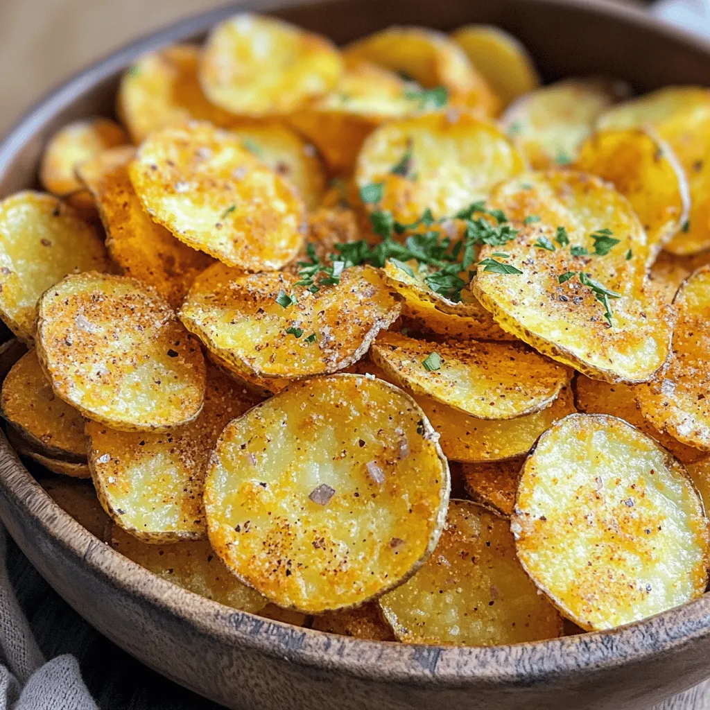 - 2 large russet potatoes - 2 tablespoons olive oil - 1 tablespoon ranch seasoning mix - 1 teaspoon garlic powder - 1 teaspoon onion powder - ½ teaspoon paprika - Salt to taste - Additional spices (e.g., cayenne pepper for heat) - Fresh herbs for garnish (e.g., parsley or chives) When I make Air Fryer Ranch Potato Chips, I love starting with fresh russet potatoes. Their starchy nature gives the best crunch. You will need two large potatoes for a good batch. Next, I add olive oil. Two tablespoons is enough to coat all the slices. It helps the spices stick while also providing flavor. Ranch seasoning is key. One tablespoon gives that classic taste we all crave, but feel free to adjust it based on your taste. You also need garlic powder, onion powder, and paprika. Each adds depth to the flavor. One teaspoon of garlic and onion powder works well, while just half a teaspoon of paprika adds a lovely color. Finally, don't forget salt! It enhances all the other flavors. Adjust it to your liking. If you want to change things up, think about adding cayenne pepper for some heat. Fresh herbs like parsley or chives can also brighten up your chips when you serve them. Start by washing and scrubbing the two large russet potatoes. This step is key to getting rid of dirt. After cleaning, pat them dry with a towel. Now, slice the potatoes into very thin rounds. A mandoline works great here, but a sharp knife will do too. Aim for about 1/8 inch thick slices. The thinner, the crispier! Soaking the sliced potatoes in cold water is very important. This step removes excess starch, which helps the chips get crispy. You should soak them for about 30 minutes. This soaking time makes all the difference in texture, leading to a perfect crunch. Once you finish soaking, drain the potato slices and lay them on a kitchen towel to dry. Pat them gently to remove moisture. In a large bowl, toss the dried slices with two tablespoons of olive oil and the seasoning mix. Add one tablespoon of ranch seasoning, one teaspoon of garlic powder, one teaspoon of onion powder, half a teaspoon of paprika, and salt to taste. Make sure every slice gets an even coating of flavor. This step is essential for that bold ranch taste. Before you start air frying, preheat your air fryer to 350°F (175°C). Place a single layer of potato slices in the basket. Avoid overlapping to ensure even cooking. You might need to cook in batches, so don't rush this step. Air fry for about 10 to 15 minutes, shaking the basket halfway through. This helps chips cook evenly. Check them for crispness; if you want them extra crispy, just cook a bit longer. Once done, transfer the chips to a wire rack to cool. This cooling step will help them crisp up even more! To get the best crispiness, drying your potato slices is key. After soaking, they hold extra moisture. Use a kitchen towel to pat them dry well. This step helps the chips turn out light and crunchy. When air frying, set the temperature to 350°F (175°C). This heat cooks them evenly. Shake the basket halfway through. This ensures all sides get crispy. Overcrowding your air fryer can lead to soggy chips. When slices overlap, they steam instead of crisping up. For best results, arrange the potato slices in a single layer. If you have a smaller air fryer, work in batches. A good rule is to fill the basket about halfway. This gives the hot air room to circulate. You can make these ranch chips your own. If you love a kick, add cayenne pepper. For a milder flavor, reduce the ranch seasoning. You can also mix in other spices. Consider using herbs like dill or parsley. If you have dietary needs, swap out the olive oil for a spray oil. The key is to enjoy making these chips your way! {{image_2}} You can change up the flavor of your ranch potato chips. Try adding barbecue seasoning for a smoky taste. If you like heat, sprinkle in some cayenne pepper. You can also blend ranch with cheese flavors. Mixing in cheddar or parmesan gives a tasty twist. You don't have to stick with russet potatoes. Sweet potatoes make a great choice too! They add a hint of sweetness and are packed with nutrients. Just keep an eye on cooking times. Sweet potatoes may need a few extra minutes to crisp up. Adjust the flavors, as sweet potatoes are naturally sweeter. These chips are perfect for sharing! Serve them with dips like salsa or guacamole. They also work great at parties. Set them out on a platter with your favorite toppings. You can even add some fresh herbs for a pop of color. Enjoy these chips as a fun snack or a party treat! To keep your leftover potato chips fresh, store them in a cool place. Use an airtight container. This helps maintain their crunch. You can also use a resealable plastic bag. Just make sure to squeeze out extra air before sealing. If you have a lot of chips, you can layer them with paper towels. This absorbs any moisture and keeps them crisp. Avoid storing chips in the fridge. The cold can make them soggy. When you want to enjoy your chips again, reheating is key. The best way is to use your air fryer. Set it to 350°F (175°C) for about 3-5 minutes. This will bring back their crunch. Avoid using the microwave to reheat. It can make chips soft and chewy. If you must use a microwave, place a paper towel under the chips. This helps absorb moisture, but it won't be as crispy. Yes, you can use other potato types. Yukon Golds work well too. They offer a buttery taste. Sweet potatoes can also be a fun twist. They add natural sweetness. Just remember, cooking times may change. Thin slices are key for all potato types. This helps them crisp up nicely. To make these chips healthier, reduce the olive oil. Use just one tablespoon instead of two. You can also skip the oil and air fry the slices dry. Try using spices instead of ranch seasoning. Garlic or onion powder adds great flavor. You can even sprinkle on some nutritional yeast for a cheesy taste. If your chips aren't crispy, check your soaking time. Make sure to soak them for at least 30 minutes. This helps with crispiness. Also, ensure you dry them well before seasoning. Avoid overcrowding the air fryer basket. This lets the air flow, helping them crisp up evenly. These chips can last for about 3 days in an airtight container. Keep them in a cool, dry place. Look for signs of spoilage like softness or a bad smell. If they lose crispness, you can reheat them in the air fryer for a few minutes. This brings back their crunch! In this article, we covered how to make crispy ranch potato chips, starting with simple ingredients and easy steps. You learned about soaking potatoes, seasoning, and air frying techniques to achieve that perfect crunch. Don’t forget the tips for customizing flavors and storing your leftover chips. Overall, this recipe lets you enjoy a tasty snack that you can personalize. With these instructions, making your own chips at home is quick and fun. Enjoy your cooking!