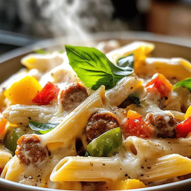 - 12 oz penne pasta - 1 lb Italian sausage - 1 red bell pepper, sliced - 1 yellow bell pepper, sliced - 1 green bell pepper, sliced - 1 small onion, chopped - 3 cloves garlic, minced For this dish, I love using penne pasta because it holds sauce well. Italian sausage adds a rich, savory flavor. I choose a mix of bell peppers for color and sweetness. The onion and garlic bring a nice aroma and depth to the dish. - 1 cup heavy cream - 1 cup shredded mozzarella cheese - 1/2 cup grated Parmesan cheese The heavy cream makes it rich and creamy. I use mozzarella cheese for its melty goodness. The Parmesan cheese adds a sharp flavor that balances everything. - 4 cups chicken broth - 1 tablespoon olive oil - 1 teaspoon Italian seasoning - Salt and pepper to taste - Fresh basil leaves, for garnish Chicken broth provides a base for cooking the pasta. Olive oil helps cook the sausage and veggies. I love using Italian seasoning for that classic taste. Finally, fresh basil leaves give a pop of freshness when serving. First, grab a large pot and pour in one tablespoon of olive oil. Heat it over medium heat. Once hot, add the Italian sausage. Break it into smaller pieces with a wooden spoon. Cook for about 5 to 7 minutes. You want it nice and browned. Next, add one chopped onion and three minced garlic cloves to the pot. Sauté for 2 to 3 minutes. The onions should turn translucent, and the kitchen will smell amazing. Now, it’s time to add color to the dish. Stir in one sliced red bell pepper, one sliced yellow bell pepper, and one sliced green bell pepper. Cook for about 5 minutes. They should start to soften but still have a bit of crunch. After that, pour in 4 cups of chicken broth. Bring it to a boil. Then, add 12 ounces of penne pasta and one teaspoon of Italian seasoning. Stir well to combine. Lower the heat and cover the pot. Let it simmer for 12 to 15 minutes. Stir occasionally until the pasta is tender and most of the liquid is gone. Once the pasta is cooked, turn the heat to low. Pour in 1 cup of heavy cream. Then, add 1 cup of shredded mozzarella cheese and ½ cup of grated Parmesan cheese. Mix until the cheese is melted and creamy. Finally, season it with salt and pepper to taste. Serve hot and garnish with fresh basil leaves. Enjoy the rich flavors and creamy texture of your Cheesy Sausage Pepper Pasta! To get the right pasta texture, check the cooking time. Penne pasta cooks well in about 12 to 15 minutes. Test it a minute or two early. You want it al dente, firm yet tender. For melting cheese smoothly, add it at the end. Turn the heat low after stirring in the heavy cream. Mix in mozzarella and Parmesan gradually. This helps avoid clumps and makes it creamy. Want more flavor? Try adding spices like red pepper flakes or smoked paprika. They can give a nice kick or depth to your dish. Fresh herbs like thyme or oregano can also boost taste. Choosing different types of sausage can change the dish too. Spicy sausage adds heat, while sweet Italian sausage gives a milder flavor. You could also try chicken sausage for a lighter option. For side dishes, a simple green salad works great. It adds freshness and balance to the meal. Garlic bread is another favorite. It complements the creamy pasta perfectly. When it comes to wine, a light red like Pinot Noir pairs well. It has a nice fruitiness that balances the rich flavors of the dish. A white wine, like Chardonnay, also works if you prefer white. {{image_2}} You can easily change up the recipe. If you need gluten-free pasta, use it instead of penne. This swap works well with any sauce. You can also switch the protein. Instead of Italian sausage, try chicken or turkey. Both options taste great and make the dish lighter. If you prefer a vegan dish, plant-based sausage is a great choice. Brands like Beyond Meat or Field Roast work well. For cheese, use dairy-free cheese made from nuts or soy. These alternatives melt nicely and keep the dish creamy and rich. Want some heat? Add crushed red pepper flakes for a spicy kick. You can also throw in more veggies. Spinach, zucchini, or mushrooms add color and nutrition. Mixing different flavors keeps the dish exciting and fresh. Experiment with what you love! To keep your Cheesy Sausage Pepper Pasta fresh, use airtight containers. Glass or plastic containers work well. Make sure they seal tightly to keep out air. Store your leftovers in the fridge. They will last for about 3 to 4 days. Reheating pasta can be tricky. The best method is to use the stovetop. Add a splash of broth or water to keep it moist. Stir gently over low heat until warm. You can also use the microwave. Cover the dish with a damp paper towel. This helps prevent it from drying out. If you have extra pasta, freezing is a great option. First, let it cool completely. Then, scoop portions into freezer-safe bags. Remove as much air as you can before sealing. Label the bags with the date. You can freeze it for about 2 to 3 months. To thaw, move it to the fridge overnight. Reheat as mentioned above for the best results. Making Cheesy Sausage Pepper Pasta takes about 30 minutes total. - Prep time: 10 minutes - Cooking time: 20 minutes You can get all your ingredients ready in about 10 minutes. Then, cook the dish for around 20 minutes. This gives you a quick and tasty meal! Yes, you can use various types of pasta. Some good options include: - Rigatoni - Fusilli - Farfalle Feel free to pick your favorite shape. Just remember to adjust the cooking time if needed. You can easily make this dish healthier with a few simple swaps. - Use whole wheat pasta for extra fiber. - Choose turkey sausage instead of Italian sausage. - Replace heavy cream with a lighter option like Greek yogurt or low-fat milk. These changes will lower the calories and fat while keeping the taste delicious! This recipe for Cheesy Sausage Pepper Pasta is simple and delicious. We explored main ingredients like sausage, pasta, and fresh vegetables. I shared step-by-step cooking methods, with tips to enhance flavors and texture. You learned how to modify the recipe for dietary needs or preferences. Remember, proper storage and reheating tips can keep your meal fresh. Enjoy your cooking adventure! With practice, you’ll make this dish a family favorite.