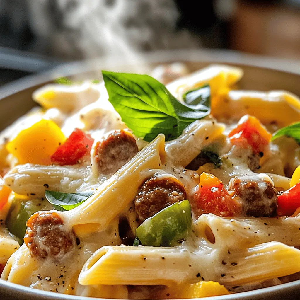 - 12 oz penne pasta - 1 lb Italian sausage - 1 red bell pepper, sliced - 1 yellow bell pepper, sliced - 1 green bell pepper, sliced - 1 small onion, chopped - 3 cloves garlic, minced For this dish, I love using penne pasta because it holds sauce well. Italian sausage adds a rich, savory flavor. I choose a mix of bell peppers for color and sweetness. The onion and garlic bring a nice aroma and depth to the dish. - 1 cup heavy cream - 1 cup shredded mozzarella cheese - 1/2 cup grated Parmesan cheese The heavy cream makes it rich and creamy. I use mozzarella cheese for its melty goodness. The Parmesan cheese adds a sharp flavor that balances everything. - 4 cups chicken broth - 1 tablespoon olive oil - 1 teaspoon Italian seasoning - Salt and pepper to taste - Fresh basil leaves, for garnish Chicken broth provides a base for cooking the pasta. Olive oil helps cook the sausage and veggies. I love using Italian seasoning for that classic taste. Finally, fresh basil leaves give a pop of freshness when serving. First, grab a large pot and pour in one tablespoon of olive oil. Heat it over medium heat. Once hot, add the Italian sausage. Break it into smaller pieces with a wooden spoon. Cook for about 5 to 7 minutes. You want it nice and browned. Next, add one chopped onion and three minced garlic cloves to the pot. Sauté for 2 to 3 minutes. The onions should turn translucent, and the kitchen will smell amazing. Now, it’s time to add color to the dish. Stir in one sliced red bell pepper, one sliced yellow bell pepper, and one sliced green bell pepper. Cook for about 5 minutes. They should start to soften but still have a bit of crunch. After that, pour in 4 cups of chicken broth. Bring it to a boil. Then, add 12 ounces of penne pasta and one teaspoon of Italian seasoning. Stir well to combine. Lower the heat and cover the pot. Let it simmer for 12 to 15 minutes. Stir occasionally until the pasta is tender and most of the liquid is gone. Once the pasta is cooked, turn the heat to low. Pour in 1 cup of heavy cream. Then, add 1 cup of shredded mozzarella cheese and ½ cup of grated Parmesan cheese. Mix until the cheese is melted and creamy. Finally, season it with salt and pepper to taste. Serve hot and garnish with fresh basil leaves. Enjoy the rich flavors and creamy texture of your Cheesy Sausage Pepper Pasta! To get the right pasta texture, check the cooking time. Penne pasta cooks well in about 12 to 15 minutes. Test it a minute or two early. You want it al dente, firm yet tender. For melting cheese smoothly, add it at the end. Turn the heat low after stirring in the heavy cream. Mix in mozzarella and Parmesan gradually. This helps avoid clumps and makes it creamy. Want more flavor? Try adding spices like red pepper flakes or smoked paprika. They can give a nice kick or depth to your dish. Fresh herbs like thyme or oregano can also boost taste. Choosing different types of sausage can change the dish too. Spicy sausage adds heat, while sweet Italian sausage gives a milder flavor. You could also try chicken sausage for a lighter option. For side dishes, a simple green salad works great. It adds freshness and balance to the meal. Garlic bread is another favorite. It complements the creamy pasta perfectly. When it comes to wine, a light red like Pinot Noir pairs well. It has a nice fruitiness that balances the rich flavors of the dish. A white wine, like Chardonnay, also works if you prefer white. {{image_2}} You can easily change up the recipe. If you need gluten-free pasta, use it instead of penne. This swap works well with any sauce. You can also switch the protein. Instead of Italian sausage, try chicken or turkey. Both options taste great and make the dish lighter. If you prefer a vegan dish, plant-based sausage is a great choice. Brands like Beyond Meat or Field Roast work well. For cheese, use dairy-free cheese made from nuts or soy. These alternatives melt nicely and keep the dish creamy and rich. Want some heat? Add crushed red pepper flakes for a spicy kick. You can also throw in more veggies. Spinach, zucchini, or mushrooms add color and nutrition. Mixing different flavors keeps the dish exciting and fresh. Experiment with what you love! To keep your Cheesy Sausage Pepper Pasta fresh, use airtight containers. Glass or plastic containers work well. Make sure they seal tightly to keep out air. Store your leftovers in the fridge. They will last for about 3 to 4 days. Reheating pasta can be tricky. The best method is to use the stovetop. Add a splash of broth or water to keep it moist. Stir gently over low heat until warm. You can also use the microwave. Cover the dish with a damp paper towel. This helps prevent it from drying out. If you have extra pasta, freezing is a great option. First, let it cool completely. Then, scoop portions into freezer-safe bags. Remove as much air as you can before sealing. Label the bags with the date. You can freeze it for about 2 to 3 months. To thaw, move it to the fridge overnight. Reheat as mentioned above for the best results. Making Cheesy Sausage Pepper Pasta takes about 30 minutes total. - Prep time: 10 minutes - Cooking time: 20 minutes You can get all your ingredients ready in about 10 minutes. Then, cook the dish for around 20 minutes. This gives you a quick and tasty meal! Yes, you can use various types of pasta. Some good options include: - Rigatoni - Fusilli - Farfalle Feel free to pick your favorite shape. Just remember to adjust the cooking time if needed. You can easily make this dish healthier with a few simple swaps. - Use whole wheat pasta for extra fiber. - Choose turkey sausage instead of Italian sausage. - Replace heavy cream with a lighter option like Greek yogurt or low-fat milk. These changes will lower the calories and fat while keeping the taste delicious! This recipe for Cheesy Sausage Pepper Pasta is simple and delicious. We explored main ingredients like sausage, pasta, and fresh vegetables. I shared step-by-step cooking methods, with tips to enhance flavors and texture. You learned how to modify the recipe for dietary needs or preferences. Remember, proper storage and reheating tips can keep your meal fresh. Enjoy your cooking adventure! With practice, you’ll make this dish a family favorite.