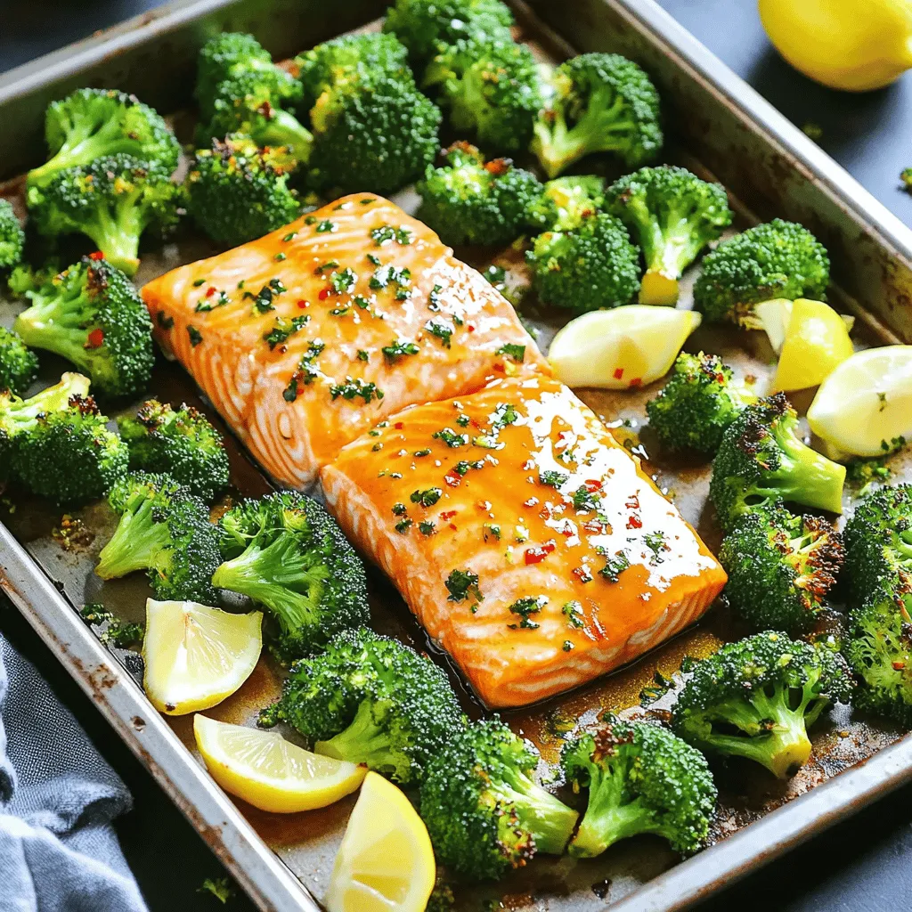 To make this tasty dish, you need a few simple ingredients. Here is the list: - 4 salmon fillets (about 6 oz each) - 1 pound fresh broccoli florets - 1/4 cup maple syrup - 2 tablespoons Dijon mustard - 2 tablespoons olive oil - 2 cloves garlic, minced - Salt and pepper to taste - 1 teaspoon red pepper flakes (optional for heat) - Lemon wedges for serving Each ingredient plays a key role in the dish. The salmon gives you protein and healthy fats. The broccoli adds color and crunch. Maple syrup brings sweetness, while Dijon mustard adds a tangy kick. Olive oil helps the veggies cook well. Garlic infuses great flavor. Salt, pepper, and red pepper flakes enhance the taste. Finally, lemon wedges brighten the dish when you serve it. Make sure to use fresh ingredients for the best flavor. This dish is quick to prepare, and you can find everything at your local store. Enjoy cooking! 1. Preheat the oven: Start by setting your oven to 400°F (200°C). This ensures even cooking for your salmon and broccoli. 2. Whisk together sauce ingredients: In a small bowl, combine the maple syrup, Dijon mustard, olive oil, minced garlic, salt, and pepper. Mix until it is smooth and well blended. 3. Arrange salmon and broccoli on the pan: Take a large sheet pan. Place the salmon fillets in the center, skin-side down. Scatter the fresh broccoli florets around the salmon. This allows them to cook together nicely. 1. Coat with maple-Dijon mixture: Pour the maple-Dijon sauce evenly over the salmon and broccoli. Make sure every piece gets a good coat for the best flavor. 2. Sprinkle optional red pepper flakes: If you like a bit of spice, add red pepper flakes over the broccoli. It adds a nice kick without overpowering the dish. 3. Bake in the oven: Place the sheet pan in the preheated oven. Bake for 15-20 minutes. You'll know it's done when the salmon flakes easily with a fork and the broccoli is tender. 1. Let cool before serving: After baking, allow the dish to cool slightly. This helps the flavors settle and makes it safer to serve. 2. Garnish with lemon wedges: Serve the salmon and broccoli with fresh lemon wedges. A squeeze of lemon brightens the flavors and adds a zesty touch. Enjoy your meal! To make your dish pop, consider adding spices. Try paprika for a smoky taste or thyme for a fresh note. You can also add a bit of honey for more sweetness. Balancing flavors is key. Use a hint of salt to enhance the sweetness of the maple syrup. If you like heat, sprinkle in red pepper flakes. This gives a nice kick without overpowering the dish. Cooking time is important for perfect salmon. For thicker fillets, add a few extra minutes. If your salmon is thinner, check it at 12 minutes. Broccoli should be bright green and tender. If you want it crispier, take it out a bit early. For softer broccoli, let it bake longer. To complete your meal, think about side dishes. Quinoa or rice pairs well with salmon. For a fresh touch, serve a simple salad. If you enjoy wine, a crisp Sauvignon Blanc works great. It matches the flavors of the dish nicely. Enjoy your meal with friends or family! {{image_2}} If you want to switch up the protein, try chicken or tofu. Both options work well with the maple-Dijon sauce. For veggies, feel free to use asparagus, green beans, or Brussels sprouts. Each will bring a new taste to your dish while keeping it colorful and healthy. To add a bit of heat, mix in some cayenne pepper or chili powder. This gives your dish a nice kick. You can also create herb-infused versions. Add fresh thyme, dill, or rosemary for a fragrant twist. These herbs pair well with salmon and elevate the flavor. If you prefer using an air fryer, preheat it to 375°F. Place the salmon and broccoli in the basket. Cook for about 10-12 minutes. Check for doneness, and enjoy a quick meal. For stovetop cooking, sear the salmon in a pan over medium heat for about 4-5 minutes per side. Steam broccoli in a separate pot. This gives you a tasty alternative if you don’t want to use the oven. To store leftovers, let the salmon and broccoli cool. Place them in an airtight container. This keeps the dish fresh and tasty. Try to eat the leftovers within three days. For best results, separate the salmon from the broccoli if you can. Use glass or plastic containers that seal well. The best way to reheat this dish is in the oven. Preheat your oven to 350°F (175°C). Place the salmon and broccoli on a baking sheet. Cover them with foil to keep moisture in. Heat for about 10-15 minutes, or until warm. You can also use the microwave. Just be careful not to overcook it. This can make the salmon dry. To freeze portions, let the dish cool completely. Wrap the salmon and broccoli in plastic wrap, then place them in a freezer bag. Make sure to remove all the air. Label the bag with the date. The dish will stay good for up to three months. To thaw, place it in the fridge overnight. You can also use the microwave to thaw it quickly. Just remember to check that it heats evenly. The best temperature to cook salmon is 400°F (200°C). This heat lets the salmon cook through while keeping it juicy. At this temperature, it takes about 15 to 20 minutes to bake, depending on the thickness of the fillets. Cooking at the right temperature helps you avoid dry fish. You should bake the salmon and broccoli together for 15 to 20 minutes. This time is perfect for the salmon to cook well and for the broccoli to become tender. If your salmon fillets are thicker, you might need a few extra minutes. Keep an eye on both to get the best results. Yes, you can use frozen broccoli in this recipe. Frozen broccoli is convenient and cooks quickly. However, it may release more water than fresh broccoli. This extra moisture can make the dish a bit soggy. If you use frozen broccoli, try to thaw and drain it first for the best texture. You can serve many side dishes with this meal. Here are a few great options: - Quinoa or rice for a filling base - A fresh green salad for crunch - Garlic bread to soak up the sauce - Roasted potatoes for added heartiness These sides will balance the sweet and tangy flavors of the salmon and add more fun to your meal. This blog post showed you how to make a tasty sheet-pan meal with salmon and broccoli. We covered the key ingredients and steps for preparation, baking, and serving. You also learned tips for flavor, cooking times, and how to store leftovers. In the end, this dish is not just simple but also full of flavor. With these recipes and tips, you can impress anyone at your table. Enjoy your cooking!