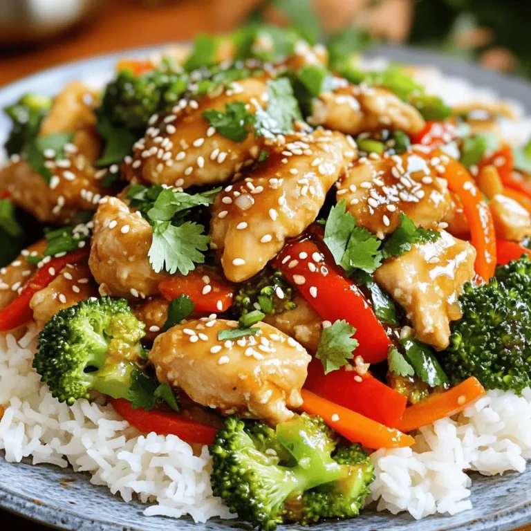 - 1 pound boneless, skinless chicken breast - 2 tablespoons honey - 3 tablespoons soy sauce - 2 cloves garlic, minced - 1 tablespoon ginger, minced - 1 bell pepper (red or yellow), sliced - 1 cup broccoli florets - 1 carrot, julienned - 2 tablespoons vegetable oil - 1 tablespoon sesame seeds (optional) - Salt and pepper to taste - Cooked rice or noodles for serving For this honey garlic chicken stir fry, using fresh ingredients is key. The chicken gives a great base for flavor. I prefer boneless and skinless chicken breast. It cooks quickly and stays moist. The sauce combines honey, soy sauce, garlic, and ginger. Each adds a unique taste. Honey brings sweetness, while soy sauce adds depth. Garlic and ginger give it that lovely aroma. Next, I add colorful veggies. Bell peppers bring crunch and sweetness. Broccoli adds a nice bite. Carrots give a sweet touch and a pop of color. Using vegetable oil is important for stir-frying. It has a high smoke point, which helps cook the chicken evenly. You can sprinkle sesame seeds on top if you want extra flavor and crunch. Serve the stir fry over cooked rice or noodles. This meal is not only quick but also packed with flavor and nutrition. To start, grab a bowl and whisk together these ingredients: - 2 tablespoons honey - 3 tablespoons soy sauce - 2 cloves garlic, minced - 1 tablespoon ginger, minced Mix until smooth. This sauce brings the sweet and savory taste that makes this dish shine. Next, heat 1 tablespoon of vegetable oil in a large skillet over medium-high heat. Add 1 pound of thinly sliced boneless, skinless chicken breast. Season it lightly with salt and pepper. Stir-fry the chicken for about 5 to 7 minutes. Cook until the chicken is golden brown and cooked through. Once it’s done, remove the chicken from the skillet and set it aside. Now, add the remaining tablespoon of vegetable oil to the skillet. Toss in the sliced bell pepper, 1 cup of broccoli florets, and 1 julienned carrot. Stir-fry these vegetables for about 3 to 4 minutes. You want them to be tender-crisp. After that, return the cooked chicken to the skillet. Pour the honey garlic sauce over everything. Stir well to coat all the ingredients. Cook for an additional 2 to 3 minutes. This step lets the sauce thicken slightly. Now you have a delicious honey garlic chicken stir fry ready to enjoy! To get the best stir fry, use high heat. This cooks the food quickly and keeps it juicy. If you cook on low heat, the chicken can turn tough. Also, avoid crowding the pan. If you add too much food, it will steam instead of fry. This can make the chicken and veggies soggy. Want to boost flavors? Add a splash of rice vinegar for a tang. Chili flakes can give a nice kick too. Fresh herbs like cilantro or green onions make great garnishes. They add color and freshness to your dish. Prep your ingredients before you cook. Slice the chicken and vegetables ahead of time. This makes the cooking process smooth and quick. Use a sharp knife and cutting board for speed. Having everything ready helps you focus on cooking. Also, keep your kitchen tools clean and organized. A tidy space makes cooking more fun! {{image_2}} You can switch up the protein in this dish. Try using shrimp, tofu, or beef instead of chicken. Each protein brings a unique taste and texture. Shrimp cooks quickly and adds a nice sweetness. Tofu soaks up the sauce, making it very tasty. Beef gives a hearty bite that many enjoy. Just remember to adjust cooking times for each protein. Feel free to get creative with your veggies. You can swap bell peppers for snap peas, zucchini, or mushrooms. Snap peas add a nice crunch and color. Zucchini cooks fast and adds a mild flavor. Mushrooms bring a rich taste, making your stir fry even better. Mix and match to find your favorite veggie combo. If you need a gluten-free version, it's easy to adapt. Use gluten-free soy sauce instead of regular soy sauce. Check labels on all sauces and ingredients to ensure they are gluten-free. Also, serve the stir fry over rice instead of noodles. This way, everyone can enjoy this tasty dish without worry. To keep your honey garlic chicken stir fry fresh, store it in an airtight container. Let it cool to room temperature before sealing. This helps prevent moisture buildup. Place it in the fridge for up to 3 days. For best flavor, try to eat it within two days. When reheating, I recommend using the stove. Place the stir fry in a skillet over medium heat. Stir it often to make sure it heats evenly. You can add a splash of water or broth to keep it moist. This way, your chicken stays tender, and the veggies keep their crunch. To freeze your stir fry, let it cool fully first. Then, transfer it to a freezer-safe bag or container. Remove as much air as possible to prevent freezer burn. You can freeze it for up to 3 months. When ready to eat, thaw it overnight in the fridge. Reheat it on the stove for the best texture. Yes, you can prepare this dish ahead of time. Cook the chicken and veggies, then store them in the fridge. Keep the sauce separate to add later. This helps keep everything fresh. You can store it in airtight containers. It stays good for 3 to 4 days. When ready to eat, just reheat everything and mix in the sauce. This dish pairs well with several sides. Here are some ideas: - Cooked white or brown rice - Noodles, such as lo mein or udon - Simple green salads for a fresh touch These sides absorb the sauce well and add to the meal. You can mix and match to suit your taste. Yes, this recipe is great for kids! To make it more kid-friendly, reduce the garlic if they prefer milder flavors. You can also cut veggies into fun shapes. Let them help with mixing the sauce. This makes cooking fun for them! Adjusting the spice level is easy, too. Just skip any extra spices if needed. Kids will love the sweet honey taste! This blog post covered how to make a tasty honey garlic chicken stir fry. We discussed the key ingredients, cooking steps, and shared helpful tips. You can swap proteins or veggies to fit your taste. Also, we reviewed smart storage methods for leftovers. Cooking should be fun and simple. With these easy steps, you can create a meal everyone will enjoy. Don't hesitate to experiment and make this dish your own!