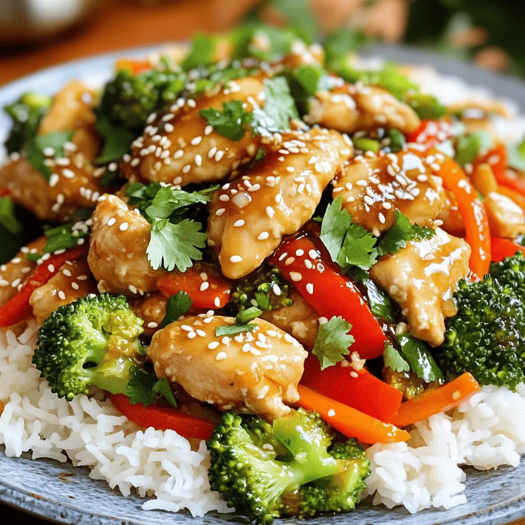 - 1 pound boneless, skinless chicken breast - 2 tablespoons honey - 3 tablespoons soy sauce - 2 cloves garlic, minced - 1 tablespoon ginger, minced - 1 bell pepper (red or yellow), sliced - 1 cup broccoli florets - 1 carrot, julienned - 2 tablespoons vegetable oil - 1 tablespoon sesame seeds (optional) - Salt and pepper to taste - Cooked rice or noodles for serving For this honey garlic chicken stir fry, using fresh ingredients is key. The chicken gives a great base for flavor. I prefer boneless and skinless chicken breast. It cooks quickly and stays moist. The sauce combines honey, soy sauce, garlic, and ginger. Each adds a unique taste. Honey brings sweetness, while soy sauce adds depth. Garlic and ginger give it that lovely aroma. Next, I add colorful veggies. Bell peppers bring crunch and sweetness. Broccoli adds a nice bite. Carrots give a sweet touch and a pop of color. Using vegetable oil is important for stir-frying. It has a high smoke point, which helps cook the chicken evenly. You can sprinkle sesame seeds on top if you want extra flavor and crunch. Serve the stir fry over cooked rice or noodles. This meal is not only quick but also packed with flavor and nutrition. To start, grab a bowl and whisk together these ingredients: - 2 tablespoons honey - 3 tablespoons soy sauce - 2 cloves garlic, minced - 1 tablespoon ginger, minced Mix until smooth. This sauce brings the sweet and savory taste that makes this dish shine. Next, heat 1 tablespoon of vegetable oil in a large skillet over medium-high heat. Add 1 pound of thinly sliced boneless, skinless chicken breast. Season it lightly with salt and pepper. Stir-fry the chicken for about 5 to 7 minutes. Cook until the chicken is golden brown and cooked through. Once it’s done, remove the chicken from the skillet and set it aside. Now, add the remaining tablespoon of vegetable oil to the skillet. Toss in the sliced bell pepper, 1 cup of broccoli florets, and 1 julienned carrot. Stir-fry these vegetables for about 3 to 4 minutes. You want them to be tender-crisp. After that, return the cooked chicken to the skillet. Pour the honey garlic sauce over everything. Stir well to coat all the ingredients. Cook for an additional 2 to 3 minutes. This step lets the sauce thicken slightly. Now you have a delicious honey garlic chicken stir fry ready to enjoy! To get the best stir fry, use high heat. This cooks the food quickly and keeps it juicy. If you cook on low heat, the chicken can turn tough. Also, avoid crowding the pan. If you add too much food, it will steam instead of fry. This can make the chicken and veggies soggy. Want to boost flavors? Add a splash of rice vinegar for a tang. Chili flakes can give a nice kick too. Fresh herbs like cilantro or green onions make great garnishes. They add color and freshness to your dish. Prep your ingredients before you cook. Slice the chicken and vegetables ahead of time. This makes the cooking process smooth and quick. Use a sharp knife and cutting board for speed. Having everything ready helps you focus on cooking. Also, keep your kitchen tools clean and organized. A tidy space makes cooking more fun! {{image_2}} You can switch up the protein in this dish. Try using shrimp, tofu, or beef instead of chicken. Each protein brings a unique taste and texture. Shrimp cooks quickly and adds a nice sweetness. Tofu soaks up the sauce, making it very tasty. Beef gives a hearty bite that many enjoy. Just remember to adjust cooking times for each protein. Feel free to get creative with your veggies. You can swap bell peppers for snap peas, zucchini, or mushrooms. Snap peas add a nice crunch and color. Zucchini cooks fast and adds a mild flavor. Mushrooms bring a rich taste, making your stir fry even better. Mix and match to find your favorite veggie combo. If you need a gluten-free version, it's easy to adapt. Use gluten-free soy sauce instead of regular soy sauce. Check labels on all sauces and ingredients to ensure they are gluten-free. Also, serve the stir fry over rice instead of noodles. This way, everyone can enjoy this tasty dish without worry. To keep your honey garlic chicken stir fry fresh, store it in an airtight container. Let it cool to room temperature before sealing. This helps prevent moisture buildup. Place it in the fridge for up to 3 days. For best flavor, try to eat it within two days. When reheating, I recommend using the stove. Place the stir fry in a skillet over medium heat. Stir it often to make sure it heats evenly. You can add a splash of water or broth to keep it moist. This way, your chicken stays tender, and the veggies keep their crunch. To freeze your stir fry, let it cool fully first. Then, transfer it to a freezer-safe bag or container. Remove as much air as possible to prevent freezer burn. You can freeze it for up to 3 months. When ready to eat, thaw it overnight in the fridge. Reheat it on the stove for the best texture. Yes, you can prepare this dish ahead of time. Cook the chicken and veggies, then store them in the fridge. Keep the sauce separate to add later. This helps keep everything fresh. You can store it in airtight containers. It stays good for 3 to 4 days. When ready to eat, just reheat everything and mix in the sauce. This dish pairs well with several sides. Here are some ideas: - Cooked white or brown rice - Noodles, such as lo mein or udon - Simple green salads for a fresh touch These sides absorb the sauce well and add to the meal. You can mix and match to suit your taste. Yes, this recipe is great for kids! To make it more kid-friendly, reduce the garlic if they prefer milder flavors. You can also cut veggies into fun shapes. Let them help with mixing the sauce. This makes cooking fun for them! Adjusting the spice level is easy, too. Just skip any extra spices if needed. Kids will love the sweet honey taste! This blog post covered how to make a tasty honey garlic chicken stir fry. We discussed the key ingredients, cooking steps, and shared helpful tips. You can swap proteins or veggies to fit your taste. Also, we reviewed smart storage methods for leftovers. Cooking should be fun and simple. With these easy steps, you can create a meal everyone will enjoy. Don't hesitate to experiment and make this dish your own!