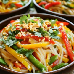 - 8 oz rice noodles - 1 tablespoon sesame oil - 1 bell pepper (red or yellow), thinly sliced - 1 carrot, julienned - 1 cup snap peas, trimmed - 2 green onions, chopped - 1 tablespoon ginger, minced - 2 cloves garlic, minced - ¼ cup peanut butter - 2 tablespoons soy sauce - 2 tablespoons honey or maple syrup - 1 tablespoon rice vinegar - 1 teaspoon sriracha (adjust to taste) - ¼ cup crushed peanuts (for garnish) - Fresh cilantro (for garnish) These ingredients create a blend of flavors that will excite your taste buds. The rice noodles serve as the base, soaking up all the yummy sauce. Sesame oil adds a nutty depth, while fresh veggies add crunch and color. - Crushed peanuts - Fresh cilantro - Extra sriracha Garnishes can elevate your dish. Crushed peanuts add crunch, and cilantro gives a fresh taste. A drizzle of sriracha adds heat for those who love spice. - Use whole wheat noodles instead of rice noodles for more fiber. - Swap sesame oil with olive oil if unavailable. - Almond butter can replace peanut butter for nut allergies. - Maple syrup can substitute honey for a vegan option. These substitutes keep your dish tasty and adaptable. You can enjoy sweet and spicy noodle bowls even if you lack some ingredients. To start, you need to cook the rice noodles. Boil water in a pot and add the noodles. Cook them according to the package directions. This usually takes about 4 to 6 minutes. Once they are soft, drain the noodles and rinse them under cold water. This helps stop the cooking process. Set them aside while you prepare the rest. Next, grab a large skillet or wok. Heat one tablespoon of sesame oil over medium heat. Once the oil is hot, add two cloves of minced garlic and one tablespoon of minced ginger. Sauté for about one minute. This releases a great aroma. Now, toss in your sliced bell pepper, julienned carrot, and snap peas. Stir-fry for about five minutes. You want the veggies to be soft but still crisp. Now, let’s make the sauce! In a small bowl, mix together ¼ cup of peanut butter, two tablespoons of soy sauce, two tablespoons of honey or maple syrup, one tablespoon of rice vinegar, and one teaspoon of sriracha. Whisk them until they are smooth. This sauce adds the sweet and spicy kick to your noodles. It’s time to bring everything together! Add the cooked rice noodles to the skillet with the sautéed veggies. Pour the peanut sauce over the noodles. Toss everything together for about two to three minutes. Make sure the noodles are well coated and heated through. Finally, stir in the chopped green onions before serving. Enjoy your colorful and tasty noodle bowls! To make your dish shine, balance sweetness and heat. Start with a base of peanut butter, soy sauce, and honey or maple syrup. Add sriracha for heat; adjust it to your taste. If it’s too sweet, add a splash of rice vinegar. If it’s too spicy, add more honey. Mix until you get a flavor you love. Keep vegetables bright and crisp. Use high heat when stir-frying. Start with garlic and ginger for flavor. Add harder veggies like carrots first, then softer ones like bell peppers and snap peas. Stir-fry for about five minutes. This keeps them tender but crisp. Don’t overcook them; you want a nice crunch. To keep your noodle bowls fresh, let them cool first. Store leftovers in an airtight container. They can stay in the fridge for up to three days. When reheating, add a splash of water. This keeps the noodles moist and tasty. Enjoy your sweet and spicy flavors again! {{image_2}} You can add protein to your noodle bowls for a heartier meal. Chicken works great. Simply cook diced chicken breast in the skillet until brown. For tofu lovers, use firm tofu. Cube it and sauté until golden. Shrimp is another tasty choice. Cook them until they turn pink. Each protein adds a different flavor. Feel free to change the veggies. If you don’t have snap peas, try broccoli or bok choy. Zucchini and mushrooms also work well. You can use frozen veggies, too. Just cook them a bit longer. Mixing veggies keeps the dish fresh and exciting. Want more heat? Add extra sriracha to the sauce. You can also sprinkle red pepper flakes for a kick. If you prefer mild flavors, cut back on the sriracha. A dash of honey can balance out the heat. Adjusting spice levels makes this dish friendly for everyone. To store your sweet and spicy noodle bowls, let them cool first. Place them in an airtight container. Make sure to cover them well to avoid drying out. These noodle bowls last up to 3 days in the fridge. Keep the garnishes, like peanuts and cilantro, separate until you're ready to eat. You can freeze these noodle bowls for longer storage. Use a freezer-safe container to keep them fresh. Avoid adding garnishes before freezing. They can get soggy. These noodle bowls can last up to 2 months in the freezer. When you're ready to eat, thaw them in the fridge overnight. To reheat, you can use a microwave or a skillet. If using a microwave, heat on medium for about 2-3 minutes. Stir halfway to ensure even heating. If using a skillet, add a splash of water and heat on low until warm. Add fresh garnishes before serving to keep it tasty! Yes, you can use other noodles. Rice noodles are great, but try egg noodles or whole wheat noodles. Each type gives a unique taste and texture. Just cook them according to the package directions. To add more heat, simply increase the sriracha. You can also add red pepper flakes. Another option is to include fresh chopped chilies in the sauce. Taste as you go to find your perfect heat level. To cook rice noodles, boil water and add the noodles. Let them soak for about 5 to 7 minutes. Stir to avoid sticking. Once soft, drain and rinse with cold water. This stops the cooking process and keeps them from clumping. Yes, you can easily make it vegan. Use maple syrup instead of honey. For the sauce, ensure your soy sauce is vegan-friendly. You can also swap peanut butter for almond butter if needed. Leftovers stay good for about 3 days. Store them in an airtight container in the fridge. Reheat gently in a pan or microwave. Add a splash of water for moisture if needed. You now have all the tools to make a tasty sweet and spicy noodle bowl. We covered key ingredients and how to cook rice noodles and sauté vegetables. You learned about perfecting flavors and different protein options. Storing leftovers properly keeps meals fresh for later. Remember, cooking is all about trying new flavors and having fun. Use this guide to create your own bowl masterpiece. Enjoy your cooking journey!