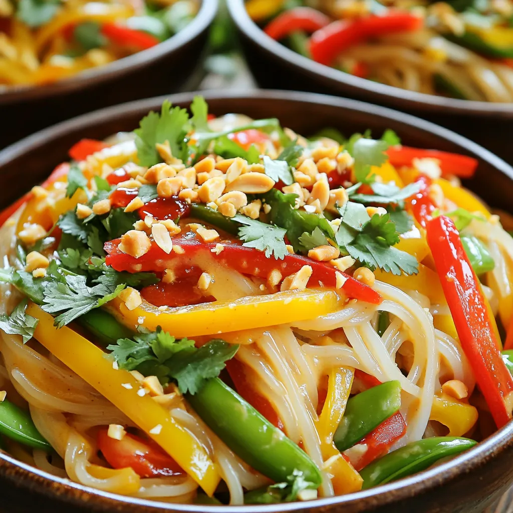 - 8 oz rice noodles - 1 tablespoon sesame oil - 1 bell pepper (red or yellow), thinly sliced - 1 carrot, julienned - 1 cup snap peas, trimmed - 2 green onions, chopped - 1 tablespoon ginger, minced - 2 cloves garlic, minced - ¼ cup peanut butter - 2 tablespoons soy sauce - 2 tablespoons honey or maple syrup - 1 tablespoon rice vinegar - 1 teaspoon sriracha (adjust to taste) - ¼ cup crushed peanuts (for garnish) - Fresh cilantro (for garnish) These ingredients create a blend of flavors that will excite your taste buds. The rice noodles serve as the base, soaking up all the yummy sauce. Sesame oil adds a nutty depth, while fresh veggies add crunch and color. - Crushed peanuts - Fresh cilantro - Extra sriracha Garnishes can elevate your dish. Crushed peanuts add crunch, and cilantro gives a fresh taste. A drizzle of sriracha adds heat for those who love spice. - Use whole wheat noodles instead of rice noodles for more fiber. - Swap sesame oil with olive oil if unavailable. - Almond butter can replace peanut butter for nut allergies. - Maple syrup can substitute honey for a vegan option. These substitutes keep your dish tasty and adaptable. You can enjoy sweet and spicy noodle bowls even if you lack some ingredients. To start, you need to cook the rice noodles. Boil water in a pot and add the noodles. Cook them according to the package directions. This usually takes about 4 to 6 minutes. Once they are soft, drain the noodles and rinse them under cold water. This helps stop the cooking process. Set them aside while you prepare the rest. Next, grab a large skillet or wok. Heat one tablespoon of sesame oil over medium heat. Once the oil is hot, add two cloves of minced garlic and one tablespoon of minced ginger. Sauté for about one minute. This releases a great aroma. Now, toss in your sliced bell pepper, julienned carrot, and snap peas. Stir-fry for about five minutes. You want the veggies to be soft but still crisp. Now, let’s make the sauce! In a small bowl, mix together ¼ cup of peanut butter, two tablespoons of soy sauce, two tablespoons of honey or maple syrup, one tablespoon of rice vinegar, and one teaspoon of sriracha. Whisk them until they are smooth. This sauce adds the sweet and spicy kick to your noodles. It’s time to bring everything together! Add the cooked rice noodles to the skillet with the sautéed veggies. Pour the peanut sauce over the noodles. Toss everything together for about two to three minutes. Make sure the noodles are well coated and heated through. Finally, stir in the chopped green onions before serving. Enjoy your colorful and tasty noodle bowls! To make your dish shine, balance sweetness and heat. Start with a base of peanut butter, soy sauce, and honey or maple syrup. Add sriracha for heat; adjust it to your taste. If it’s too sweet, add a splash of rice vinegar. If it’s too spicy, add more honey. Mix until you get a flavor you love. Keep vegetables bright and crisp. Use high heat when stir-frying. Start with garlic and ginger for flavor. Add harder veggies like carrots first, then softer ones like bell peppers and snap peas. Stir-fry for about five minutes. This keeps them tender but crisp. Don’t overcook them; you want a nice crunch. To keep your noodle bowls fresh, let them cool first. Store leftovers in an airtight container. They can stay in the fridge for up to three days. When reheating, add a splash of water. This keeps the noodles moist and tasty. Enjoy your sweet and spicy flavors again! {{image_2}} You can add protein to your noodle bowls for a heartier meal. Chicken works great. Simply cook diced chicken breast in the skillet until brown. For tofu lovers, use firm tofu. Cube it and sauté until golden. Shrimp is another tasty choice. Cook them until they turn pink. Each protein adds a different flavor. Feel free to change the veggies. If you don’t have snap peas, try broccoli or bok choy. Zucchini and mushrooms also work well. You can use frozen veggies, too. Just cook them a bit longer. Mixing veggies keeps the dish fresh and exciting. Want more heat? Add extra sriracha to the sauce. You can also sprinkle red pepper flakes for a kick. If you prefer mild flavors, cut back on the sriracha. A dash of honey can balance out the heat. Adjusting spice levels makes this dish friendly for everyone. To store your sweet and spicy noodle bowls, let them cool first. Place them in an airtight container. Make sure to cover them well to avoid drying out. These noodle bowls last up to 3 days in the fridge. Keep the garnishes, like peanuts and cilantro, separate until you're ready to eat. You can freeze these noodle bowls for longer storage. Use a freezer-safe container to keep them fresh. Avoid adding garnishes before freezing. They can get soggy. These noodle bowls can last up to 2 months in the freezer. When you're ready to eat, thaw them in the fridge overnight. To reheat, you can use a microwave or a skillet. If using a microwave, heat on medium for about 2-3 minutes. Stir halfway to ensure even heating. If using a skillet, add a splash of water and heat on low until warm. Add fresh garnishes before serving to keep it tasty! Yes, you can use other noodles. Rice noodles are great, but try egg noodles or whole wheat noodles. Each type gives a unique taste and texture. Just cook them according to the package directions. To add more heat, simply increase the sriracha. You can also add red pepper flakes. Another option is to include fresh chopped chilies in the sauce. Taste as you go to find your perfect heat level. To cook rice noodles, boil water and add the noodles. Let them soak for about 5 to 7 minutes. Stir to avoid sticking. Once soft, drain and rinse with cold water. This stops the cooking process and keeps them from clumping. Yes, you can easily make it vegan. Use maple syrup instead of honey. For the sauce, ensure your soy sauce is vegan-friendly. You can also swap peanut butter for almond butter if needed. Leftovers stay good for about 3 days. Store them in an airtight container in the fridge. Reheat gently in a pan or microwave. Add a splash of water for moisture if needed. You now have all the tools to make a tasty sweet and spicy noodle bowl. We covered key ingredients and how to cook rice noodles and sauté vegetables. You learned about perfecting flavors and different protein options. Storing leftovers properly keeps meals fresh for later. Remember, cooking is all about trying new flavors and having fun. Use this guide to create your own bowl masterpiece. Enjoy your cooking journey!