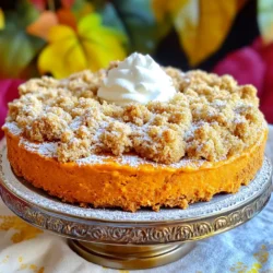 - 2 cups all-purpose flour - 1 teaspoon baking powder - 1 teaspoon baking soda - 1 teaspoon cinnamon - ½ teaspoon nutmeg - ½ teaspoon salt - 1 cup granulated sugar - ½ cup brown sugar, packed - 1 cup canned pumpkin puree - ½ cup vegetable oil - 3 large eggs - 1 teaspoon vanilla extract - 1 cup chopped walnuts (optional) - 1 cup crumb topping I use all-purpose flour for this cake. It gives the right texture. You can also use whole wheat flour for a healthier twist. I recommend regular granulated sugar for sweetness. Brown sugar adds moisture and a hint of caramel flavor. Both work great together. If you want to avoid gluten, use a gluten-free flour blend. This will keep the cake tasty. For a vegan option, replace eggs with flax eggs or applesauce. You can also swap vegetable oil with melted coconut oil. This adds a nice flavor, too. If you want a nut-free cake, simply skip the walnuts. How to Preheat the Oven Set your oven to 350°F (175°C). This temperature ensures your cake bakes evenly and rises well. Greasing the Baking Pan Use a 9x13-inch pan for this recipe. Coat the bottom and sides with vegetable oil or butter. This step helps the cake release easily after baking. In a large bowl, combine the dry ingredients. Sift together 2 cups of flour, 1 teaspoon of baking powder, and 1 teaspoon of baking soda. Add 1 teaspoon of cinnamon, ½ teaspoon of nutmeg, and ½ teaspoon of salt. Mixing well helps distribute the leavening agents evenly. In another bowl, whisk together the wet ingredients. Mix 1 cup of granulated sugar with ½ cup of brown sugar. Then add 1 cup of canned pumpkin puree, ½ cup of vegetable oil, 3 large eggs, and 1 teaspoon of vanilla extract. Whisk until the mixture is smooth and creamy. If you like nuts, fold in 1 cup of chopped walnuts. Use a spatula to gently mix them in. This adds a nice crunch and flavor to your cake. To make the crumb topping, combine 1 cup of flour with ½ cup of brown sugar. Then, add ½ cup of melted butter. Mix until it forms a crumbly texture. This topping adds a sweet, crunchy layer to your cake. Pour the batter into your greased pan. Spread it evenly across the bottom. Sprinkle the crumb topping over the batter. Bake in the oven for 35-40 minutes. Check for doneness by inserting a toothpick in the center. It should come out clean when the cake is ready. Once baked, let the cake cool in the pan for at least 10 minutes. This cooling period helps it set. For serving, slice it into squares. Dust with powdered sugar and add a dollop of whipped cream or a scoop of vanilla ice cream if you want. A sprinkle of cinnamon gives it an extra touch. Enjoy your delightful fall treat! To keep your pumpkin crumb cake moist, use canned pumpkin puree. This adds rich flavor and moisture. You can also add extra oil or a bit of yogurt to the batter. Each of these tricks helps keep your cake soft and tender. To boost the flavor, try adding spices like ginger or allspice. A teaspoon of vanilla extract adds depth. You can also mix in chocolate chips or dried cranberries for a sweet twist. These small changes can make a big difference in taste! One common mistake is overmixing the batter. Mix just until combined to avoid a tough cake. Make sure to check your oven temperature as well. An oven that is too hot can dry out your cake. Finally, don’t skip the toothpick test. If it comes out clean, your cake is ready! {{image_2}} You can switch nuts in this recipe for a fun twist. Try pecans or almonds instead of walnuts. Each nut brings a different flavor and crunch. You can also skip the nuts if you prefer a nut-free treat. For toppings, consider adding shredded coconut or seeds like sunflower for extra texture. If you need a gluten-free version, it’s easy to adapt this recipe. Use a gluten-free all-purpose flour blend instead of regular flour. Make sure the blend has xanthan gum to help with texture. The taste will still be great, and everyone can enjoy it! To change things up with seasonal flavors, add mix-ins like chocolate chips or dried cranberries. Chocolate chips add sweetness, while cranberries give a nice tartness. You can also fold in chopped apples or pears for a fruity twist. Don’t be afraid to get creative and make this cake your own! To keep your pumpkin crumb cake fresh, let it cool first. Place it in an airtight container. You can store it at room temperature for about three days. If you want to keep it longer, move it to the fridge. In the fridge, it lasts up to one week. Make sure to wrap it well to avoid drying out. If you want to freeze the cake, slice it first. This makes it easy to grab a piece later. Wrap each slice in plastic wrap tightly. Then, place the wrapped slices in a freezer-safe bag. You can freeze them for up to three months. When you are ready to enjoy, take a slice out and let it thaw in the fridge overnight. To reheat your pumpkin crumb cake, use the oven. Preheat it to 350°F (175°C). Place the cake on a baking sheet. Heat for about 10-15 minutes. You can also use the microwave. Heat individual slices on medium power for about 20-30 seconds. Enjoy your warm cake with a sprinkle of sugar or a scoop of ice cream! Yes, you can use fresh pumpkin. Start with a small pumpkin. Cut it in half, remove the seeds, and roast it until soft. After it cools, scoop out the flesh and puree it. Make sure to measure the same amount as the canned pumpkin, which is one cup. To check if the cake is done, insert a toothpick into the center. If it comes out clean, the cake is ready. It should also be slightly firm to the touch. If it’s still wet, bake it for a few more minutes. You can serve pumpkin crumb cake warm or at room temperature. Dust it with powdered sugar for a sweet touch. A dollop of whipped cream adds creaminess. You can also enjoy it with a scoop of vanilla ice cream. A sprinkle of cinnamon on top makes it look great! This blog post covered all you need to know to make a delicious pumpkin crumb cake. We explored the key ingredients, detailed step-by-step instructions, and shared tips for perfecting the cake. I also provided variations and storage methods to suit your needs. Remember, baking is about fun and creativity. Don’t hesitate to try new ingredients and flavors. Enjoy your baking adventure!