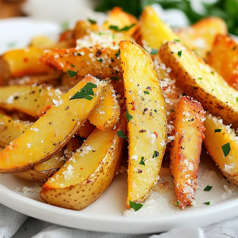 For these Garlic Parmesan Air Fryer Fries, you’ll need: - 4 large russet potatoes - 3 tablespoons olive oil - 4 cloves garlic, minced - 1 teaspoon garlic powder - ½ teaspoon paprika - ½ cup grated Parmesan cheese - Salt and pepper to taste - Fresh parsley for garnish These ingredients create a tasty, crispy snack. The russet potatoes are the best choice for fries. Their high starch content gives a nice crispness. Olive oil helps the fries cook evenly and adds flavor. Garlic is the star here. It brings a strong and bold taste. Minced garlic and garlic powder work together for extra depth. Paprika adds a touch of warmth and color. Parmesan cheese is a must. It melts beautifully and adds a savory kick. The salt and pepper balance the flavors perfectly. Finally, fresh parsley adds a pop of color and freshness to your fries. Gather these ingredients, and you are ready to make a delicious snack! {{ingredient_image_1}} - Soak fries in cold water for at least 30 minutes. - This step removes extra starch. It helps the fries crisp up better. - After soaking, drain the fries. - Use a clean kitchen towel to dry the fries. - Make sure they are not wet. Dry fries become crispier when cooked. - In a large bowl, add the dried fries. - Pour in 3 tablespoons of olive oil. - Add 4 cloves of minced garlic and 1 teaspoon of garlic powder. - Sprinkle in ½ teaspoon of paprika, salt, and pepper to taste. - Toss everything together until the fries are well-coated. - Each fry should have a nice layer of seasoning. - Preheat your air fryer to 400°F (200°C). - Place the seasoned fries in the basket. - Make sure they are in a single layer. This helps them cook evenly. - Air fry the fries for 15-20 minutes. - Halfway through, shake the basket gently. - This ensures all sides get crispy. - Once done, the fries should be golden brown and crunchy. - Remove them and sprinkle ½ cup of grated Parmesan cheese on top. - Toss the fries gently to coat them in the melted cheese. - Lastly, garnish with fresh parsley before serving. To get the best crispy fries, soaking them in cold water is key. This step removes extra starch. Less starch means more crunch. Soak your fries for at least 30 minutes. After soaking, drain them well and dry them using a kitchen towel. This helps to get rid of any moisture. Even spacing in the air fryer basket is also important. Place the fries in a single layer. If you crowd the basket, they will steam instead of fry. Give them room to breathe. Shaking the basket halfway through cooking helps too. This ensures all sides get nice and crispy. Want to kick up the flavor? Try adding some extra seasonings. You can use a pinch of cayenne for heat or some onion powder for depth. Both of these add a new layer of taste to your fries. Using fresh herbs can also make a big difference. Add chopped rosemary or thyme to the mix. These herbs give a fresh, vibrant taste that pairs well with garlic and Parmesan. Be creative! Mix and match to find your favorite flavor blend. Pro Tips Soak for Crispiness: Soaking the fries in cold water removes excess starch, leading to a crispier texture when cooked. Dry Thoroughly: Patting the fries dry after soaking is crucial to avoid sogginess and ensure they crisp up nicely in the air fryer. Don't Overcrowd: Arrange the fries in a single layer in the air fryer basket. Overcrowding can prevent them from cooking evenly. Cheese at the Right Time: Sprinkle Parmesan cheese immediately after removing the fries from the air fryer to ensure it melts perfectly and coats the fries evenly. {{image_2}} You can switch out the Parmesan cheese if you want. Cheddar gives a sharp flavor. Mozzarella melts nicely and adds creaminess. Both options bring something special to the fries. Try them out for a fun twist! If you like heat, add chili flakes or hot sauce. This gives your fries a kick. Mix in a teaspoon of chili flakes when you add the other seasonings. You can also drizzle hot sauce on top after cooking. This spicy twist pairs well with the garlic and cheese. Fresh herbs can change the flavor profile of your fries. Try adding rosemary or thyme for a fragrant touch. Chop a tablespoon of fresh herbs and mix them in with the fries. The herbs add depth and make the dish feel more gourmet. To keep your Garlic Parmesan Air Fryer Fries fresh, store them in an airtight container. Make sure the fries have cooled down before sealing the container. This helps prevent moisture buildup. Place them in the fridge if you plan to eat them within a few days. They taste best when eaten fresh, but stored fries will last for about three days in the refrigerator. To reheat your fries and keep them crispy, use the air fryer. Set it to 350°F (175°C). Place the fries in the basket in a single layer. Heat them for about 5-7 minutes. This method revives the crispiness that makes them so good. If you don’t have an air fryer, you can use an oven. Spread the fries on a baking sheet and heat at 400°F (200°C) for 10-12 minutes. Enjoy your tasty snack again! Yes, you can use other types of potatoes. Here are some good options: - Yukon Gold potatoes: They have a creamy texture and work well in fries. - Sweet potatoes: They add a hint of sweetness and are nutritious. - Red potatoes: They are waxy and can give a different texture. Each type will change the flavor and texture slightly, but they should all fry nicely. If you want to skip garlic, try these ideas: - Use onion powder instead for a different flavor. - Add some Italian seasoning for a herby taste. - Sprinkle some smoked paprika for a smoky kick. These options will still give your fries a tasty twist. These fries pair well with many meals and dips: - Serve with burgers or sandwiches for a classic combo. - Try dipping them in ketchup, ranch, or aioli. - Pair with a fresh salad for a balanced meal. These fries are versatile and can complement many dishes. Garlic Parmesan air fryer fries are easy and fun to make. You first prep the potatoes and mix them with tasty seasonings. Then, air fry them to a perfect crunch. Remember to soak the fries for the best texture. Feel free to try different cheeses or spices for unique flavors. These fries are perfect for any meal or snack. You can store and reheat them to keep them crispy. Enjoy your fries and share them with friends. You’ll impress everyone with this simple recipe!