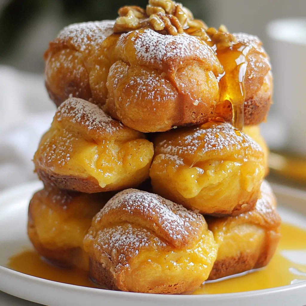 To make Pumpkin Spice Pull Apart Bread, you need: - 3 cups all-purpose flour - 2 teaspoons baking powder - 1 teaspoon baking soda - 1 teaspoon salt - 1 teaspoon ground cinnamon - 1/2 teaspoon ground nutmeg - 1/2 teaspoon ground ginger - 1/2 cup granulated sugar - 1 cup pumpkin puree (canned or homemade) - 1/2 cup milk - 1/4 cup unsalted butter, melted - 1 large egg - 1 teaspoon vanilla extract - 1/2 cup brown sugar, packed - 1 teaspoon pumpkin pie spice - 1/2 cup chopped walnuts (optional) You can add a few fun ingredients to change things up. Consider: - 1/2 cup chocolate chips for a sweet surprise - 1/2 cup dried cranberries for a fruity touch - 1 teaspoon of orange zest for a citrusy flavor To make this recipe, gather these tools: - A large mixing bowl - A whisk - A small bowl for mixing spices - A 9x5 inch loaf pan - Parchment paper (optional, for easy removal) - A wire rack for cooling - Measuring cups and spoons These ingredients and tools will help you create a delightful Pumpkin Spice Pull Apart Bread. Enjoy the process! {{ingredient_image_1}} Start by preheating your oven to 350°F (175°C). Grease a 9x5 inch loaf pan or line it with parchment paper. In a large bowl, whisk together 3 cups of all-purpose flour, 2 teaspoons of baking powder, 1 teaspoon of baking soda, 1 teaspoon of salt, 1 teaspoon of ground cinnamon, 1/2 teaspoon of ground nutmeg, and 1/2 teaspoon of ground ginger. Add 1/2 cup of granulated sugar to this mix. This blend gives the bread its warm, fall flavors. In another bowl, combine 1 cup of pumpkin puree, 1/2 cup of milk, 1/4 cup of melted unsalted butter, 1 large egg, and 1 teaspoon of vanilla extract. Stir this mixture until it is smooth. Gradually pour the wet mix into the dry mix. Stir gently until just combined. Over-mixing can make the dough tough, so be careful here. Now it’s time to shape the dough. Take a portion of the dough and divide it into small pieces, about 1-2 inches each. Roll each piece into a ball. In a small bowl, mix together 1/2 cup of packed brown sugar and 1 teaspoon of pumpkin pie spice. In your prepared loaf pan, layer the dough balls. Sprinkle some of the brown sugar and spice mixture between the layers. If you want a bit of crunch, add 1/2 cup of chopped walnuts between some layers. Once all the dough balls are in the pan, sprinkle any remaining brown sugar mix on top. Place the loaf pan in your preheated oven. Bake for 30-35 minutes. The top should be golden brown, and a toothpick should come out clean when inserted into the center. Once done, let the bread cool in the pan for about 10 minutes. After that, transfer it to a wire rack to cool completely. This process gives you a warm, inviting loaf that is perfect for fall. Enjoy pulling apart each piece, filled with that delightful pumpkin spice flavor! One common mistake is over-mixing the dough. This can make the bread tough. Mix just until the flour disappears. Another mistake is not measuring ingredients accurately. Use dry measuring cups for flour and sugar. Too much flour can dry out your bread. Lastly, avoid opening the oven door too soon. This can cause the bread to collapse. To get a soft and fluffy texture, use room temperature milk and butter. This helps the dough come together better. Also, let the dough balls rise slightly in the pan before baking. This gives the bread a nice lift. Make sure to keep an eye on the baking time. If it browns too quickly, cover it with foil. Serve your Pumpkin Spice Pull Apart Bread warm for the best flavor. It pairs well with a hot drink like coffee or tea. I love to dust it with powdered sugar for a sweet touch. You can also drizzle some maple syrup on top for extra sweetness. For a fun twist, add whipped cream or cream cheese frosting as a dip. Enjoy this treat with friends or family for a cozy fall gathering! Pro Tips Use Fresh Spices: For the most vibrant flavor, use fresh ground spices instead of pre-ground spices. This will elevate the pumpkin spice taste in your bread. Don’t Over-Mix: When combining wet and dry ingredients, mix until just combined. Over-mixing can lead to a dense bread rather than a light and fluffy texture. Test for Doneness: Always use a toothpick to check if your bread is done. Insert it into the center; if it comes out clean, your bread is ready! Storage Tips: Store your pull-apart bread in an airtight container at room temperature for up to 3 days. For longer storage, freeze it wrapped tightly in plastic wrap. {{image_2}} You can mix up the flavor of your Pumpkin Spice Pull Apart Bread. Here are some ideas: - Chocolate Chips: Add 1/2 cup of chocolate chips for a sweet twist. - Cranberries: Toss in 1/2 cup of dried cranberries for a tart kick. - Orange Zest: Add 1 tablespoon of orange zest for a fresh burst of flavor. - Maple Extract: Swap vanilla extract for maple extract to enhance the fall taste. Each change brings a new joy to this bread. You can make this bread gluten-free and dairy-free with some simple swaps: - Flour: Use a gluten-free all-purpose flour blend in place of regular flour. - Milk: Substitute cow's milk with almond milk or oat milk. - Butter: Replace unsalted butter with coconut oil or a dairy-free margarine. These changes still give you a delicious treat, perfect for everyone. When the fall season hits, look for seasonal ingredients to add: - Apples: Dice up some fresh apples and layer them in for sweetness. - Pecans: Swap walnuts for pecans for a different nutty flavor. - Pumpkin Seeds: Sprinkle pumpkin seeds on top for extra crunch and texture. - Spices: Experiment with other fall spices like allspice or cardamom for unique tastes. Using seasonal ingredients can make your pull-apart bread even more special. Enjoy creating your own unique version! To keep your leftover pumpkin spice pull-apart bread fresh, wrap it tightly in plastic wrap. Place it in an airtight container or a resealable bag. This method helps to keep moisture in and prevent it from drying out. Store it at room temperature for up to three days. If you want it to last longer, consider freezing it. To freeze your bread, let it cool completely first. Once cooled, wrap it well in plastic wrap. You can then place it in a freezer-safe bag. Squeeze out as much air as possible. The bread will stay fresh in the freezer for up to three months. When you’re ready to enjoy it, just thaw it at room temperature or overnight in the fridge. When you're ready to eat your leftover bread, reheating is easy. Preheat your oven to 350°F (175°C). Remove the bread from its wrapping and place it on a baking sheet. Heat it for about 10-15 minutes. This warms it through and brings back that soft texture. You can also microwave individual pieces for about 20-30 seconds. Enjoy it warm for the best flavor! Pumpkin Spice Pull Apart Bread stays fresh for about 3 to 5 days. Store it in an airtight container at room temperature. If you want it to last longer, keep it in the fridge for up to a week. You can also freeze it for up to 3 months. Just wrap it well in plastic wrap and then in foil. When you want to eat it, thaw it overnight in the fridge. Yes, you can use fresh pumpkin instead of canned. Just cook the pumpkin first. Bake or steam it until soft, then puree it. Make sure the puree is smooth and not too watery. This can give your bread a fresher taste. However, canned pumpkin is convenient and still works great. Pumpkin Spice Pull Apart Bread is great on its own, but you can pair it with several things. Here are some ideas: - A drizzle of maple syrup adds sweetness. - Cream cheese or butter spreads nicely on warm pieces. - Serve it with coffee or chai tea for a cozy treat. - Add a side of whipped cream for a dessert vibe. These pairings enhance the flavors and make it more enjoyable. This blog post covered how to make Pumpkin Spice Pull Apart Bread. We discussed key ingredients, included tips for perfect texture, and shared storage methods. You can easily customize this recipe with different flavors or dietary swaps. Remember to avoid common mistakes for the best results. With the right approach, you will impress everyone with your baking skills. Enjoy every bite of this warm, spiced treat!