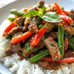 - 1 lb beef sirloin, thinly sliced - 2 cups fresh basil leaves - 3 cloves garlic, minced - 2 tablespoons soy sauce - 1 tablespoon fish sauce - 1 tablespoon oyster sauce - 1 teaspoon sugar - 1 teaspoon chili flakes - Cooked jasmine rice When I make Thai Basil Beef Stir Fry, I gather the right ingredients first. The star of the dish is beef sirloin. I love using thin slices for a quick cook. Fresh basil leaves add a lovely aroma and flavor. Garlic brings a nice punch to the mix. Next, I prepare the sauce. Soy sauce, fish sauce, oyster sauce, and sugar create a rich taste. This sauce makes the dish shine. For garnishes, I often use chili flakes for heat. Cooked jasmine rice is a perfect base to soak up the sauce. It turns a simple meal into something special. {{ingredient_image_1}} To mix the sauce, grab a small bowl. Add 2 tablespoons of soy sauce, 1 tablespoon of fish sauce, 1 tablespoon of oyster sauce, and 1 teaspoon of sugar. Stir until everything blends well. This sauce adds depth and umami to your dish. For perfect stir-frying, use thinly sliced beef sirloin. Heat 1 tablespoon of vegetable oil in a large wok or skillet over medium-high heat. Add the beef and cook for 2-3 minutes until it's browned. Keep the beef moving in the pan to avoid burning. Once cooked, remove it from the pan and set it aside. Timing is key when sautéing vegetables. After removing the beef, add 3 minced garlic cloves to the hot wok. Stir for about 30 seconds until it smells great. Next, add 1 sliced red bell pepper and 1 cup of trimmed green beans. Cook these for 2-3 minutes, just until they start to soften. Now, return the cooked beef to the wok. Pour the sauce you mixed earlier over the beef and veggies. Sprinkle in chili flakes based on your heat preference. Stir everything together for about 2 minutes, ensuring the sauce coats all the ingredients evenly. To finish, remove the wok from heat. Add 2 cups of fresh basil leaves and stir them in. The heat will wilt the basil and release its lovely aroma. This step brings your Thai Basil Beef Stir Fry to life. The best cuts for stir fry are thin and tender. I recommend using beef sirloin. It cooks quickly and has great flavor. Flank steak is another good choice. It is also tender when sliced thinly against the grain. Avoid tough cuts like chuck. They take longer to cook and won’t be as soft. To modify chili flakes, start small. Add one teaspoon of chili flakes to the stir fry. If you like more heat, add more flakes. Remember, you can always add heat, but you cannot take it away. Taste as you go. This way, you find the right spice level for you. You can enhance the flavor with a few extra seasonings. Consider adding a splash of lime juice for brightness. Fresh ginger adds a nice zing too. If you like a bit of sweetness, add a little more sugar. You can also try adding chopped scallions or a dash of sesame oil at the end for extra flavor. These simple tweaks can make your dish even better! Pro Tips Choose the Right Cut: For the best texture and flavor, use a tender cut of beef like sirloin or flank steak, sliced thinly against the grain. Prep Ingredients Ahead: To ensure a quick cooking process, prepare and chop all your ingredients before starting to stir fry. Control the Heat: Adjust the amount of chili flakes based on your heat preference—start with less and add more if desired. Fresh Basil Matters: Use fresh Thai basil if possible, as it provides a unique flavor that dried basil cannot replicate. {{image_2}} If you want to switch up the protein, chicken, pork, or tofu work well. For chicken, use boneless thighs or breasts. Slice them thin just like the beef. Cook them the same way. Pork shoulder also adds a nice flavor. Slice it thin, and use the same cooking time. Tofu gives a great option for vegetarians. Firm tofu holds its shape well. Press it to remove moisture, then cube it before adding it to the stir fry. You can mix in other vegetables to make it colorful and tasty. Try adding broccoli, snap peas, or carrots. These will add crunch and more nutrients. For a bit of sweetness, add sliced bell peppers. You can even use mushrooms for an earthy flavor. Just remember to cook the veggies till they are tender but still crisp. If you need a gluten-free option, there are easy swaps. Use tamari instead of soy sauce. It has a similar taste but is gluten-free. Check your fish sauce and oyster sauce, as some brands may contain gluten. Always read the labels. Serve it over rice or quinoa instead of noodles for a lighter meal. With these swaps, everyone can enjoy this dish! You can store leftovers for up to three days in the fridge. Place the stir fry in an airtight container to keep it fresh. Make sure it cools down to room temperature before sealing it. This helps avoid moisture build-up, which can spoil the food. If you want to freeze your Thai Basil Beef Stir Fry, it’s best to do so within one day of cooking. Use a freezer-safe container or bag. Remove as much air as possible before sealing. This will prevent freezer burn. You can freeze it for up to three months. Just remember, the texture may change after thawing. To reheat, use the stove for the best flavor. Heat a pan over medium heat. Add a splash of water or broth to keep it moist. Stir gently until warmed through. If you prefer the microwave, use a microwave-safe dish. Cover it loosely to avoid splatters. Heat in short bursts, stirring in between, until hot. Enjoy your meal without losing its tasty flavor! Thai basil is a type of basil with a distinct flavor. It has a hint of spice and anise. The leaves are darker and smaller than regular basil. This herb grows well in warm climates. Its unique taste shines in Thai dishes, making it a key ingredient in many recipes. Differences Between Thai Basil and Regular Basil Regular basil has a sweet and mild flavor. In contrast, Thai basil offers a peppery and aromatic taste. The leaves of Thai basil are also more sturdy. This makes them perfect for stir-fries. The two types of basil are not interchangeable in recipes. Using the right basil enhances the dish's flavor. You can use dried basil, but fresh is best. Dried basil lacks the vibrant taste of fresh. It also does not provide the same texture. Fresh basil adds a bright, fragrant finish to your meal. If using dried, use less than fresh, about one-third of the amount. Impact on Flavor and Texture Dried basil cannot mimic the crunch and aroma of fresh basil. Your dish may taste flat without the fresh herb's zest. If you want the best flavor, always choose fresh. Yes, this recipe is quite healthy. It includes lean beef and lots of vegetables. The mix of bell peppers and green beans adds vitamins. Fresh basil also has many health benefits. Nutritional Information and Benefits - Beef provides protein and iron. - Bell peppers are high in Vitamin C. - Green beans offer fiber and nutrients. - Soy sauce adds flavor but watch the sodium content. This dish is balanced and satisfying, making it a great choice for a weeknight dinner. This blog post covered how to make a delicious Thai basil beef stir fry. We explored the main ingredients like beef, fresh basil, and garlic. You learned to prepare the sauce, stir-fry the beef, and sauté the vegetables for the best flavor. We also discussed tips for choosing the right beef, adjusting spice levels, and adding your own twists. Don’t forget to store leftovers properly and reheat them to keep the taste strong. Now, you can enjoy this dish your way, making it a family favorite. Happy cooking!