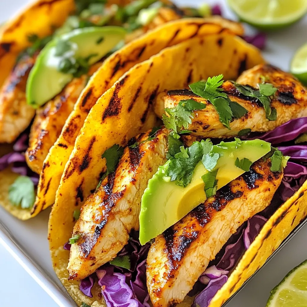 - 1 lb chicken breast, boneless and skinless - 2 tablespoons chili powder - 1 teaspoon cumin - 1 teaspoon paprika - 2 limes (one for juice, one for wedges) - 3 tablespoons olive oil - 1 teaspoon garlic powder - Salt and pepper to taste - 8 small corn tortillas - 1 avocado, sliced - 1 cup red cabbage, shredded - Fresh cilantro, for garnish - Salsa of your choice, for serving When I make Chili Lime Grilled Chicken Tacos, I focus on fresh, quality ingredients. The chicken breast is essential. It cooks well and soaks up flavors. For the marinade, I use spices like chili powder, cumin, and paprika. These spices add a wonderful kick. Lime juice brightens the dish with its zing. Olive oil keeps the chicken moist. I also love adding garlic powder for extra depth. Next, the toppings bring the dish to life. Sliced avocado adds creaminess, while shredded red cabbage adds crunch. Fresh cilantro gives a burst of freshness. Salsa is a must! It adds flavor and heat, making each bite exciting. - Corn tortillas - Avocado and red cabbage - Salsa options I always choose small corn tortillas for my tacos. They have a lovely texture and flavor. I warm them up on the grill for a perfect char. For toppings, I recommend sliced avocado and red cabbage. They balance the spice of the chicken well. Salsa options can vary. You can use mild, medium, or hot, depending on your taste. - Fresh cilantro - Lime wedges For garnishes, fresh cilantro is my favorite. It adds a bright note that lifts the dish. Lime wedges are also a great touch. A squeeze of lime before eating enhances the flavor. Both garnishes make the tacos look vibrant too! {{ingredient_image_1}} To make the marinade, start by whisking together the spices. Use 2 tablespoons of chili powder, 1 teaspoon of cumin, 1 teaspoon of paprika, and 1 teaspoon of garlic powder. Mix these with salt and pepper to taste. Next, squeeze the juice from one lime into the bowl. Add 3 tablespoons of olive oil. Whisk everything until it blends well. After making the marinade, add 1 pound of boneless, skinless chicken breast. Make sure each piece is well-coated with the marinade. Cover the bowl and let it sit in the fridge. For the best flavor, marinate for at least 30 minutes, but you can go for up to 2 hours. If you have leftovers, store them in a sealed container in the fridge. Before grilling, preheat your grill to medium-high heat. Once it’s hot, take the chicken out of the marinade and place it on the grill. Discard any leftover marinade. Grill the chicken for about 5 to 7 minutes on each side. The chicken should reach an internal temperature of 165°F or 75°C to be safe to eat. After grilling, let the chicken rest for 5 minutes. Then slice it into thin strips. While the chicken rests, warm 8 small corn tortillas on the grill for about 30 seconds on each side. To build your tacos, layer the chicken strips on each tortilla. Add shredded red cabbage, sliced avocado, and fresh cilantro on top. Serve your tacos with lime wedges and your choice of salsa. - To get perfect grill marks, heat your grill well. - Place the chicken on the grill and do not move it for a few minutes. - Flip it gently after 5-7 minutes to keep those marks. - If the grill is too hot, the chicken may burn. - To avoid dry chicken, marinate it well before grilling. - Let the chicken rest after grilling to keep juices inside. - You can adjust the spice by adding more chili powder for heat. - Try adding a touch of cumin or smoked paprika for depth. - Consider toppings like diced tomatoes or pickled onions for extra flavor. - Fresh jalapeños add a nice kick if you like it spicy. - Serve your tacos with a side of black beans or corn salad. - Rice is also a great choice for a filling meal. - Pair your tacos with a light beer or a refreshing margarita. - Fresh limeade or iced tea can also complement the flavors well. Pro Tips Marinate for Maximum Flavor: For the best flavor, marinate the chicken for at least 2 hours. This allows the spices to penetrate the meat deeply, enhancing the overall taste. Check the Grill Temperature: Ensure your grill is preheated to medium-high heat before adding the chicken. This helps achieve those perfect grill marks and prevents sticking. Rest the Chicken: Let the grilled chicken rest for at least 5 minutes before slicing. This allows the juices to redistribute, keeping the meat moist and tender. Warm Tortillas Properly: Warm the corn tortillas just enough to make them pliable. Overheating can make them brittle. A quick 30 seconds on each side on the grill does the trick. {{image_2}} You can switch the chicken for other proteins. Beef or shrimp makes great tacos, too. Just adjust the cooking time. For beef, use flank steak and grill it for 3-4 minutes per side. Shrimp cooks fast; grill for just 2-3 minutes per side. For a vegetarian twist, try marinated tofu or black beans. Both options still bring great flavor. Spice up your tacos with different flavors. If you like more heat, add cayenne pepper or chipotle powder. For a milder taste, reduce the chili powder. You can also play with herbs. Cilantro adds freshness, while oregano gives it a new twist. Try different combinations to find your favorite mix. Choose between soft and hard shell tacos. Soft corn tortillas are traditional and easy to fold. Hard shells add a nice crunch and stay upright. Want something different? Serve the chicken on a bed of greens for a taco salad. You can even make a bowl with rice or quinoa for a hearty meal. To store leftover chicken and toppings, follow these steps: - Let the chicken cool to room temperature. - Place it in an airtight container. - Keep the chicken separate from toppings like cabbage and avocado. - Store in the fridge for up to 3 days. For reheating, use a microwave or skillet. Heat the chicken only until warm to avoid drying it out. To freeze grilled chicken, do this: - Once cooled, slice the chicken into strips. - Place it in a freezer bag and remove excess air. - Label the bag with the date and freeze for up to 3 months. To maintain flavor, thaw the chicken in the fridge overnight before reheating. The chicken stays fresh in the fridge for about 3 days. Cooked chicken can last in the freezer for around 3 months. Signs of spoilage include: - An off smell. - A slimy texture. - A change in color. If you notice any of these signs, discard the chicken to stay safe. To check if the chicken is done, use a meat thermometer. The internal temperature should reach 165°F or 75°C. If you don’t have a thermometer, cut into the chicken. The meat should be white with no pink inside. Another clue is the juices. They should run clear when the chicken is cooked. Yes, you can make the marinade ahead of time. Store it in a sealed container in the fridge for up to three days. This saves you time on busy days. When marinating, give the chicken at least 30 minutes to soak up the flavors. You can let it marinate for up to two hours for a deeper taste. Consider serving your tacos with these sides: - Mexican rice - Black beans - Grilled corn For drinks, I suggest: - A light beer - Fresh lemonade - Sparkling water with lime You now have all the tools to make tasty Chili Lime Grilled Chicken Tacos. We covered the ingredients, from chicken and spices to fresh toppings. You learned step-by-step how to marinate and grill your chicken to perfection. We shared tips to improve flavor and ideas for your taco variations. Remember to store leftovers properly and enjoy them later. Trust your skills in the kitchen, and you’ll impress everyone. Get ready to savor your delicious creation!