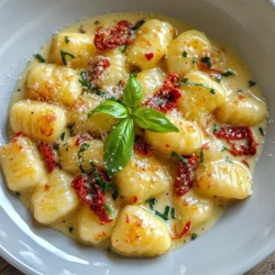 To make Creamy Sun-Dried Tomato Gnocchi, you need a few simple ingredients. Here’s what you will need: - 1 pound (450g) potato gnocchi - 1 cup (240ml) heavy cream - 1/2 cup (120g) sun-dried tomatoes, chopped - 1/2 cup (50g) grated Parmesan cheese - 2 cloves garlic, minced - 1 tablespoon olive oil - 1 teaspoon dried basil - Salt and pepper to taste - Fresh basil leaves, for garnish (optional) These ingredients work together to create a rich and creamy sauce that brings out the best in the gnocchi. The potato gnocchi acts as a soft base, while the heavy cream adds a lush texture. Sun-dried tomatoes give a burst of flavor, and Parmesan cheese adds depth. Garlic enhances the taste, making this dish truly special. Using fresh basil as a garnish brightens the dish and adds a pop of color. You can find these ingredients at your local grocery store or specialty market. Make sure to choose high-quality sun-dried tomatoes for the best flavor. This dish is not just easy to make; it is also a delightful meal that can impress anyone at your table. {{ingredient_image_1}} - Boiling Water Method: Start by filling a large pot with water. Add a generous pinch of salt. Bring the water to a rolling boil. - Cooking Time: Once boiling, add the gnocchi. They will sink at first. After 2-3 minutes, they will float to the top. This means they are done! Drain them and set aside. - Sautéing Garlic and Tomatoes: In a large skillet, heat 1 tablespoon of olive oil over medium heat. Add 2 minced garlic cloves. Sauté them for about 1-2 minutes. Be careful not to let them burn. Then, add 1/2 cup of chopped sun-dried tomatoes. Cook for another 2-3 minutes until fragrant. - Adding Cream and Cheese: Pour in 1 cup of heavy cream. Stir well and let it come to a gentle simmer. Cook for about 5 minutes. This helps the sauce thicken. Finally, mix in 1/2 cup of grated Parmesan cheese. Stir until it melts and becomes creamy. - Folding Techniques: Gently fold the cooked gnocchi into the sauce. Use a spatula to coat each piece well. Be careful not to break the gnocchi. - Final Cooking Steps: Let the gnocchi cook in the sauce for an additional minute. This heats them through. Then, remove from heat and serve immediately. You can garnish with fresh basil leaves if you like. To get the right creamy texture, you need to balance thickness. A thick sauce coats the gnocchi well. A thin sauce may not cling enough. If your sauce is too thick, add a splash of pasta water. If it’s too thin, simmer it longer to reduce. For cream, I recommend heavy cream. It adds rich flavor and smoothness. You can use half-and-half, but it won’t be as creamy. Always stir the cream in slowly. This helps it blend well with the sauce. Herbs can elevate your dish. Fresh basil works great, but you can use parsley too. Adding a pinch of red pepper flakes gives a nice kick. For a milder flavor, use black pepper instead. Aim for balance, so the herbs enhance, not overpower, the taste. A lovely garnish makes your dish pop. Fresh basil leaves add color and freshness. You can also sprinkle extra Parmesan on top. Serve in a shallow bowl to show off the creamy sauce. Pair it with garlic bread or a light salad for a complete meal. Pro Tips Quality Ingredients: Use high-quality sun-dried tomatoes and fresh Parmesan cheese for the best flavor and creaminess in your sauce. Cooking Gnocchi: Make sure the water is at a rolling boil before adding the gnocchi to ensure they cook evenly and rise to the top perfectly. Adjusting Consistency: If the sauce is too thick, you can add a splash of pasta cooking water to achieve your desired consistency. Herb Variations: Feel free to experiment with different herbs like thyme or oregano for a unique twist on the flavor profile. {{image_2}} Chicken Options You can easily add chicken to your creamy sun-dried tomato gnocchi. Grilled or sautéed chicken breast works best. Cut it into bite-sized pieces and mix it in at the end. It adds a nice texture and flavor. Sausage Alternatives For a heartier meal, try sausage. Use Italian or chicken sausage for a boost of flavor. Cook the sausage first until browned, then add the sun-dried tomatoes and cream. This choice gives a spicy kick and complements the creamy sauce well. Spinach or Kale Additions Adding greens like spinach or kale makes the dish healthier. Toss in a few handfuls right before you finish cooking. They wilt quickly and add color. Plus, they pair nicely with the creamy sauce. Other Seasonal Vegetables Feel free to use seasonal veggies. Zucchini, bell peppers, or cherry tomatoes work great. Sauté them with the garlic for extra flavor. This keeps your dish fresh and vibrant. Gluten-Free Alternatives If you need a gluten-free option, use gluten-free gnocchi. Many brands offer delicious choices. This way, everyone can enjoy this creamy dish without worry. Vegan Substitutions For a vegan version, swap heavy cream for coconut cream or cashew cream. Use nutritional yeast instead of Parmesan for a cheesy flavor. This keeps the dish creamy and rich while being plant-based. To keep your creamy sun-dried tomato gnocchi fresh, store it properly. First, let the dish cool down. Then, place it in a container that seals tightly. Glass or plastic containers work well. Make sure to use a container that is not too big; this helps keep the dish from drying out. Store the gnocchi in the fridge for up to three days. When you want to enjoy your leftovers, you can reheat them in two ways. The oven is a great choice, as it warms the dish evenly. Preheat the oven to 350°F (175°C). Place the gnocchi in an oven-safe dish, cover it with foil, and heat for about 15-20 minutes. The microwave is quicker. Just place a portion in a bowl and heat for about 1-2 minutes. Stir halfway through to help it heat evenly. To keep the creamy texture, add a splash of cream or water if needed. If you want to save the gnocchi for later, freezing is a good option. First, let it cool completely. Then, portion it into freezer-safe bags or containers. Be sure to remove as much air as possible to avoid freezer burn. You can freeze the gnocchi for up to three months. When you are ready to eat, thaw it overnight in the fridge. Reheat using the stove or microwave, adding a bit of cream to maintain the creamy texture. To make gnocchi from scratch, use potatoes. Boil them until soft, then mash. Mix the mashed potatoes with flour and an egg to form a dough. Roll the dough into logs and cut small pieces. Shape them by pressing with a fork. Boil the gnocchi until they float, then enjoy! Yes, you can use different cheeses in this dish. Mozzarella gives a nice stretch. Ricotta adds creaminess and flavor. You can also try goat cheese for a tangy twist. Just remember to adjust the amount to keep the sauce creamy. You can serve this gnocchi with a simple salad. A fresh green salad with vinaigrette pairs well. Garlic bread also complements the dish nicely. You might like to add some roasted vegetables for extra color and taste. The Creamy Sun-Dried Tomato Gnocchi lasts about three days in the fridge. Store it in an airtight container. Reheat gently on the stove or in the microwave. Add a splash of cream if it looks too thick when reheating. This blog post covered everything you need to make creamy sun-dried tomato gnocchi. You learned about simple ingredients, easy cooking steps, and great tips. Remember, the key to success is in the sauce and how you mix it with the gnocchi. You can also try variations to suit your taste or diet. Storing leftovers correctly keeps your dish fresh. Enjoy making this tasty meal, and let your cooking shine!