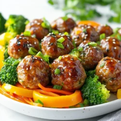- 1 pound ground chicken (or turkey) - 1/2 cup breadcrumbs - 1/4 cup grated Parmesan cheese - 1/4 cup green onions, finely chopped - 1 large egg - 2 cloves garlic, minced - 1 tablespoon fresh ginger, grated - 2 cups broccoli florets - 1 bell pepper, sliced - 1 carrot, thinly sliced You can choose ground chicken or turkey for this recipe. Both options are lean and tasty. Breadcrumbs and Parmesan cheese add flavor and help bind the meatballs. Green onions brighten the dish with freshness. Garlic and ginger give the meatballs a nice kick. Fresh vegetables, such as broccoli, bell pepper, and carrot, make this meal colorful and nutritious. - 1/4 cup soy sauce (low sodium) - 1/4 cup honey - 1 tablespoon rice vinegar - 1 tablespoon sesame oil - 1 teaspoon black sesame seeds (optional) The teriyaki sauce is simple yet delicious. Soy sauce brings saltiness, while honey adds sweetness. Rice vinegar gives a tangy note, and sesame oil adds richness. For extra flair, sprinkle black sesame seeds on top. You can also add chopped green onions for an extra burst of color. This sauce makes the meatballs and veggies shine. {{ingredient_image_1}} 1. Preheat your oven to 400°F (200°C). This helps cook the meatballs evenly. 2. Line a large sheet pan with parchment paper. This makes for easy cleanup. 3. In a big bowl, mix together the ground chicken, breadcrumbs, grated Parmesan, and chopped green onions. 4. Add the egg, minced garlic, grated ginger, and a pinch of salt and pepper. 5. Use your hands to mix until everything is combined well. 1. Form the mixture into 1-inch meatballs. This size cooks perfectly. 2. Place the meatballs on the prepared sheet pan, leaving space between them. 3. In a small bowl, whisk together soy sauce, honey, rice vinegar, and sesame oil. This is your teriyaki sauce. 4. Drizzle half of the teriyaki sauce over the meatballs. Make sure each one gets coated. 1. Arrange the broccoli, bell pepper, and carrot around the meatballs on the pan. 2. Drizzle the remaining teriyaki sauce over the vegetables for extra flavor. 3. Bake in the preheated oven for about 20-25 minutes. Check that the meatballs reach an internal temperature of 165°F. 4. Optional: In the last 5 minutes, sprinkle black sesame seeds over the meatballs. This adds a nice crunch. - Best practices for meatball texture: Use ground chicken or turkey for moist meatballs. Mix in breadcrumbs and Parmesan cheese. This combo gives a nice bite. Don't overmix to keep them tender. Form 1-inch meatballs for even cooking. - Ensuring even cooking for vegetables: Cut vegetables into similar sizes. This helps them cook at the same rate. Spread them evenly on the pan. Drizzle with teriyaki sauce for extra flavor. Toss them gently before baking. - Ideal side dishes like rice or quinoa: Serve the meatballs with steamed rice or fluffy quinoa. Both soak up the teriyaki sauce well. You can also add a light salad for freshness. - Presentation tips for a beautiful display: Arrange the meatballs and veggies on a large platter. Drizzle extra teriyaki sauce on top. Garnish with chopped green onions for color. This makes the dish look vibrant and appealing. Pro Tips Use Fresh Ingredients: Fresh ginger and garlic enhance the flavor of your meatballs significantly. Avoid using powdered versions for the best taste. Customize Your Veggies: Feel free to swap out the vegetables based on your preference or what's in season. Snow peas, zucchini, or snap peas work great too! Make Ahead: You can prepare the meatballs in advance and store them in the fridge for up to 24 hours before baking. Just cover them tightly to keep them fresh. Garnish for Presentation: A sprinkle of sesame seeds and additional green onions not only adds flavor but also makes your dish visually appealing. {{image_2}} If you want to switch things up, there are easy swaps. You can use ground beef or pork instead of ground chicken or turkey. These choices add different flavors and textures. For vegetables, feel free to get creative! You can add snap peas, zucchini, or even bok choy. Mix and match based on what you like or have at home. To boost the flavor, consider adding spices like chili flakes or black pepper. Fresh herbs like cilantro or basil can also add a nice touch. You can also play with the teriyaki sauce. Try using orange juice for a fruity twist. Or, add garlic powder for an extra kick. Each change gives a new taste to the dish, making it exciting every time you cook. To keep your teriyaki meatballs fresh, cool them first. Let them sit at room temperature for about 30 minutes. This helps prevent moisture buildup in the container. Use airtight containers for storage. Glass or BPA-free plastic works well. Label the containers with the date. Store them in the fridge for up to three days. When you reheat your meatballs, avoid drying them out. The best way is to use a microwave. Place the meatballs in a microwave-safe dish and cover them with a damp paper towel. Heat in short bursts, checking often. If you want to freeze leftovers, place them in a freezer-safe container. You can freeze them for up to three months. To reheat, thaw in the fridge overnight. Then, warm them in the oven or microwave. This keeps them moist and tasty. How do I know when meatballs are cooked through? Check the meatballs with a food thermometer. They should reach an internal temperature of 165°F. If you don’t have a thermometer, cut one open. The meat should no longer be pink inside. If it is pink, cook them a bit longer. Can I use a different protein for this recipe? Yes, you can use ground turkey, beef, or pork. Each will give a different taste. Just make sure to adjust your cooking time if needed. What are some good side dishes to serve with teriyaki meatballs? Steamed rice or quinoa works great. You can also serve them with a fresh salad or roasted vegetables. For a fun twist, try serving them in lettuce wraps! This blog post covered how to make tasty teriyaki meatballs. We looked at the key ingredients, including ground chicken, fresh veggies, and the perfect teriyaki sauce. I shared easy steps for prep, cooking, and baking to help you get smoke-free, juicy meatballs. Plus, we went over tips for serving and storing. Experiment with different veggies or proteins to make this dish your own. Enjoy your cooking adventure!