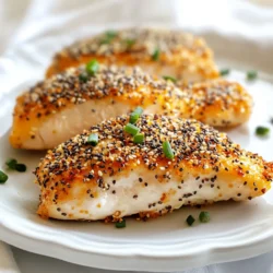- 4 boneless, skinless chicken breasts - 1 cup plain Greek yogurt - 1 tablespoon Dijon mustard - 2 teaspoons garlic powder - 1 teaspoon onion powder - 1 teaspoon smoked paprika - 1 cup everything bagel seasoning - Salt and pepper, to taste - 2 tablespoons olive oil - Fresh chives or parsley, for garnish This recipe features simple yet flavorful ingredients that come together to make your chicken shine. First, you need chicken breasts. I prefer boneless and skinless for this dish. They cook evenly and stay juicy. Next, Greek yogurt acts as the base for the marinade. It gives the chicken a nice tang and keeps it moist. Dijon mustard adds a lovely kick to the mix. It blends well with the spices, enhancing the overall flavor. The garlic powder and onion powder bring depth to the dish. They provide savory notes that balance the other ingredients. Smoked paprika adds a hint of warmth. It lends a subtle smokiness that complements the bagel seasoning. Now, let’s talk about everything bagel seasoning. This blend brings all the classic bagel flavors to the chicken, making it unique and tasty. Don’t forget salt and pepper! They are vital for bringing out the flavors in your chicken. The olive oil adds richness and helps the chicken brown nicely in the oven. Finally, fresh chives or parsley make a great garnish. They add a pop of color and freshness when serving. Gather these ingredients, and you are ready to create a tasty, baked everything bagel chicken dish. {{ingredient_image_1}} First, you need to preheat your oven to 400°F (200°C). This temperature is perfect for baking chicken. While the oven heats up, line a baking sheet with parchment paper. This step makes cleanup quick and easy. Now, let’s make the marinade. In a medium bowl, mix 1 cup of plain Greek yogurt, 1 tablespoon of Dijon mustard, 2 teaspoons of garlic powder, 1 teaspoon of onion powder, and 1 teaspoon of smoked paprika. Add salt and pepper to taste. Stir until you have a smooth mixture. This marinade will make the chicken juicy and flavorful. Next, it’s time to marinate the chicken breasts. Place 4 boneless, skinless chicken breasts in a large zip-lock bag or a shallow dish. Pour the marinade over the chicken. Make sure each piece gets coated well. Seal the bag or cover the dish. Refrigerate for at least 30 minutes. If you have time, marinate for up to 4 hours. This extra time makes the chicken even more tasty. After marinating, take the chicken out of the fridge. Allow any extra marinade to drip off. Now, it’s time to coat the chicken with everything bagel seasoning. Take 1 cup of this seasoning and press it evenly onto the chicken. This step adds a great crunch and flavor. Place the seasoned chicken breasts on the prepared baking sheet. Drizzle 2 tablespoons of olive oil over the top. This helps the chicken brown nicely while baking. Bake the chicken for 25-30 minutes. You want it cooked through and crispy. Check the internal temperature; it should reach 165°F (75°C). Once done, let the chicken rest for 5 minutes before slicing. This resting time keeps it juicy. Before serving, garnish with freshly chopped chives or parsley for a pop of color. Enjoy your easy, flavorful meal! To get that perfect crispy coating on your chicken, follow these easy steps: - Use Parchment Paper: Line your baking sheet with parchment paper. This makes cleanup a breeze and helps the chicken crisp up. - Bake at the Right Temperature: Preheat your oven to 400°F (200°C). This high heat helps to brown the chicken and make it crispy. - Drizzle Olive Oil: Before baking, drizzle olive oil over the chicken. This adds flavor and aids in browning. Want to spice things up? Here are some ideas: - Add Extra Spices: Try adding cayenne pepper for heat or a pinch of lemon zest for brightness. - Use Different Marinades: You can swap the Greek yogurt for buttermilk or ranch dressing. These options add unique flavors while keeping the chicken moist. Make your meal shine with these serving ideas: - Pair with Sides: Serve the chicken with roasted veggies or a fresh salad. These sides balance the richness of the chicken. - Presentation Ideas: Slice the chicken and arrange it on a platter. Add fresh chives or parsley for color. A squeeze of lemon juice on top elevates the dish even more. These tips will help you create a Baked Everything Bagel Chicken that is not only easy to make but also packed with flavor. Enjoy your cooking journey! Pro Tips Marinate for Maximum Flavor: Allowing the chicken to marinate for at least 1 hour, or up to 4 hours, enhances the flavor and tenderness of the meat. Use Fresh Everything Bagel Seasoning: For the best taste, consider making your own everything bagel seasoning using fresh spices and toppings. Check for Doneness: Always use a meat thermometer to ensure the chicken reaches an internal temperature of 165°F (75°C) for safe consumption. Let It Rest: Allowing the chicken to rest for 5 minutes after baking helps retain its juices, resulting in a more succulent dish. {{image_2}} You can make this dish lighter by swapping yogurt for low-fat yogurt. This keeps the creaminess but cuts some fat. You might also choose boneless thighs instead of chicken breasts. Thighs are juicy and have more flavor. Plus, they often cost less than breasts. Try different seasoning blends if you want a new taste. You could use taco seasoning or Italian herbs instead of everything bagel seasoning. Adding vegetables can turn this into a one-pan meal. Toss in some bell peppers, zucchini, or cherry tomatoes before baking. The veggies will soak up the chicken's flavor and add color. You can grill or sauté the chicken for a different twist. Grilling gives a nice char, while sautéing can keep it juicy. If you're short on time, use an Instant Pot. Just follow the same marinade steps, then cook under pressure for about 10 minutes. This method saves time without losing flavor. To store leftovers, place the chicken in an airtight container. This keeps it fresh and safe. You can refrigerate it for up to 3 days. Always check for any off smells or changes in texture before eating. If the chicken looks or smells strange, it's best to toss it. For freezing, wrap the baked chicken tightly in plastic wrap, then place it in a freezer bag. This helps avoid freezer burn. You can freeze it for up to 3 months. When you're ready to eat, thaw the chicken in the fridge overnight. To reheat, place it in the oven at 350°F (175°C) until warm. This keeps the chicken juicy and tasty. Everything bagel seasoning is a mix of flavors that makes your food pop. It usually contains sesame seeds, poppy seeds, garlic, onion, and salt. This blend gives dishes a savory, crunchy taste. You can sprinkle it on bagels, chicken, or even veggies for added flavor. It's simple to make at home too! Combine those seeds and spices, and you’re good to go. Yes, you can use other proteins instead of chicken. Turkey works great as a lean option. Tofu is also a fantastic choice for a plant-based meal. Just make sure to adjust the cooking time. Tofu cooks faster, while turkey might need a bit more time in the oven. Each protein will absorb the marinade well, giving you tasty results. The internal temperature of cooked chicken should reach 165°F (75°C). This ensures your meal is safe to eat. Use a meat thermometer to check the thickest part of the chicken. If it’s not at the right temperature, put it back in the oven until it is. Proper cooking keeps you safe and helps the meat stay juicy. This blog post covered a flavorful chicken recipe with Greek yogurt and everything bagel seasoning. You learned how to prep, marinate, and bake the chicken for a crispy coating. I shared tips for enhancing flavor, easy storage, and cooking variations. Experimenting with different proteins and spices offers great options. This dish is perfect for impressing family and friends, making it a winner at any table. Enjoy your cooking adventure and savor every bite of your delicious creation!