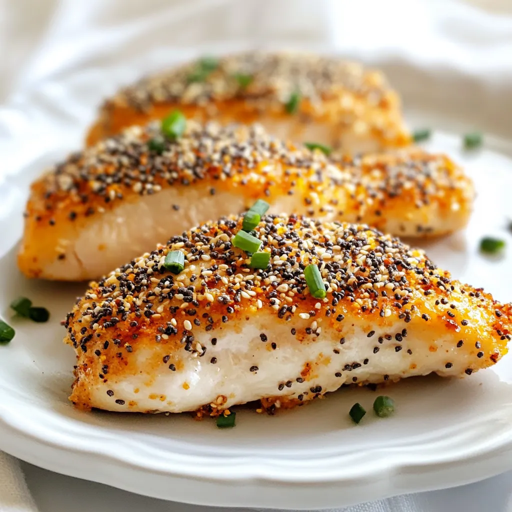- 4 boneless, skinless chicken breasts - 1 cup plain Greek yogurt - 1 tablespoon Dijon mustard - 2 teaspoons garlic powder - 1 teaspoon onion powder - 1 teaspoon smoked paprika - 1 cup everything bagel seasoning - Salt and pepper, to taste - 2 tablespoons olive oil - Fresh chives or parsley, for garnish This recipe features simple yet flavorful ingredients that come together to make your chicken shine. First, you need chicken breasts. I prefer boneless and skinless for this dish. They cook evenly and stay juicy. Next, Greek yogurt acts as the base for the marinade. It gives the chicken a nice tang and keeps it moist. Dijon mustard adds a lovely kick to the mix. It blends well with the spices, enhancing the overall flavor. The garlic powder and onion powder bring depth to the dish. They provide savory notes that balance the other ingredients. Smoked paprika adds a hint of warmth. It lends a subtle smokiness that complements the bagel seasoning. Now, let’s talk about everything bagel seasoning. This blend brings all the classic bagel flavors to the chicken, making it unique and tasty. Don’t forget salt and pepper! They are vital for bringing out the flavors in your chicken. The olive oil adds richness and helps the chicken brown nicely in the oven. Finally, fresh chives or parsley make a great garnish. They add a pop of color and freshness when serving. Gather these ingredients, and you are ready to create a tasty, baked everything bagel chicken dish. {{ingredient_image_1}} First, you need to preheat your oven to 400°F (200°C). This temperature is perfect for baking chicken. While the oven heats up, line a baking sheet with parchment paper. This step makes cleanup quick and easy. Now, let’s make the marinade. In a medium bowl, mix 1 cup of plain Greek yogurt, 1 tablespoon of Dijon mustard, 2 teaspoons of garlic powder, 1 teaspoon of onion powder, and 1 teaspoon of smoked paprika. Add salt and pepper to taste. Stir until you have a smooth mixture. This marinade will make the chicken juicy and flavorful. Next, it’s time to marinate the chicken breasts. Place 4 boneless, skinless chicken breasts in a large zip-lock bag or a shallow dish. Pour the marinade over the chicken. Make sure each piece gets coated well. Seal the bag or cover the dish. Refrigerate for at least 30 minutes. If you have time, marinate for up to 4 hours. This extra time makes the chicken even more tasty. After marinating, take the chicken out of the fridge. Allow any extra marinade to drip off. Now, it’s time to coat the chicken with everything bagel seasoning. Take 1 cup of this seasoning and press it evenly onto the chicken. This step adds a great crunch and flavor. Place the seasoned chicken breasts on the prepared baking sheet. Drizzle 2 tablespoons of olive oil over the top. This helps the chicken brown nicely while baking. Bake the chicken for 25-30 minutes. You want it cooked through and crispy. Check the internal temperature; it should reach 165°F (75°C). Once done, let the chicken rest for 5 minutes before slicing. This resting time keeps it juicy. Before serving, garnish with freshly chopped chives or parsley for a pop of color. Enjoy your easy, flavorful meal! To get that perfect crispy coating on your chicken, follow these easy steps: - Use Parchment Paper: Line your baking sheet with parchment paper. This makes cleanup a breeze and helps the chicken crisp up. - Bake at the Right Temperature: Preheat your oven to 400°F (200°C). This high heat helps to brown the chicken and make it crispy. - Drizzle Olive Oil: Before baking, drizzle olive oil over the chicken. This adds flavor and aids in browning. Want to spice things up? Here are some ideas: - Add Extra Spices: Try adding cayenne pepper for heat or a pinch of lemon zest for brightness. - Use Different Marinades: You can swap the Greek yogurt for buttermilk or ranch dressing. These options add unique flavors while keeping the chicken moist. Make your meal shine with these serving ideas: - Pair with Sides: Serve the chicken with roasted veggies or a fresh salad. These sides balance the richness of the chicken. - Presentation Ideas: Slice the chicken and arrange it on a platter. Add fresh chives or parsley for color. A squeeze of lemon juice on top elevates the dish even more. These tips will help you create a Baked Everything Bagel Chicken that is not only easy to make but also packed with flavor. Enjoy your cooking journey! Pro Tips Marinate for Maximum Flavor: Allowing the chicken to marinate for at least 1 hour, or up to 4 hours, enhances the flavor and tenderness of the meat. Use Fresh Everything Bagel Seasoning: For the best taste, consider making your own everything bagel seasoning using fresh spices and toppings. Check for Doneness: Always use a meat thermometer to ensure the chicken reaches an internal temperature of 165°F (75°C) for safe consumption. Let It Rest: Allowing the chicken to rest for 5 minutes after baking helps retain its juices, resulting in a more succulent dish. {{image_2}} You can make this dish lighter by swapping yogurt for low-fat yogurt. This keeps the creaminess but cuts some fat. You might also choose boneless thighs instead of chicken breasts. Thighs are juicy and have more flavor. Plus, they often cost less than breasts. Try different seasoning blends if you want a new taste. You could use taco seasoning or Italian herbs instead of everything bagel seasoning. Adding vegetables can turn this into a one-pan meal. Toss in some bell peppers, zucchini, or cherry tomatoes before baking. The veggies will soak up the chicken's flavor and add color. You can grill or sauté the chicken for a different twist. Grilling gives a nice char, while sautéing can keep it juicy. If you're short on time, use an Instant Pot. Just follow the same marinade steps, then cook under pressure for about 10 minutes. This method saves time without losing flavor. To store leftovers, place the chicken in an airtight container. This keeps it fresh and safe. You can refrigerate it for up to 3 days. Always check for any off smells or changes in texture before eating. If the chicken looks or smells strange, it's best to toss it. For freezing, wrap the baked chicken tightly in plastic wrap, then place it in a freezer bag. This helps avoid freezer burn. You can freeze it for up to 3 months. When you're ready to eat, thaw the chicken in the fridge overnight. To reheat, place it in the oven at 350°F (175°C) until warm. This keeps the chicken juicy and tasty. Everything bagel seasoning is a mix of flavors that makes your food pop. It usually contains sesame seeds, poppy seeds, garlic, onion, and salt. This blend gives dishes a savory, crunchy taste. You can sprinkle it on bagels, chicken, or even veggies for added flavor. It's simple to make at home too! Combine those seeds and spices, and you’re good to go. Yes, you can use other proteins instead of chicken. Turkey works great as a lean option. Tofu is also a fantastic choice for a plant-based meal. Just make sure to adjust the cooking time. Tofu cooks faster, while turkey might need a bit more time in the oven. Each protein will absorb the marinade well, giving you tasty results. The internal temperature of cooked chicken should reach 165°F (75°C). This ensures your meal is safe to eat. Use a meat thermometer to check the thickest part of the chicken. If it’s not at the right temperature, put it back in the oven until it is. Proper cooking keeps you safe and helps the meat stay juicy. This blog post covered a flavorful chicken recipe with Greek yogurt and everything bagel seasoning. You learned how to prep, marinate, and bake the chicken for a crispy coating. I shared tips for enhancing flavor, easy storage, and cooking variations. Experimenting with different proteins and spices offers great options. This dish is perfect for impressing family and friends, making it a winner at any table. Enjoy your cooking adventure and savor every bite of your delicious creation!