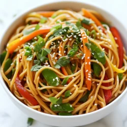 For this dish, you need 8 oz. of whole wheat noodles. They give a nice, nutty taste. Whole wheat noodles are also healthier than regular ones. They add fiber to your meal, making it filling. You can cook them just like regular pasta. Next, gather your seasonings. You will need: - 3 tablespoons sesame oil - 2 cloves garlic, minced - 1 tablespoon fresh ginger, grated - 2 tablespoons soy sauce - 1 tablespoon chili paste (adjust for spice level) - 1 tablespoon honey or maple syrup These ingredients mix well for a tasty sauce. The sesame oil adds a rich flavor. Garlic and ginger give it a fresh kick. The soy sauce adds saltiness, while the chili paste brings heat. Honey or maple syrup balances the spice with sweetness. Now, let’s talk about the veggies. You’ll need: - 1 cup shredded carrots - 1 cup red bell pepper, thinly sliced - 1 cup snap peas, trimmed - 3 green onions, chopped - 2 tablespoons sesame seeds - Fresh cilantro for garnish These fresh vegetables add color and crunch. Carrots bring sweetness, and red bell peppers add a nice crunch. Snap peas offer a bright taste. Finally, green onions and sesame seeds are perfect for topping. They add flavor and make the dish look pretty. Fresh cilantro gives a burst of freshness. {{ingredient_image_1}} To start, fill a large pot with salted water. Bring it to a boil. Once boiling, add 8 oz. of whole wheat noodles. Cook them according to the package instructions until they are al dente. This usually takes about 8-10 minutes. Drain the noodles and set them aside. Don't forget to save a little pasta water! Grab a large mixing bowl. In it, whisk together 3 tablespoons of sesame oil, 2 minced garlic cloves, and 1 tablespoon of fresh ginger. Next, add 2 tablespoons of soy sauce, 1 tablespoon of chili paste, and 1 tablespoon of honey or maple syrup. Mix everything well. You can add more chili paste if you want it spicier! Now, heat a splash of sesame oil in a large skillet or wok over medium-high heat. Add 1 cup of shredded carrots, 1 cup of thinly sliced red bell pepper, and 1 cup of trimmed snap peas. Stir-fry these for about 3-4 minutes. You want them to be bright and a bit tender. Add the cooked noodles to your skillet with the sautéed vegetables. Pour the spicy sauce over the noodles. Toss everything together well. Make sure the noodles and veggies are coated evenly. If it feels too dry, add a little of that reserved pasta water to loosen it up. When ready to serve, divide the spicy sesame noodle mix into bowls. Top each bowl with chopped green onions, a sprinkle of sesame seeds, and some fresh cilantro. Enjoy your colorful and tasty dish! You can make this dish as spicy as you like. Start with one tablespoon of chili paste. If you want more heat, add extra chili paste, one teaspoon at a time. Taste the sauce after each addition. Remember, the flavor should shine through the heat. Balance the spice with honey or maple syrup if it gets too hot. Cook your noodles until they are al dente. This means they should still have a bit of bite. Overcooked noodles can become mushy. After cooking, drain them, but save a little pasta water. This water helps loosen the sauce later, keeping your noodles perfectly coated without being too saucy. Feel free to get creative! Add protein like chicken, shrimp, or tofu for extra nutrition. You can also toss in other veggies like broccoli or zucchini. For a fresh twist, include fresh herbs like basil or mint. A splash of lime juice can brighten up the dish, adding a nice zing. Pro Tips Adjust Spice Level: If you're sensitive to heat, start with less chili paste and add more as needed to suit your taste. Use Fresh Ingredients: Fresh vegetables not only enhance the flavor but also add nutritional value to your dish. Choose vibrant, crisp veggies. Leftover Noodles: If you have leftover noodles, toss them in a bit of sesame oil to prevent sticking before reheating. Garnish for Flavor: Don’t skip the cilantro and sesame seeds; they add a burst of flavor and make your dish visually appealing. {{image_2}} You can add protein to your spicy sesame noodle bowls. Chicken, shrimp, or tofu work great. If you choose chicken, cook it in the skillet before the veggies. For shrimp, add them in the last few minutes of cooking. Tofu can be cubed and sautéed until golden. Each option brings a new flavor and texture. Feel free to swap in your favorite vegetables. Broccoli, zucchini, or bell peppers all add great taste. You can even toss in some baby spinach or bok choy for a fresh twist. The key is to use colorful veggies that you enjoy. This keeps the dish vibrant and fun. If you need a gluten-free version, just switch the noodles. Rice noodles or gluten-free pasta are excellent choices. Be sure to check your soy sauce too. Look for a gluten-free version or use tamari as an alternative. This way, everyone can enjoy the spicy sesame flavors. You can store leftover spicy sesame noodle bowls in the fridge. Place them in an airtight container. They stay fresh for about three days. Make sure to let the noodles cool before sealing. This helps prevent sogginess. If you want to freeze the noodles, it’s best to store them without the veggies. Place the cooled noodles in a freezer-safe bag. Remove as much air as possible. You can freeze them for up to three months. When ready to eat, thaw them in the fridge overnight. To reheat, you can use the microwave or a skillet. If using the microwave, cover the bowl with a damp paper towel. Heat in short bursts, stirring in between. If using a skillet, add a splash of water to help steam the noodles. Stir until heated through. This keeps them from drying out. Yes, you can make Spicy Sesame Noodle Bowls ahead of time. Cook the noodles and prepare the sauce separately. Store them in the fridge. When ready to eat, just combine them. You might need to add a little water to the mix. This keeps the noodles from getting dry. The flavors will blend well overnight, making it even tastier. If you don’t have sesame oil, you can use olive oil or peanut oil. These oils have different flavors but work well in this dish. Use the same amount as the recipe calls for. You can also mix in a little toasted sesame oil for flavor. This gives a nice touch without losing the essence of the dish. To make this recipe vegetarian, simply skip the honey and use maple syrup instead. If you want it to be vegan, the same syrup works great. All the other ingredients are already plant-based. This way, you can enjoy the spicy flavors while keeping it vegan. In this post, we explored how to make delicious Spicy Sesame Noodle Bowls. We covered key ingredients like whole wheat noodles, essential seasonings, and fresh veggies. Then, we walked through step-by-step cooking, sautéing, and serving. I shared tips to adjust spiciness and improve noodle texture, plus variations for protein and vegetables. Finally, we discussed storage and reheating methods. Now you can enjoy vibrant dishes anytime. Experiment with flavors, and share your creations!