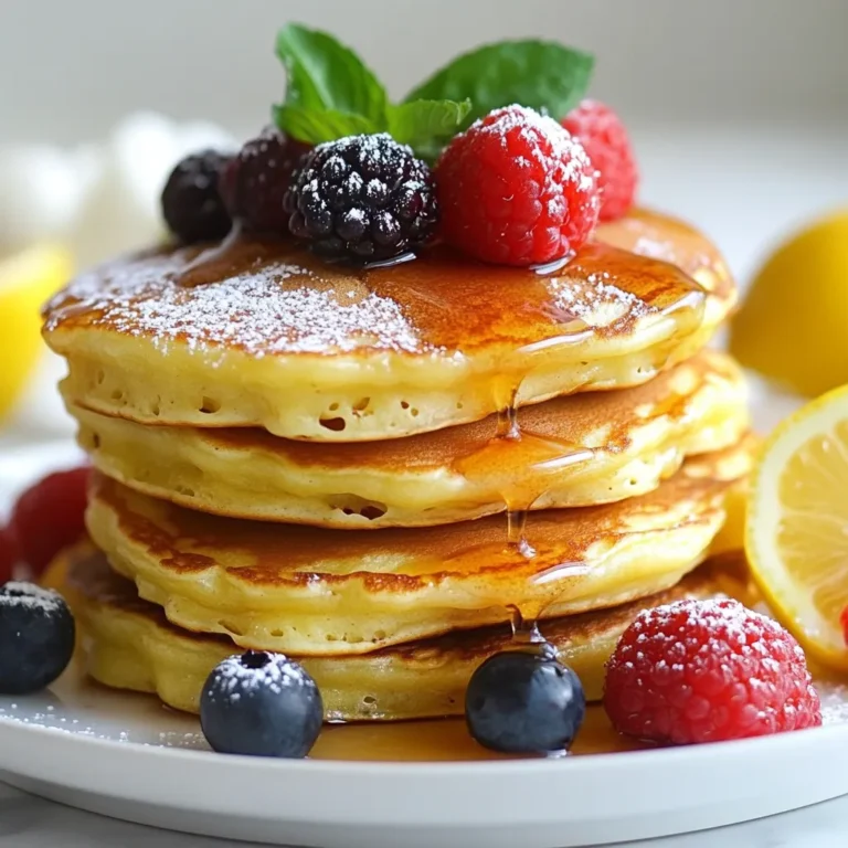 To make lemon ricotta pancakes, you need: - 1 cup ricotta cheese - 1 cup all-purpose flour - 1 tablespoon baking powder - 1/2 teaspoon salt - 1 tablespoon sugar - 2 large eggs - 1 teaspoon vanilla extract - Zest of 1 lemon - 1/2 cup milk (or more if needed) - Butter or oil for cooking - Optional: Maple syrup and fresh berries for serving These ingredients come together to create a soft, fluffy pancake with a bright lemon flavor. If you don’t have ricotta cheese, you can use cottage cheese. Just blend it until smooth. If you need a gluten-free option, swap all-purpose flour with a gluten-free blend. For a dairy-free option, use almond or oat milk in place of regular milk. You can also use a plant-based yogurt instead of ricotta. - Ricotta cheese adds protein and calcium. - All-purpose flour offers carbohydrates for energy. - Baking powder helps the pancakes rise, making them fluffy. - Salt enhances the flavors. - Sugar adds a touch of sweetness. - Eggs provide protein and healthy fats. - Vanilla extract gives a rich flavor. - Lemon zest packs in vitamin C and brightens the taste. - Milk hydrates the batter and adds creaminess. - Butter or oil helps with cooking and adds flavor. Each ingredient contributes to a balanced meal that’s both tasty and nourishing. Enjoy your cooking adventure! {{ingredient_image_1}} To start, grab a large bowl. Add 1 cup of ricotta cheese and 2 large eggs. Mix them well. Then, pour in 1 teaspoon of vanilla extract and add the zest of 1 lemon. Next, add 1/2 cup of milk. Stir this mixture until it becomes smooth. In another bowl, combine 1 cup of all-purpose flour, 1 tablespoon of baking powder, 1/2 teaspoon of salt, and 1 tablespoon of sugar. Whisk these dry ingredients together. Now, slowly add the dry mix to the wet mix. Stir gently. Stop when the batter is just combined. It should look a little lumpy. If it feels too thick, add more milk by the tablespoon. Heat a non-stick skillet over medium heat. Lightly grease it with butter or oil. Use a ladle to pour the batter onto the skillet. Each pancake should be about the size of your palm. Watch for bubbles to form on the surface of the pancake. This usually takes about 2-3 minutes. When you see bubbles and the edges look set, it’s time to flip. Use a spatula to flip the pancake gently. Cook for another 1-2 minutes until golden brown. If the heat feels too high, lower it to prevent burning. Repeat this with the rest of the batter. Serve the pancakes warm. Top them with maple syrup for sweetness. Fresh berries add a nice touch, too. Blueberries or strawberries work great. You can also sprinkle some extra lemon zest on top for a burst of flavor. Enjoy your fluffy and flavorful lemon ricotta pancakes! To make your lemon ricotta pancakes fluffy, start with fresh ingredients. Use room-temperature eggs for better mixing. When you mix the wet and dry ingredients, stir gently. This keeps air in the batter. Air helps the pancakes rise. If the batter feels thick, add more milk a tablespoon at a time. One common mistake is over-mixing the batter. If you mix too much, your pancakes can turn out tough. Remember, a few lumps are okay! Another mistake is cooking on too high heat. Medium heat works best. This helps cook the pancakes evenly without burning them. You can enhance the flavor with fun additions. Try adding blueberries or chocolate chips for a twist. Some people love a dash of cinnamon for warmth. You can also mix in a little vanilla extract for depth. For a zesty kick, add more lemon zest. Each option brings a new taste and makes your breakfast exciting! Pro Tips Use Fresh Ricotta: For the best flavor and texture, opt for fresh ricotta cheese. It makes the pancakes fluffy and rich. Don't Overmix: When combining wet and dry ingredients, mix just until combined. Overmixing can lead to tough pancakes. Adjust Consistency: If the batter seems too thick, gradually add milk to reach your desired consistency for fluffier pancakes. Perfect Cooking Temperature: Keep your skillet at medium heat. Too hot can cause burning while too low can lead to uneven cooking. {{image_2}} You can easily make gluten-free lemon ricotta pancakes. Just swap the all-purpose flour for gluten-free flour. Use a one-to-one blend to keep the texture light. I suggest brands like Bob’s Red Mill or King Arthur. Follow the same steps in the recipe. You’ll still get those fluffy and tasty pancakes. Try adding fruits to your pancakes for new flavors. Blueberries and raspberries work great. You can fold them into the batter gently. Fresh slices of banana also add sweetness. You can even top the pancakes with mixed fruit for a colorful breakfast. The fruits enhance both taste and presentation. If you want vegan lemon ricotta pancakes, make a few simple swaps. Replace the ricotta cheese with silken tofu. Blend it until smooth for a creamy texture. Use plant-based milk, like almond or oat milk, instead of regular milk. For eggs, use flaxseed meal mixed with water. This creates a great binder. Lastly, keep the lemon zest for that fresh flavor. Enjoy your vegan twist on this classic dish! To keep your lemon ricotta pancakes fresh, store them in an airtight container. Let the pancakes cool to room temperature first. Layer them with parchment paper to prevent sticking. This method keeps them fluffy. Reheating pancakes is simple. You can use the microwave or a skillet. For the microwave, place pancakes on a plate and cover with a damp paper towel. Heat for about 20-30 seconds. For the skillet, add a little butter over medium heat. Cook for about 1-2 minutes on each side. This way, they stay warm and tasty. Freezing pancakes is a great way to save them. First, let them cool completely. Then, stack them with parchment paper in between. Place them in a freezer-safe bag or container. They keep well for up to two months. When you want some, just thaw them in the fridge overnight and reheat. Enjoy a quick breakfast with ease! Yes, you can make the batter ahead. Just mix all the wet and dry ingredients together. Then, store it in the fridge for up to 1 day. When you are ready to cook, give it a quick stir. If it seems thick, add a bit of milk to loosen it up. These pancakes are great with many toppings. You can drizzle warm maple syrup over them. Fresh berries, like strawberries or blueberries, add a nice touch. Whipped cream or a dollop of yogurt also works well. For a bright twist, try a sprinkle of extra lemon zest. Pancakes are done when bubbles form on the surface. You should also see the edges looking set. This usually takes about 2-3 minutes on the first side. When you flip them, cook for another 1-2 minutes until they turn golden brown. If you are unsure, a toothpick can help. Insert it into the center; it should come out clean. Lemon ricotta pancakes offer great flavor and nutrition. We covered ingredients, cooking tips, and even variations for dietary needs. Store leftovers properly to enjoy them later. Remember, you can tweak the batter and toppings to fit your taste. I hope you feel excited to try these pancakes at home. Enjoying delicious food can be simple and fun!
