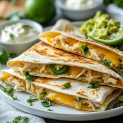 - 2 cups cooked chicken, shredded - 1 cup shredded cheese (cheddar or a Mexican blend) - 1-2 jalapeños, finely chopped (adjust to taste) - 1 lime, zested and juiced - 1/2 cup fresh cilantro, chopped - 4 large flour tortillas - 1 tablespoon olive oil - Salt and pepper to taste - Optional: sour cream and guacamole for serving For the best flavor, use cooked chicken that is juicy and tender. I prefer rotisserie chicken for its rich taste. You can also boil or grill chicken breasts. Make sure to shred the chicken into small pieces. This helps it mix well with the other ingredients. A good bite of chicken in every quesadilla is key to a great dish! You will need a few tools to make these quesadillas. Here’s what I use: - A large mixing bowl for the filling - A skillet to cook the quesadillas - A spatula to flip them easily - A cutting board and knife for chopping - A clean towel to keep the quesadillas warm Having these tools ready makes cooking smooth and fun! {{ingredient_image_1}} To start, gather your ingredients. You will need shredded chicken, chopped jalapeños, lime zest, lime juice, and fresh cilantro. In a mixing bowl, combine the shredded chicken and chopped jalapeños. Next, add the lime zest and lime juice. This helps to brighten the flavor. Then, toss in the chopped cilantro. Season with salt and pepper to taste. Mix everything well until it is evenly combined. This filling is the heart of your quesadilla and brings all the flavors together. Heat a large skillet over medium heat. Add half of the olive oil to the pan. Place one flour tortilla in the skillet. On one half of the tortilla, spread half of the chicken mixture. Top it with half of the shredded cheese. Fold the tortilla over to create a half-moon shape. Cook for about 3-4 minutes on each side. You want the tortilla to turn golden brown and the cheese to melt. Once done, remove the quesadilla from the skillet. Keep it warm by wrapping it in a clean towel. Repeat this process for the second quesadilla. To serve, cut the quesadillas into wedges with a sharp knife. Arrange the wedges on a platter. For a pop of color, garnish with additional cilantro and lime wedges. You can serve them warm with sour cream and guacamole on the side. This adds a creamy touch that balances the spice from the jalapeños. Enjoy your delicious jalapeño lime chicken quesadillas! To make the best quesadillas, use medium heat. This heat lets the cheese melt well without burning the tortilla. I like to use a non-stick skillet for easy flipping. Always use enough oil so the quesadilla gets golden and crispy. Flip it gently with a spatula to keep the filling inside. Cooking each side for about 3-4 minutes gives a nice crunch. Seasoning is key for great taste. Start with salt and pepper in the chicken mix. You can add garlic powder for more flavor. If you want it spicy, use more jalapeños. You can also mix in some cumin or smoked paprika for a deeper flavor. Fresh cilantro adds a nice touch too. Always taste the filling before you cook to adjust the seasonings. Presentation matters! Cut the quesadillas into wedges for easy serving. Arrange them on a colorful platter. Add fresh cilantro leaves on top for a burst of green. Place lime wedges around the quesadillas. This adds color and gives guests a chance to squeeze fresh lime juice. Serve with sour cream and guacamole on the side for extra flair. Pro Tips Use Fresh Ingredients: Fresh cilantro and lime make a significant difference in flavor. Opt for fresh herbs over dried for a vibrant taste. Adjust Spice Level: If you prefer a milder quesadilla, remove the seeds from the jalapeños before chopping them. This will reduce the heat without sacrificing flavor. Perfectly Melted Cheese: For gooey melted cheese, cover the skillet with a lid while cooking the quesadilla. This helps trap heat and melt the cheese evenly. Serving Suggestions: Serve with a variety of dips like salsa, sour cream, and guacamole to enhance the flavor and allow guests to customize their experience. {{image_2}} You can customize your quesadillas easily. For a healthier option, use whole wheat tortillas. If you're vegetarian, replace chicken with black beans or grilled veggies. You can also try different proteins like shrimp or beef. For cheese, use a dairy-free blend if you're lactose intolerant. These swaps keep the dish tasty while meeting your needs. Want to kick up the heat? Add more jalapeños or try a spicy cheese. You can also mix in other peppers like serranos or habaneros for extra flavor. If you love smoky tastes, add some chipotle powder. Fresh herbs like parsley or green onions can also brighten the dish. Feel free to explore your spice cabinet! Pair your quesadillas with tasty sides. Sour cream and guacamole are classic choices. You can also serve them with salsa or pico de gallo for a fresh bite. A side salad with lime dressing adds crunch. Want something warm? Serve with a bowl of tortilla soup. These sides make your meal more fun and flavorful! To keep your quesadillas fresh, store them in an airtight container. Let them cool first. Place parchment paper between each quesadilla to prevent sticking. Keep the container in the fridge. They will stay good for about three days. To reheat your quesadillas, use a skillet. Heat it over medium heat. Place the quesadilla in the skillet without oil. Cook for about three minutes on each side. This method keeps the tortilla crispy. You can also use a microwave. Heat for 30 seconds to one minute. However, the texture won’t be as good. To freeze quesadillas, wrap each one in plastic wrap. Then, place them in a freezer bag. Squeeze out the air before sealing. They can last up to three months in the freezer. When ready to eat, thaw them in the fridge overnight. Reheat using the skillet method for the best results. I recommend using cheddar or a Mexican blend for quesadillas. Cheddar melts well and gives a nice flavor. A Mexican blend adds depth and richness. If you want a creamier texture, try Monterey Jack. You can mix cheeses for more taste and fun. Yes, you can easily make these quesadillas vegetarian. Just skip the chicken and add more veggies. Black beans, corn, or bell peppers work great. You can also add mushrooms for a hearty bite. The jalapeños and lime will still give it that fresh kick. To adjust spice, change the amount of jalapeños. For less heat, use just one or remove the seeds. If you want more spice, add extra jalapeños or even a splash of hot sauce. Tasting as you go helps find your perfect level of heat. To make great quesadillas, start with the best ingredients and right equipment. Follow the step-by-step guide to prepare the filling and cook them perfectly. Use helpful tips for seasoning and presentation to enhance your dish. Try different ingredients or flavors to mix things up. Proper storage ensures you enjoy leftovers later. Keep these ideas in mind to create tasty and fun quesadillas every time. Enjoy the process and happy cooking!