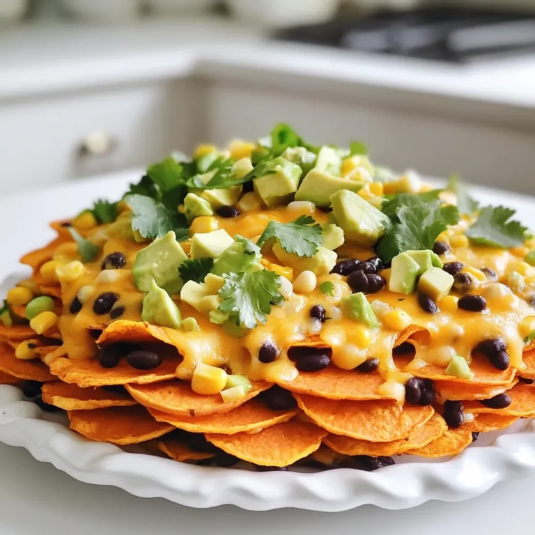 - 2 large sweet potatoes, sliced into 1/4 inch rounds - 2 tablespoons olive oil - 1 teaspoon smoked paprika - 1 teaspoon garlic powder - Salt and pepper to taste - 1 cup black beans, rinsed and drained - 1 cup corn (fresh or canned) - 1 cup shredded cheddar cheese (or vegan cheese) - 1 avocado, diced - 1/2 cup sour cream or Greek yogurt (optional) - Fresh cilantro, chopped, for garnish - Lime wedges, for serving Choosing the best sweet potatoes When you pick sweet potatoes, look for firm ones. They should have smooth skin. Avoid any with soft spots or blemishes. The color should be bright orange. This shows they are fresh and sweet. Substitutes for cheese and toppings If you want to skip cheese, try using nutritional yeast. It adds a cheesy flavor without dairy. You can also use hummus or guacamole instead of sour cream. For toppings, swap black beans for lentils or chickpeas if you prefer. First, preheat your air fryer to 375°F (190°C). This step is important for even cooking. While it heats, grab two large sweet potatoes. Slice them into 1/4 inch rounds. A sharp knife helps make even slices. Next, toss the sweet potato rounds in a large bowl. Add 2 tablespoons of olive oil and mix well. The oil helps the spices stick and adds flavor. Sprinkle in 1 teaspoon of smoked paprika and 1 teaspoon of garlic powder. Season with salt and pepper to taste. Mix everything until each slice is coated evenly. Now, it’s time to air fry! Place the sweet potato slices in a single layer in the air fryer basket. You may need to work in batches. Air fry them for about 10-12 minutes. Flip the slices halfway through cooking. This ensures they get crispy on both sides. Keep an eye on them as they cook. You want them golden brown and crunchy. Once the sweet potatoes are done, transfer them to a large plate or baking dish. Now, let’s layer the nachos! Start with a layer of crispy sweet potato rounds. Then, sprinkle on 1 cup of rinsed black beans and 1 cup of corn. Top this mixture with 1 cup of shredded cheddar cheese. To melt the cheese, return the plate to the air fryer. Cook for an additional 3-5 minutes. Watch closely to prevent burning. You want the cheese melted and bubbly, bringing all the flavors together. Now your sweet potato nachos are ready to enjoy! Top them with diced avocado, sour cream or Greek yogurt, and fresh cilantro. Serve with lime wedges on the side for a zesty kick. To avoid sogginess, focus on a few key techniques. First, make sure to slice your sweet potatoes evenly. Aim for 1/4 inch rounds. This helps them cook at the same rate. If they are too thick, they will stay soft inside. Next, coat the slices with olive oil and spices thoroughly. This not only adds flavor but also helps them crisp up in the air fryer. Use enough oil, but do not drown them. A light coating works best. Air frying the sweet potatoes in a single layer is crucial. Don’t overcrowd the basket, as this can trap steam and create mushy nachos. If you have a lot, cook them in batches. Flipping halfway through also helps them crisp evenly. Think about the dips and sides that pair well with your nachos. Sour cream or Greek yogurt adds a creamy touch. You can also try a spicy salsa for a kick. Guacamole is another great choice. For garnishing ideas, fresh cilantro adds color and flavor. Diced avocado offers creaminess. Lime wedges are perfect for squeezing over your nachos. They brighten the dish and add a zesty touch. Feel free to get creative with your toppings too. You can add sliced jalapeños for heat or diced tomatoes for freshness. Enjoy experimenting! {{image_2}} You can customize sweet potato nachos with different toppings. For protein, add diced chicken or turkey. These meats add flavor and make the nachos heartier. If you prefer vegetarian or vegan options, use black beans, corn, or grilled veggies. You can also try lentils for added protein. To enhance the flavor, try adding spices like cumin or chili powder. These spices bring warmth and depth to your dish. You can also play with cheese types. Use sharp cheddar for a strong flavor or pepper jack for some heat. Vegan cheese is a great choice for dairy-free diets. Experimenting with toppings and spices allows you to create your own perfect sweet potato nachos. To keep your sweet potato nachos fresh, store them in an airtight container. Make sure they cool down before sealing. This prevents moisture from building up. Place the container in the fridge. They will last up to three days. When reheating, you want to keep them crispy. Use the air fryer for the best results. Heat them at 350°F (175°C) for about 5 minutes. This way, they regain their crunch. You can also use a regular oven. Place them on a baking sheet and reheat at 350°F (175°C) for 8-10 minutes. If you want to save nachos for later, freezing is a good option. First, let them cool completely. Then, layer them in a freezer-safe container. Wrap each layer with plastic wrap to avoid freezer burn. They can stay frozen for up to a month. When you’re ready to eat, take them out of the freezer. Let them thaw in the fridge overnight. For reheating, use the air fryer at 350°F (175°C) for about 8-10 minutes. This method helps to maintain the texture. Enjoy your nachos just like fresh! Yes, you can use regular potatoes like russets or Yukon golds. - Pros: They can be crispy and have a mild taste. - Cons: They may lack the natural sweetness and nutrients found in sweet potatoes. To make these nachos healthier, try these ideas: - Use less cheese or switch to a lighter cheese option. - Add more vegetables like diced bell peppers or tomatoes. - Use Greek yogurt instead of sour cream. - Top with fresh salsa for added flavor without extra calories. Sweet potato nachos pair well with: - Guacamole - Salsa - Spicy mayo - Ranch dressing - Hummus Sweet potato nachos are a fun and tasty twist on a classic dish. We explored key ingredients like sweet potatoes, olive oil, and spices. I provided step-by-step instructions for perfect cooking and assembling. Crispy techniques and creative toppings add flavor. In the end, enjoy these nachos as a snack or meal. Experiment with flavors and share them with friends. Use what you learned to create your best version of this dish. Your kitchen adventures are just beginning!