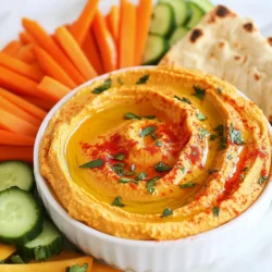 - Canned chickpeas: Use one can of chickpeas, about 15 oz. Drain and rinse them well. This step is key for a smoother texture. Chickpeas are rich in protein and fiber, making them a great base for hummus. - Roasted red pepper: You can use one large roasted red pepper. You have two options: store-bought or homemade. Store-bought is easy and time-saving. Homemade adds a smoky flavor. To make it at home, roast a fresh red pepper over an open flame or in the oven until the skin blisters. - Essential flavoring elements: Three key ingredients bring flavor. First, tahini, which is sesame paste, adds creaminess. Next, garlic, minced for a fresh taste. Finally, ground cumin gives a warm, earthy flavor. - Paprika: A sprinkle of paprika adds a pop of color and a hint of warmth. It enhances the look and taste of your hummus. - Fresh parsley: Chopped parsley not only looks great but also adds a fresh taste. It brightens the dish and makes it more appealing. - Additional topping ideas: A drizzle of olive oil on top adds richness. You can also add toasted pine nuts or sunflower seeds for extra texture. These ingredients come together to create a delicious Roasted Red Pepper Hummus. Each one plays a role in building flavor and texture. Enjoy the process of making it, and get ready for a tasty dip! {{ingredient_image_1}} To make roasted red pepper hummus, start by gathering your ingredients. You need chickpeas, roasted red pepper, tahini, olive oil, lemon juice, minced garlic, and ground cumin. 1. Combine Ingredients: Place the drained chickpeas into a food processor. Add the roasted red pepper, tahini, olive oil, lemon juice, minced garlic, and ground cumin. 2. Blend for Smoothness: Turn on the food processor. Blend on high speed. Scrape down the sides of the bowl if needed. Keep blending until the mixture is smooth. Sometimes hummus can be too thick. If this happens, you can fix it easily. - Add Water Gradually: Start by adding 1 tablespoon of water. Blend again. If it's still thick, keep adding water, one tablespoon at a time. This helps you control the texture. - Perfect Texture Tips: Aim for a creamy and spreadable consistency. You want it smooth enough to scoop but thick enough to hold its shape. Now it’s time to make your hummus taste great and look nice. - Seasoning: Add salt and black pepper to taste. Blend again until the seasoning is fully mixed in. This step enhances the flavor. - Serving Presentation Ideas: Use a serving bowl to transfer your hummus. Drizzle a little olive oil on top. Sprinkle some paprika and freshly chopped parsley for a pop of color. Serve it with warm pita bread and fresh veggies like carrot sticks and cucumber slices arranged around the bowl. To make the best roasted red pepper hummus, consider roasting your own peppers. Here’s how: - Choose the right peppers: Use bright, ripe red peppers for the best flavor. - Roasting method: Place whole peppers on a baking sheet. Broil them for about 15 minutes. Turn them until they are charred and soft. - Peeling: Once cooled, peel off the skin. The sweet taste is worth the effort. Next, use high-quality olive oil. It adds rich flavor to your hummus and enhances the overall taste. One mistake is ending up with a gritty texture. To avoid this, blend the hummus long enough. If needed, scrape down the sides of the bowl during blending. Another mistake is over-processing or under-processing the mixture. Blend until smooth, but don’t make it too thin. A little texture can be nice! To keep your hummus fresh, store it in an airtight container. Place a thin layer of olive oil on top to seal in moisture. It can last in the fridge for up to a week. If you need to reheat it, do so gently. Use a microwave on low power. Stir it often to keep it creamy and delicious. Pro Tips Use Fresh Ingredients: Fresh lemon juice and high-quality olive oil will enhance the flavor of your hummus significantly. Experiment with Spices: Feel free to customize your hummus by adding spices like smoked paprika or cayenne pepper for an extra kick. Chill Before Serving: Allow the hummus to chill in the refrigerator for at least 30 minutes before serving to let the flavors meld together. Make it Creamier: For an ultra-smooth texture, peel the skins off the chickpeas before blending. {{image_2}} You can change the taste of your roasted red pepper hummus with spices. Smoked paprika adds a warm, earthy flavor. Start with half a teaspoon and blend it in. Taste and add more if you like. For a spicy kick, try jalapeños or sriracha. A small amount will go a long way, so add it slowly. Blend until smooth and enjoy the new depth of flavor. This hummus is naturally vegan, making it great for plant-based diets. If you want a low-sodium option, rinse your chickpeas well. Skip the additional salt or use a salt substitute. You can also swap tahini for a nut-based butter if you have allergies. These simple changes keep the flavor while catering to your needs. You can serve roasted red pepper hummus with many dippers. Pita chips and veggie sticks are classic choices. Try using crackers for a crunchy twist. You can also pair it with fresh bread, like baguettes or sourdough. For a fun twist, serve it with tortilla chips. These options work well with different cuisines too. Think Mediterranean, Middle Eastern, or even Mexican flair. Enjoy exploring these delicious pairings! Each serving of roasted red pepper hummus holds about 100 calories. This makes it a light snack or dip. The main ingredient, chickpeas, adds protein and fiber. Other nutrients include: - Protein: About 5 grams - Fiber: Approximately 2 grams - Healthy Fats: From olive oil and tahini - Vitamins: Vitamin C from roasted red peppers These nutrients make hummus not just tasty, but also good for you. Chickpeas are legumes that pack a nutritious punch. They help with digestion due to their fiber content. They also may support heart health. Roasted red peppers bring their own perks. They are high in antioxidants, which help protect your cells. Antioxidants fight damage from free radicals. This can lead to better overall health. Homemade roasted red pepper hummus shines against store-bought kinds. Store versions often contain preservatives and extra calories. When you make it yourself, you control the ingredients. You get fresh flavors without additives. Homemade hummus is often more nutrient-rich. It gives you both taste and health benefits. To make hummus creamier, you can try these tips: - Use fresh lemon juice instead of bottled. - Add more tahini for richness. - Blend longer to smooth out the texture. - Gradually add cold water while blending until you reach your desired smoothness. These steps help create a silky hummus. Each change enhances the richness. The mixing method matters, too. Blend until it looks smooth and creamy. Yes, you can make Roasted Red Pepper Hummus ahead of time. Here’s how to do it: - Store it in an airtight container in the fridge. - Keep it covered to avoid drying out. - Use it within 3-5 days for the best taste. If you notice it thickens, just stir in a bit of water before serving. This keeps the flavor fresh. The hummus gets better as it sits, allowing flavors to blend. You can find pre-made Roasted Red Pepper Hummus at most grocery stores. Look in these areas: - The deli section usually has fresh options. - The refrigerated aisle often features brand-name varieties. - Some stores may have local brands with unique flavors. Check the label for fresh ingredients. This ensures you get quality hummus that tastes great. Yes, Roasted Red Pepper Hummus is gluten-free. The main ingredients like chickpeas and tahini do not contain gluten. If you buy premade hummus, check the label. Some brands may add ingredients that contain gluten. For a safe option, make your own at home. This way, you control every ingredient. Roasted red pepper hummus is easy to make and tasty. You learned about the key ingredients, like chickpeas and tahini. I shared tips for blending to get a smooth texture. We also covered ways to enhance flavor and avoid common mistakes. In the end, this hummus is a healthy snack you can enjoy anytime. It offers great flavor, and you can customize it to fit your diet. Try your own creations, and make snacking fun and delicious.