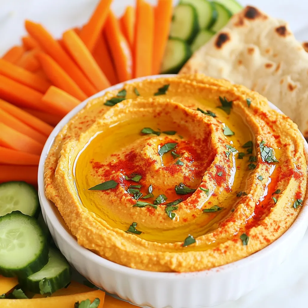 - Canned chickpeas: Use one can of chickpeas, about 15 oz. Drain and rinse them well. This step is key for a smoother texture. Chickpeas are rich in protein and fiber, making them a great base for hummus. - Roasted red pepper: You can use one large roasted red pepper. You have two options: store-bought or homemade. Store-bought is easy and time-saving. Homemade adds a smoky flavor. To make it at home, roast a fresh red pepper over an open flame or in the oven until the skin blisters. - Essential flavoring elements: Three key ingredients bring flavor. First, tahini, which is sesame paste, adds creaminess. Next, garlic, minced for a fresh taste. Finally, ground cumin gives a warm, earthy flavor. - Paprika: A sprinkle of paprika adds a pop of color and a hint of warmth. It enhances the look and taste of your hummus. - Fresh parsley: Chopped parsley not only looks great but also adds a fresh taste. It brightens the dish and makes it more appealing. - Additional topping ideas: A drizzle of olive oil on top adds richness. You can also add toasted pine nuts or sunflower seeds for extra texture. These ingredients come together to create a delicious Roasted Red Pepper Hummus. Each one plays a role in building flavor and texture. Enjoy the process of making it, and get ready for a tasty dip! {{ingredient_image_1}} To make roasted red pepper hummus, start by gathering your ingredients. You need chickpeas, roasted red pepper, tahini, olive oil, lemon juice, minced garlic, and ground cumin. 1. Combine Ingredients: Place the drained chickpeas into a food processor. Add the roasted red pepper, tahini, olive oil, lemon juice, minced garlic, and ground cumin. 2. Blend for Smoothness: Turn on the food processor. Blend on high speed. Scrape down the sides of the bowl if needed. Keep blending until the mixture is smooth. Sometimes hummus can be too thick. If this happens, you can fix it easily. - Add Water Gradually: Start by adding 1 tablespoon of water. Blend again. If it's still thick, keep adding water, one tablespoon at a time. This helps you control the texture. - Perfect Texture Tips: Aim for a creamy and spreadable consistency. You want it smooth enough to scoop but thick enough to hold its shape. Now it’s time to make your hummus taste great and look nice. - Seasoning: Add salt and black pepper to taste. Blend again until the seasoning is fully mixed in. This step enhances the flavor. - Serving Presentation Ideas: Use a serving bowl to transfer your hummus. Drizzle a little olive oil on top. Sprinkle some paprika and freshly chopped parsley for a pop of color. Serve it with warm pita bread and fresh veggies like carrot sticks and cucumber slices arranged around the bowl. To make the best roasted red pepper hummus, consider roasting your own peppers. Here’s how: - Choose the right peppers: Use bright, ripe red peppers for the best flavor. - Roasting method: Place whole peppers on a baking sheet. Broil them for about 15 minutes. Turn them until they are charred and soft. - Peeling: Once cooled, peel off the skin. The sweet taste is worth the effort. Next, use high-quality olive oil. It adds rich flavor to your hummus and enhances the overall taste. One mistake is ending up with a gritty texture. To avoid this, blend the hummus long enough. If needed, scrape down the sides of the bowl during blending. Another mistake is over-processing or under-processing the mixture. Blend until smooth, but don’t make it too thin. A little texture can be nice! To keep your hummus fresh, store it in an airtight container. Place a thin layer of olive oil on top to seal in moisture. It can last in the fridge for up to a week. If you need to reheat it, do so gently. Use a microwave on low power. Stir it often to keep it creamy and delicious. Pro Tips Use Fresh Ingredients: Fresh lemon juice and high-quality olive oil will enhance the flavor of your hummus significantly. Experiment with Spices: Feel free to customize your hummus by adding spices like smoked paprika or cayenne pepper for an extra kick. Chill Before Serving: Allow the hummus to chill in the refrigerator for at least 30 minutes before serving to let the flavors meld together. Make it Creamier: For an ultra-smooth texture, peel the skins off the chickpeas before blending. {{image_2}} You can change the taste of your roasted red pepper hummus with spices. Smoked paprika adds a warm, earthy flavor. Start with half a teaspoon and blend it in. Taste and add more if you like. For a spicy kick, try jalapeños or sriracha. A small amount will go a long way, so add it slowly. Blend until smooth and enjoy the new depth of flavor. This hummus is naturally vegan, making it great for plant-based diets. If you want a low-sodium option, rinse your chickpeas well. Skip the additional salt or use a salt substitute. You can also swap tahini for a nut-based butter if you have allergies. These simple changes keep the flavor while catering to your needs. You can serve roasted red pepper hummus with many dippers. Pita chips and veggie sticks are classic choices. Try using crackers for a crunchy twist. You can also pair it with fresh bread, like baguettes or sourdough. For a fun twist, serve it with tortilla chips. These options work well with different cuisines too. Think Mediterranean, Middle Eastern, or even Mexican flair. Enjoy exploring these delicious pairings! Each serving of roasted red pepper hummus holds about 100 calories. This makes it a light snack or dip. The main ingredient, chickpeas, adds protein and fiber. Other nutrients include: - Protein: About 5 grams - Fiber: Approximately 2 grams - Healthy Fats: From olive oil and tahini - Vitamins: Vitamin C from roasted red peppers These nutrients make hummus not just tasty, but also good for you. Chickpeas are legumes that pack a nutritious punch. They help with digestion due to their fiber content. They also may support heart health. Roasted red peppers bring their own perks. They are high in antioxidants, which help protect your cells. Antioxidants fight damage from free radicals. This can lead to better overall health. Homemade roasted red pepper hummus shines against store-bought kinds. Store versions often contain preservatives and extra calories. When you make it yourself, you control the ingredients. You get fresh flavors without additives. Homemade hummus is often more nutrient-rich. It gives you both taste and health benefits. To make hummus creamier, you can try these tips: - Use fresh lemon juice instead of bottled. - Add more tahini for richness. - Blend longer to smooth out the texture. - Gradually add cold water while blending until you reach your desired smoothness. These steps help create a silky hummus. Each change enhances the richness. The mixing method matters, too. Blend until it looks smooth and creamy. Yes, you can make Roasted Red Pepper Hummus ahead of time. Here’s how to do it: - Store it in an airtight container in the fridge. - Keep it covered to avoid drying out. - Use it within 3-5 days for the best taste. If you notice it thickens, just stir in a bit of water before serving. This keeps the flavor fresh. The hummus gets better as it sits, allowing flavors to blend. You can find pre-made Roasted Red Pepper Hummus at most grocery stores. Look in these areas: - The deli section usually has fresh options. - The refrigerated aisle often features brand-name varieties. - Some stores may have local brands with unique flavors. Check the label for fresh ingredients. This ensures you get quality hummus that tastes great. Yes, Roasted Red Pepper Hummus is gluten-free. The main ingredients like chickpeas and tahini do not contain gluten. If you buy premade hummus, check the label. Some brands may add ingredients that contain gluten. For a safe option, make your own at home. This way, you control every ingredient. Roasted red pepper hummus is easy to make and tasty. You learned about the key ingredients, like chickpeas and tahini. I shared tips for blending to get a smooth texture. We also covered ways to enhance flavor and avoid common mistakes. In the end, this hummus is a healthy snack you can enjoy anytime. It offers great flavor, and you can customize it to fit your diet. Try your own creations, and make snacking fun and delicious.