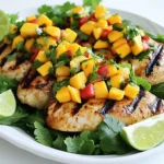 - 4 boneless, skinless chicken breasts - Fresh mango salsa ingredients: - 2 ripe mangoes, diced - 1 red bell pepper, finely chopped - 1 small red onion, finely chopped - 1 jalapeño, deseeded and minced - 1/4 cup fresh cilantro, chopped - 2 tablespoons lime juice - Spices and Seasoning - 1 tablespoon olive oil - 1 teaspoon cumin - Salt and pepper to taste For this dish, you need fresh and ripe ingredients. Start with the chicken breasts. They should be boneless and skinless for easy cooking. You want them tender and juicy. Next, let’s talk about the salsa. The key ingredient is ripe mangoes. They add sweetness and flavor. You’ll also need a red bell pepper. This adds crunch and color. The red onion gives a nice bite, while the jalapeño brings some heat. Don’t forget the fresh cilantro; it brightens the dish. Lime juice adds acidity. It balances the sweetness of the mango. For spices, olive oil helps everything stick to the chicken. Cumin adds a warm, earthy flavor. Salt and pepper enhance all the tastes. Gather all these ingredients before you start. This makes cooking easier and more fun! To marinate the chicken, I mix cumin, salt, pepper, and olive oil in a small bowl. I rub this blend all over the chicken breasts. Make sure each piece is fully coated. This step brings out the flavors. For best results, let the chicken marinate for at least 30 minutes. If you have time, marinate for a few hours. This helps the spices soak in deeper. While the chicken marinates, I prepare the mango salsa. I start by dicing two ripe mangoes. Next, I finely chop one red bell pepper and a small red onion. I deseed and mince one jalapeño for a little heat. Then, I add 1/4 cup of chopped cilantro and 2 tablespoons of lime juice. After mixing all the ingredients in a medium bowl, I let the salsa sit. Letting it rest allows the flavors to meld together beautifully. Now, it's time to grill the chicken. I preheat the grill to medium-high heat. Lightly oil the grill grates to prevent sticking. I place the marinated chicken on the grill and cook for about 6-7 minutes on each side. I check the internal temperature with a meat thermometer. The chicken should reach 165°F (75°C). Once cooked, I remove the chicken and let it rest for 5 minutes. This helps keep it juicy. To serve, I plate the chicken on a bed of mixed greens. I top it generously with the fresh mango salsa for a colorful look. Adding lime wedges not only enhances the taste but also adds a splash of color. This presentation makes the dish appealing and fun to eat! To get juicy chicken, start with a good marinade. Mix olive oil, cumin, salt, and pepper. Rub this all over the chicken. Let it marinate for at least 30 minutes. This helps the flavors soak in. For grilling, preheat your grill to medium-high heat. This ensures the chicken cooks evenly. Lightly oil the grill grates to help prevent sticking. Grill the chicken breasts for about 6-7 minutes on each side. Use a meat thermometer to check for doneness. The chicken should reach 165°F (75°C) at the thickest part. You can change your salsa based on your taste. Try adding diced pineapple or chopped tomatoes for a new twist. You can also use herbs like mint or basil for fresh flavor. If you prefer spicy salsa, add more jalapeño or a dash of hot sauce. For a milder version, leave out the jalapeño or use a sweet pepper instead. Mix and match to find your perfect flavor. Mango Salsa Grilled Chicken is a healthy meal. Each serving has about 300 calories, 30 grams of protein, and healthy fats from the olive oil. It is low in carbs, making it great for many diets. To complement this dish, consider serving it with a side of brown rice or quinoa. A light salad with mixed greens also pairs well. These sides add extra nutrition and balance the meal. {{image_2}} You can easily use fish or shrimp with mango salsa. Grilled salmon or shrimp works great. They soak up the salsa's flavors well. Simply follow the same marinating steps. Grill until cooked through. Fish usually cooks faster than chicken, so watch the time closely. Pair your chicken with tasty side dishes. Consider serving with rice or quinoa. A fresh salad can add crunch and color. Grilled vegetables also make a perfect match. For serving styles, you can plate the chicken on a bed of greens. Top it with a generous scoop of salsa. A sprinkle of lime juice brightens the dish. For a meatless version, try using portobello mushrooms or tofu. They grill well and absorb flavors. To make a vegan-friendly salsa, stick to the original recipe but swap honey with agave syrup. You can also add black beans for extra protein and texture. To keep your grilled chicken fresh, store it in the fridge. Place the chicken in an airtight container. It will last for about 3 to 4 days. Make sure to cool the chicken to room temperature before sealing it. If you want to keep the chicken longer, freezing is a good option. Wrap each piece tightly in plastic wrap, then place it in a freezer bag. This way, it can last for up to 3 months. When you’re ready to eat it, thaw it in the fridge overnight. To keep your mango salsa fresh, use a clean, dry container. A glass jar with a lid works best. Keep it in the fridge. It can stay fresh for about 2 to 3 days. If you want to store it longer, consider freezing it. Use ice cube trays to freeze small portions. Once frozen, transfer the cubes to a freezer bag. This makes it easy to use later. For the chicken, the best way to reheat is in the oven. Preheat it to 350°F (175°C). Place the chicken on a baking sheet. Heat for about 15-20 minutes, or until warm. To refresh your mango salsa, simply take it out of the fridge. Stir gently to mix the flavors again. If it seems dry, add a splash of lime juice for a fresh taste. To add heat, you can include more jalapeño. Use a whole jalapeño for a kick. You might also try a serrano pepper for added spice. If you want a smoky flavor, add a pinch of smoked paprika. Always taste as you go. You can mix in some hot sauce for a different flavor too. Adjust to your taste! Yes, you can grill chicken indoors. Use a grill pan on your stovetop. This method works well for searing. You can also bake the chicken in the oven. Set it to 400°F (200°C) and cook for 20-25 minutes. Just ensure the chicken reaches 165°F (75°C) for safety. Indoor grilling is a great option for rainy days. This dish pairs well with many sides. Try serving it with rice or quinoa for a filling meal. A fresh salad with greens adds crunch. You can also serve grilled veggies like zucchini or bell peppers. Corn on the cob complements the flavors well. Tortilla chips with extra salsa make a fun appetizer too! Mango salsa grilled chicken blends fresh flavors and juicy chicken. We discussed key ingredients like ripe mangoes, red peppers, and spices that make each bite pop. You learned to marinate, grill, and serve this dish with ease. Remember, grilling techniques and customizing salsa can make this meal fun and delicious. Try pairing it with healthy sides to boost nutrition. With a bit of practice, you'll impress family and friends with this vibrant dish. Enjoy experimenting and making it your own!