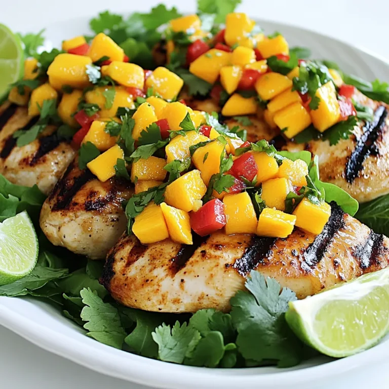 - 4 boneless, skinless chicken breasts - Fresh mango salsa ingredients: - 2 ripe mangoes, diced - 1 red bell pepper, finely chopped - 1 small red onion, finely chopped - 1 jalapeño, deseeded and minced - 1/4 cup fresh cilantro, chopped - 2 tablespoons lime juice - Spices and Seasoning - 1 tablespoon olive oil - 1 teaspoon cumin - Salt and pepper to taste For this dish, you need fresh and ripe ingredients. Start with the chicken breasts. They should be boneless and skinless for easy cooking. You want them tender and juicy. Next, let’s talk about the salsa. The key ingredient is ripe mangoes. They add sweetness and flavor. You’ll also need a red bell pepper. This adds crunch and color. The red onion gives a nice bite, while the jalapeño brings some heat. Don’t forget the fresh cilantro; it brightens the dish. Lime juice adds acidity. It balances the sweetness of the mango. For spices, olive oil helps everything stick to the chicken. Cumin adds a warm, earthy flavor. Salt and pepper enhance all the tastes. Gather all these ingredients before you start. This makes cooking easier and more fun! To marinate the chicken, I mix cumin, salt, pepper, and olive oil in a small bowl. I rub this blend all over the chicken breasts. Make sure each piece is fully coated. This step brings out the flavors. For best results, let the chicken marinate for at least 30 minutes. If you have time, marinate for a few hours. This helps the spices soak in deeper. While the chicken marinates, I prepare the mango salsa. I start by dicing two ripe mangoes. Next, I finely chop one red bell pepper and a small red onion. I deseed and mince one jalapeño for a little heat. Then, I add 1/4 cup of chopped cilantro and 2 tablespoons of lime juice. After mixing all the ingredients in a medium bowl, I let the salsa sit. Letting it rest allows the flavors to meld together beautifully. Now, it's time to grill the chicken. I preheat the grill to medium-high heat. Lightly oil the grill grates to prevent sticking. I place the marinated chicken on the grill and cook for about 6-7 minutes on each side. I check the internal temperature with a meat thermometer. The chicken should reach 165°F (75°C). Once cooked, I remove the chicken and let it rest for 5 minutes. This helps keep it juicy. To serve, I plate the chicken on a bed of mixed greens. I top it generously with the fresh mango salsa for a colorful look. Adding lime wedges not only enhances the taste but also adds a splash of color. This presentation makes the dish appealing and fun to eat! To get juicy chicken, start with a good marinade. Mix olive oil, cumin, salt, and pepper. Rub this all over the chicken. Let it marinate for at least 30 minutes. This helps the flavors soak in. For grilling, preheat your grill to medium-high heat. This ensures the chicken cooks evenly. Lightly oil the grill grates to help prevent sticking. Grill the chicken breasts for about 6-7 minutes on each side. Use a meat thermometer to check for doneness. The chicken should reach 165°F (75°C) at the thickest part. You can change your salsa based on your taste. Try adding diced pineapple or chopped tomatoes for a new twist. You can also use herbs like mint or basil for fresh flavor. If you prefer spicy salsa, add more jalapeño or a dash of hot sauce. For a milder version, leave out the jalapeño or use a sweet pepper instead. Mix and match to find your perfect flavor. Mango Salsa Grilled Chicken is a healthy meal. Each serving has about 300 calories, 30 grams of protein, and healthy fats from the olive oil. It is low in carbs, making it great for many diets. To complement this dish, consider serving it with a side of brown rice or quinoa. A light salad with mixed greens also pairs well. These sides add extra nutrition and balance the meal. {{image_2}} You can easily use fish or shrimp with mango salsa. Grilled salmon or shrimp works great. They soak up the salsa's flavors well. Simply follow the same marinating steps. Grill until cooked through. Fish usually cooks faster than chicken, so watch the time closely. Pair your chicken with tasty side dishes. Consider serving with rice or quinoa. A fresh salad can add crunch and color. Grilled vegetables also make a perfect match. For serving styles, you can plate the chicken on a bed of greens. Top it with a generous scoop of salsa. A sprinkle of lime juice brightens the dish. For a meatless version, try using portobello mushrooms or tofu. They grill well and absorb flavors. To make a vegan-friendly salsa, stick to the original recipe but swap honey with agave syrup. You can also add black beans for extra protein and texture. To keep your grilled chicken fresh, store it in the fridge. Place the chicken in an airtight container. It will last for about 3 to 4 days. Make sure to cool the chicken to room temperature before sealing it. If you want to keep the chicken longer, freezing is a good option. Wrap each piece tightly in plastic wrap, then place it in a freezer bag. This way, it can last for up to 3 months. When you’re ready to eat it, thaw it in the fridge overnight. To keep your mango salsa fresh, use a clean, dry container. A glass jar with a lid works best. Keep it in the fridge. It can stay fresh for about 2 to 3 days. If you want to store it longer, consider freezing it. Use ice cube trays to freeze small portions. Once frozen, transfer the cubes to a freezer bag. This makes it easy to use later. For the chicken, the best way to reheat is in the oven. Preheat it to 350°F (175°C). Place the chicken on a baking sheet. Heat for about 15-20 minutes, or until warm. To refresh your mango salsa, simply take it out of the fridge. Stir gently to mix the flavors again. If it seems dry, add a splash of lime juice for a fresh taste. To add heat, you can include more jalapeño. Use a whole jalapeño for a kick. You might also try a serrano pepper for added spice. If you want a smoky flavor, add a pinch of smoked paprika. Always taste as you go. You can mix in some hot sauce for a different flavor too. Adjust to your taste! Yes, you can grill chicken indoors. Use a grill pan on your stovetop. This method works well for searing. You can also bake the chicken in the oven. Set it to 400°F (200°C) and cook for 20-25 minutes. Just ensure the chicken reaches 165°F (75°C) for safety. Indoor grilling is a great option for rainy days. This dish pairs well with many sides. Try serving it with rice or quinoa for a filling meal. A fresh salad with greens adds crunch. You can also serve grilled veggies like zucchini or bell peppers. Corn on the cob complements the flavors well. Tortilla chips with extra salsa make a fun appetizer too! Mango salsa grilled chicken blends fresh flavors and juicy chicken. We discussed key ingredients like ripe mangoes, red peppers, and spices that make each bite pop. You learned to marinate, grill, and serve this dish with ease. Remember, grilling techniques and customizing salsa can make this meal fun and delicious. Try pairing it with healthy sides to boost nutrition. With a bit of practice, you'll impress family and friends with this vibrant dish. Enjoy experimenting and making it your own!