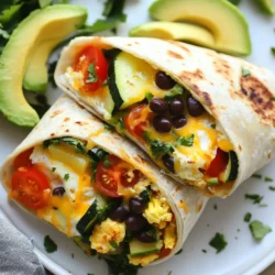To make these veggie packed breakfast burritos, gather the following: - 6 large flour tortillas - 1 cup black beans, rinsed and drained - 1 cup bell peppers, diced (mix of red, green, and yellow) - 1 cup zucchini, diced - 1 cup spinach, chopped - 1 cup cherry tomatoes, halved - 4 large eggs - 1/2 cup shredded cheese (cheddar or Mexican blend) - 1 tablespoon olive oil - 1 teaspoon cumin - 1 teaspoon paprika - Salt and pepper to taste - Optional toppings: avocado slices, salsa, fresh cilantro Each burrito contains approximately: - Calories: 320 - Protein: 14g - Fats: 12g - Carbohydrates: 42g These numbers can vary based on your choice of cheese and any added toppings. To enhance your breakfast burritos, consider these tasty options: - Slices of creamy avocado for richness - Fresh salsa for a zesty kick - Chopped cilantro for a burst of freshness These toppings add flavor and nutrients, making your burrito even better! {{ingredient_image_1}} Start by heating olive oil in a large skillet over medium heat. Once hot, add the diced bell peppers and zucchini. Sauté them for about 4 to 5 minutes. You want them to soften but not mushy. Next, add the chopped spinach and halved cherry tomatoes. Cook for another 2 to 3 minutes until the spinach wilts and the tomatoes soften. This mix brings vibrant colors and great taste to your burritos. Finally, stir in the rinsed black beans, cumin, paprika, salt, and pepper. Cook for 2 to 3 minutes to heat the beans through. In a separate bowl, whisk the eggs until they are well-beaten. Pour the eggs into the skillet with your cooked veggies. Stir the mixture gently as the eggs cook. This should take about 4 to 5 minutes. You want the eggs fully cooked and scrambled but still soft. When the eggs are done, remove the skillet from the heat. Stir in the shredded cheese until it melts and combines with the veggies and eggs. To assemble, take a large tortilla and place a generous portion of the veggie-egg mixture in the center. Fold the sides of the tortilla over the filling, then roll it from the bottom up to create a wrap. Make sure it’s snug but not too tight. To get a crispy finish, place the burritos seam-side down in a hot skillet or grill. Cook for about 3 minutes on each side until they turn golden brown and crispy. This step adds great texture and flavor. Enjoy your burritos warm with optional toppings like avocado, salsa, or fresh cilantro. To avoid soggy tortillas, make sure you don't overfill them. A good rule is to use only a portion of the filling. Also, warm the tortillas before wrapping. You can do this by placing them in a hot skillet for just a few seconds on each side. This helps keep them flexible and less likely to tear. Feel free to mix in other vegetables. You might try mushrooms, kale, or corn for added flavor. If you want protein, add cooked chicken or crumbled sausage. You can also use tofu if you prefer a plant-based option. The key is to balance flavors and textures while keeping it wholesome. You can cook your burritos in a skillet or on a grill. For skillet cooking, use medium heat and flip them carefully. This gives a nice golden crust. If you grill them, watch closely to avoid burning. Grilling adds a smoky flavor that many love. Both methods work well, so choose what fits your taste! Pro Tips Use Fresh Vegetables: Fresh vegetables not only enhance the flavor of your burritos but also boost their nutritional value. Choose seasonal produce for the best taste. Customize Your Fillings: Feel free to swap or add other ingredients like mushrooms, corn, or different types of beans to suit your taste preferences. Make Ahead: Prepare the veggie-egg mixture ahead of time and store it in the fridge. You can assemble the burritos in the morning for a quick breakfast. Experiment with Spices: Spice things up by adding hot sauce or experimenting with different spices and herbs to elevate the flavor profile of your burritos. {{image_2}} For a vegan version, you can skip the eggs and cheese. Use tofu instead of eggs. Scramble the tofu in the skillet with your veggies. For cheese, try a vegan cheese or nutritional yeast. Both options add a creamy texture. You’ll still enjoy all the great flavors. If you love meat, you can add bacon or sausage. Cook the bacon first until crispy. Remove it and use the fat to sauté your veggies. For sausage, crumble it and cook it with the vegetables. This adds a savory touch to your burrito. You can also use chicken or beef for a hearty meal. To change the spice level, add different spices or hot sauce. For mild heat, use paprika or mild salsa. If you want more kick, add cayenne pepper or jalapeños. You can even drizzle hot sauce on top before serving. This lets everyone control their spice level. To store leftover burritos, let them cool first. Wrap each burrito in foil or plastic wrap. Place them in an airtight container. This keeps them fresh and tasty for later. Store in the fridge for up to three days. When ready to eat, simply unwrap and reheat. For freezing, wrap each burrito tightly in foil or plastic wrap. Place them in a freezer-safe bag. Be sure to squeeze out as much air as possible. They can freeze well for up to three months. To reheat, take a burrito out of the freezer. Unwrap it and place it on a plate. Microwave it for about two to three minutes or until hot. You can also reheat in an oven at 350°F for about 20 minutes. These burritos stay fresh in the fridge for about three days. In the freezer, they last up to three months. Always check for signs of spoilage, such as an off smell or discoloration. Enjoy your burritos while they're still delicious! Yes, you can make these burritos ahead of time. To prepare, follow the recipe and let the burritos cool completely. Wrap each burrito tightly in foil or plastic wrap. Store them in the fridge for up to three days. For longer storage, freeze them for up to three months. When ready to eat, just reheat as needed. If you want a gluten-free option, use corn tortillas. They work well and add a nice flavor. For low-carb diets, try using lettuce leaves or cauliflower wraps. Both options can hold the filling well and keep your meal light. To reheat burritos, you have a few options. The microwave is quick; just heat for one to two minutes. For a crispy texture, use a skillet. Heat it over medium heat for about three to four minutes on each side. You can also use an oven. Preheat to 350°F and bake for 10-15 minutes. This blog post covered all you need to know to make great burritos. We broke down the ingredients, cooking steps, and tips for perfecting them. From choosing the right toppings to customizing your fillings, you have options. Remember to store leftovers properly, so they stay fresh. Whether you prefer a vegan dish or a meat lover's version, there's a burrito for you. Enjoy your cooking, and savor each bite of your homemade burritos!