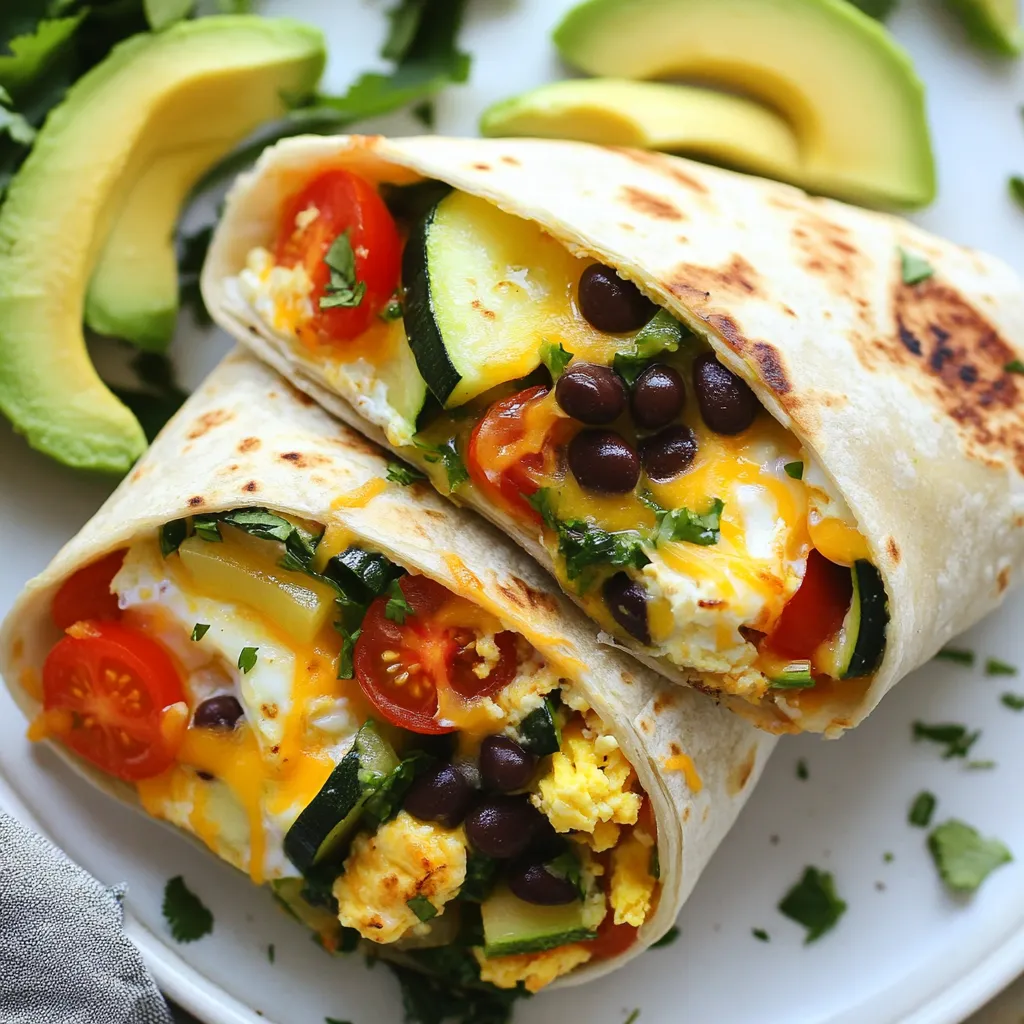 To make these veggie packed breakfast burritos, gather the following: - 6 large flour tortillas - 1 cup black beans, rinsed and drained - 1 cup bell peppers, diced (mix of red, green, and yellow) - 1 cup zucchini, diced - 1 cup spinach, chopped - 1 cup cherry tomatoes, halved - 4 large eggs - 1/2 cup shredded cheese (cheddar or Mexican blend) - 1 tablespoon olive oil - 1 teaspoon cumin - 1 teaspoon paprika - Salt and pepper to taste - Optional toppings: avocado slices, salsa, fresh cilantro Each burrito contains approximately: - Calories: 320 - Protein: 14g - Fats: 12g - Carbohydrates: 42g These numbers can vary based on your choice of cheese and any added toppings. To enhance your breakfast burritos, consider these tasty options: - Slices of creamy avocado for richness - Fresh salsa for a zesty kick - Chopped cilantro for a burst of freshness These toppings add flavor and nutrients, making your burrito even better! {{ingredient_image_1}} Start by heating olive oil in a large skillet over medium heat. Once hot, add the diced bell peppers and zucchini. Sauté them for about 4 to 5 minutes. You want them to soften but not mushy. Next, add the chopped spinach and halved cherry tomatoes. Cook for another 2 to 3 minutes until the spinach wilts and the tomatoes soften. This mix brings vibrant colors and great taste to your burritos. Finally, stir in the rinsed black beans, cumin, paprika, salt, and pepper. Cook for 2 to 3 minutes to heat the beans through. In a separate bowl, whisk the eggs until they are well-beaten. Pour the eggs into the skillet with your cooked veggies. Stir the mixture gently as the eggs cook. This should take about 4 to 5 minutes. You want the eggs fully cooked and scrambled but still soft. When the eggs are done, remove the skillet from the heat. Stir in the shredded cheese until it melts and combines with the veggies and eggs. To assemble, take a large tortilla and place a generous portion of the veggie-egg mixture in the center. Fold the sides of the tortilla over the filling, then roll it from the bottom up to create a wrap. Make sure it’s snug but not too tight. To get a crispy finish, place the burritos seam-side down in a hot skillet or grill. Cook for about 3 minutes on each side until they turn golden brown and crispy. This step adds great texture and flavor. Enjoy your burritos warm with optional toppings like avocado, salsa, or fresh cilantro. To avoid soggy tortillas, make sure you don't overfill them. A good rule is to use only a portion of the filling. Also, warm the tortillas before wrapping. You can do this by placing them in a hot skillet for just a few seconds on each side. This helps keep them flexible and less likely to tear. Feel free to mix in other vegetables. You might try mushrooms, kale, or corn for added flavor. If you want protein, add cooked chicken or crumbled sausage. You can also use tofu if you prefer a plant-based option. The key is to balance flavors and textures while keeping it wholesome. You can cook your burritos in a skillet or on a grill. For skillet cooking, use medium heat and flip them carefully. This gives a nice golden crust. If you grill them, watch closely to avoid burning. Grilling adds a smoky flavor that many love. Both methods work well, so choose what fits your taste! Pro Tips Use Fresh Vegetables: Fresh vegetables not only enhance the flavor of your burritos but also boost their nutritional value. Choose seasonal produce for the best taste. Customize Your Fillings: Feel free to swap or add other ingredients like mushrooms, corn, or different types of beans to suit your taste preferences. Make Ahead: Prepare the veggie-egg mixture ahead of time and store it in the fridge. You can assemble the burritos in the morning for a quick breakfast. Experiment with Spices: Spice things up by adding hot sauce or experimenting with different spices and herbs to elevate the flavor profile of your burritos. {{image_2}} For a vegan version, you can skip the eggs and cheese. Use tofu instead of eggs. Scramble the tofu in the skillet with your veggies. For cheese, try a vegan cheese or nutritional yeast. Both options add a creamy texture. You’ll still enjoy all the great flavors. If you love meat, you can add bacon or sausage. Cook the bacon first until crispy. Remove it and use the fat to sauté your veggies. For sausage, crumble it and cook it with the vegetables. This adds a savory touch to your burrito. You can also use chicken or beef for a hearty meal. To change the spice level, add different spices or hot sauce. For mild heat, use paprika or mild salsa. If you want more kick, add cayenne pepper or jalapeños. You can even drizzle hot sauce on top before serving. This lets everyone control their spice level. To store leftover burritos, let them cool first. Wrap each burrito in foil or plastic wrap. Place them in an airtight container. This keeps them fresh and tasty for later. Store in the fridge for up to three days. When ready to eat, simply unwrap and reheat. For freezing, wrap each burrito tightly in foil or plastic wrap. Place them in a freezer-safe bag. Be sure to squeeze out as much air as possible. They can freeze well for up to three months. To reheat, take a burrito out of the freezer. Unwrap it and place it on a plate. Microwave it for about two to three minutes or until hot. You can also reheat in an oven at 350°F for about 20 minutes. These burritos stay fresh in the fridge for about three days. In the freezer, they last up to three months. Always check for signs of spoilage, such as an off smell or discoloration. Enjoy your burritos while they're still delicious! Yes, you can make these burritos ahead of time. To prepare, follow the recipe and let the burritos cool completely. Wrap each burrito tightly in foil or plastic wrap. Store them in the fridge for up to three days. For longer storage, freeze them for up to three months. When ready to eat, just reheat as needed. If you want a gluten-free option, use corn tortillas. They work well and add a nice flavor. For low-carb diets, try using lettuce leaves or cauliflower wraps. Both options can hold the filling well and keep your meal light. To reheat burritos, you have a few options. The microwave is quick; just heat for one to two minutes. For a crispy texture, use a skillet. Heat it over medium heat for about three to four minutes on each side. You can also use an oven. Preheat to 350°F and bake for 10-15 minutes. This blog post covered all you need to know to make great burritos. We broke down the ingredients, cooking steps, and tips for perfecting them. From choosing the right toppings to customizing your fillings, you have options. Remember to store leftovers properly, so they stay fresh. Whether you prefer a vegan dish or a meat lover's version, there's a burrito for you. Enjoy your cooking, and savor each bite of your homemade burritos!