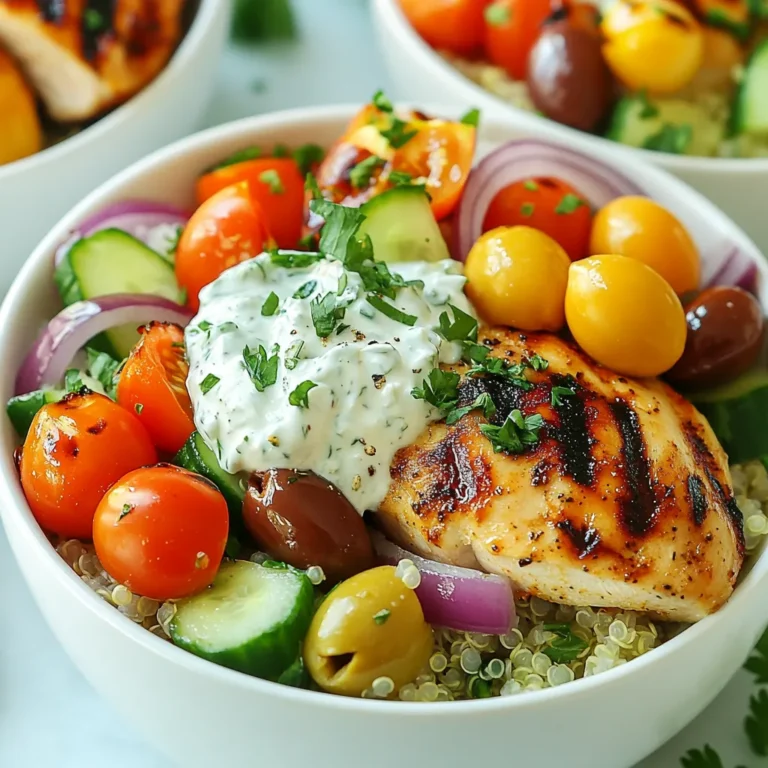 - 1 lb boneless, skinless chicken thighs - 2 tablespoons olive oil - 3 cloves garlic, minced - 2 teaspoons dried oregano - 1 teaspoon ground cumin - 1 teaspoon paprika - Salt and pepper to taste The main ingredients make this dish rich and flavorful. Chicken thighs are juicy and tender. Olive oil adds healthy fat and flavor. Garlic brings a nice punch to the marinade. Oregano, cumin, and paprika give that classic Greek taste. Don't forget salt and pepper for balance. - 1 cup cherry tomatoes, halved - 1 cucumber, diced - ½ red onion, thinly sliced - ½ cup Kalamata olives, pitted and halved Fresh ingredients add crunch and color. Cherry tomatoes burst with sweetness. Cucumber cools the dish and adds hydration. Red onion gives a sharp bite. Kalamata olives add a briny note, enhancing the flavors of the bowl. - 2 cups cooked quinoa or brown rice - 1 cup tzatziki sauce - 4 pitas, cut into triangles (optional) - Fresh parsley for garnish Quinoa or brown rice serves as a hearty base. They provide fiber and nutrients. Tzatziki sauce adds creaminess and tang. It is a must-have for this dish. If you enjoy pita, toast it for a crunchy side. Fresh parsley brightens the bowl and adds a pop of color. {{ingredient_image_1}} - Ingredients for marinade: Combine 2 tablespoons of olive oil, 3 minced garlic cloves, 2 teaspoons of dried oregano, 1 teaspoon of ground cumin, 1 teaspoon of paprika, salt, and pepper to taste. - How long to marinate: Let the chicken thighs marinate for at least 30 minutes. For more flavor, marinate overnight in the fridge. - Grill/pan preparation: Preheat your grill or a grill pan over medium heat. This helps achieve nice grill marks and juicy chicken. - Cooking time and temperature: Cook the marinated chicken thighs for about 6-7 minutes on each side. Ensure the internal temperature reaches 165°F (75°C). After cooking, let the chicken rest for 5 minutes before slicing. - Layering quinoa/rice and chicken: In serving bowls, start with a base of 2 cups of cooked quinoa or brown rice. Top with sliced grilled chicken. - Arranging vegetables and tzatziki: Add cherry tomatoes, cucumber, red onion, and Kalamata olives around the chicken. Finish with a generous dollop of tzatziki sauce on top. Garnish with fresh parsley for color and flavor. If you like, serve with toasted pita triangles on the side for extra crunch. Marinating your chicken overnight makes a big difference. It allows the flavors to soak in deeply. You get tender, juicy chicken that bursts with taste. If you're short on time, try to marinate it for at least 30 minutes. Adding lemon juice or yogurt can enhance the flavor even more. Always check that your chicken is fully cooked. The internal temperature should hit 165°F (75°C). I like to use a meat thermometer for this. Grill the chicken on medium heat for even cooking. Make sure to turn the chicken only once to get nice grill marks. Let it rest for 5 minutes after cooking. This keeps it juicy. Serve your gyro bowls with fresh pita on the side. Toasting the pita for a minute adds a nice crunch. I love to layer the quinoa or brown rice first. Then, add the chicken and colorful veggies for a vibrant look. Top it with tzatziki sauce and a sprinkle of parsley for a fresh finish. This makes your meal not only tasty but also beautiful! Pro Tips Marinate for Maximum Flavor: Let the chicken marinate for at least 30 minutes, but for best results, marinate overnight to allow the flavors to penetrate deeply. Perfectly Grilled Chicken: Ensure that your grill is preheated properly before adding the chicken. This helps achieve a nice sear and prevents sticking. Fresh Ingredients Matter: Use fresh vegetables and herbs for the best flavor. Freshness enhances the overall taste of the dish and makes it more vibrant. Customize Your Bowl: Feel free to add or substitute other vegetables like bell peppers or avocado to suit your taste. This dish is versatile and can easily be adapted! {{image_2}} You can easily make this dish vegetarian. Instead of chicken, use grilled vegetables or chickpeas. Grilled zucchini, bell peppers, and eggplant add great flavor. Roasted chickpeas give a nice crunch and protein boost. Simply season them with olive oil, garlic, and spices before grilling or roasting. This swap keeps the meal satisfying and fresh. If you want to change up the base, there are many options. You can use farro, couscous, or even cauliflower rice. Each base brings a different taste and texture. For a lighter option, try mixed greens instead of grains. This keeps the dish fresh and crisp while lowering carbs. Tzatziki is a classic, but you can explore other sauces. You could make a homemade version with yogurt, dill, cucumber, and lemon juice. If you’re short on time, store-bought tzatziki works well too. Other great sauces include hummus or a spicy yogurt sauce. Each option adds its own unique twist and flavor to your gyro bowl. To keep your Greek Chicken Gyro Bowls fresh, store them in the fridge. Use airtight containers to prevent moisture loss. Make sure to separate the chicken from the veggies and grains. This helps keep everything crisp and tasty. Leftovers generally stay good for up to three days in the fridge. When it's time to eat your leftovers, reheating them properly is key. You can microwave the chicken and grains together. Use medium heat for about 1-2 minutes, stirring halfway. If you prefer, heat everything in a pan over low heat. This method keeps the chicken juicy and avoids drying it out. You can freeze Greek Chicken Gyro Bowls for longer storage. Put them in freezer-safe containers. They last about three months in the freezer. For best results, freeze the chicken and quinoa or rice separately from the fresh veggies. To thaw, place the bowl in the fridge overnight. If you’re in a hurry, a quick microwave can help too. A gyro bowl is a dish inspired by Greek gyros. It combines grilled meat and fresh veggies in a bowl. Traditionally, gyros are made with meat cooked on a vertical rotisserie. The gyro bowl offers a fun twist. It replaces pita with grains like quinoa or rice. This dish is colorful and packed with flavors that blend beautifully. Yes, you can use chicken breast if you prefer. Chicken breast is leaner than thighs. It may cook faster and be less juicy. If you choose breast, marinate it for at least 30 minutes. This helps keep it moist. Cook it until the internal temperature reaches 165°F (75°C). Adjust the cooking time to avoid drying out the meat. To make this dish gluten-free, swap out the pita for gluten-free options. You can use lettuce wraps or simply enjoy it without bread. Ensure your tzatziki sauce is gluten-free as well. Most store-bought versions are safe, but always check the labels. For grains, choose certified gluten-free quinoa or brown rice. These swaps keep the flavors while making the dish suitable for everyone. In this post, we explored how to create delicious gyro bowls using simple ingredients. We covered marinating chicken thighs, cooking tips, and how to assemble your bowls with fresh veggies and sauce. Remember, you can adapt this recipe to fit your diet. Whether you choose quinoa, rice, or opt for vegetarian options, there’s room for creativity. Enjoy your tasty meal and share it with friends. It’s fun, healthy, and packed with flavor! Happy cooking!