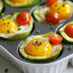 - 2 ripe avocados - 4 large eggs - 1/4 cup cherry tomatoes, halved - 2 tablespoons fresh chives, chopped - Salt and pepper to taste - 1/2 teaspoon garlic powder - 1/4 teaspoon paprika - Optional: hot sauce for serving To make Avocado Egg Breakfast Cups, you need simple ingredients. Avocados are creamy and rich. Eggs provide protein and keep you full. Cherry tomatoes add color and a touch of sweetness. Fresh chives give a nice onion flavor. You can adjust salt and pepper to your taste. Garlic powder and paprika boost the flavor. If you like heat, add hot sauce when serving. - Calories per serving: Around 300 - Macronutrient breakdown: - Carbs: 15 grams - Protein: 14 grams - Fat: 22 grams These cups are not just tasty; they are healthy too. Avocados are high in healthy fats. They help your heart and skin. Eggs contain many vitamins and minerals. They support your eye health and brain function. Together, they make a filling meal. This dish is perfect for a quick breakfast or brunch. {{ingredient_image_1}} Start by preheating your oven to 375°F (190°C). This temperature cooks the eggs just right. A hot oven helps the egg whites set while keeping the yolks creamy. Next, take your ripe avocados and cut them in half. Be careful when you do this! Remove the pit gently. Scoop out a little flesh from the center. This creates enough space for the egg. You want the avocado halves to hold the egg without spilling. Now, place the avocado halves in a muffin tin. This helps keep them steady while baking. If you don’t have a muffin tin, you can use aluminum foil to support them. Crack an egg into each half. Make sure not to let any egg white spill out. Season the eggs with garlic powder, paprika, salt, and pepper. Then, sprinkle halved cherry tomatoes and chopped chives on top for extra flavor. Put the muffin tin in your preheated oven. Bake for about 15 to 20 minutes. You want the egg whites set and the yolks sunny, but not hard. If you like the yolks firmer, leave them in a bit longer. When they’re done, take them out and let them cool. To get the perfect egg texture, aim for a soft yolk. Bake the cups until the whites are set but the yolks stay runny. Check them at 15 minutes. If you want firmer yolks, bake a bit longer. Use a toothpick to test the firmness. This way, you control how you like them best! Seasoning makes a big difference in taste. I use garlic powder and paprika for a warm flavor. Salt and pepper are key, too. If you like heat, add hot sauce after baking. Fresh chives bring a nice crunch and burst of flavor. You can also try other spices, like cumin or chili powder, for a twist. Serve these cups warm for the best taste. They look great on a plate! Pair them with whole-grain toast or a fresh salad. You can also serve them with fresh fruit for a balanced meal. They make a fun brunch dish for guests, too. Enjoy them right after baking for the best flavors! Pro Tips Choose the Right Avocados: Make sure to select ripe avocados that yield slightly to pressure. This ensures they are creamy and perfect for baking. Adjust Cooking Time: Baking time can vary based on your oven and how you like your eggs. Keep an eye on them, especially if you prefer runny yolks. Experiment with Toppings: Feel free to add other toppings like cheese, bacon bits, or spinach for a twist on flavor and texture. Use a Muffin Tin: A muffin tin helps keep the avocado halves stable and prevents spills, making it easier to bake them without mess. {{image_2}} You can make this dish vegetarian easily. Just skip the eggs and use egg substitutes. Silken tofu works well for this. It gives a creamy texture and is packed with protein. You can also add some sautéed veggies like spinach or bell peppers for more nutrients. This keeps the meal filling and tasty. If you don’t have avocados, you can use bell peppers. Cut them in half and remove the seeds. They hold the egg nicely, too. If you’re out of chives, green onions are a great swap. For tomatoes, you can use diced red onion or even olives for a different flavor. You can make your breakfast cups more exciting with flavor add-ins. Try adding cheese like feta or cheddar for a creamy taste. Fresh herbs like basil or parsley can brighten the dish. You can also sprinkle in some cayenne pepper or your favorite spice mix for extra heat. To store leftover avocado egg breakfast cups, let them cool first. Place them in an airtight container. You can keep them in the fridge for up to two days. If you want to save space, you can separate the eggs from the avocado. This helps keep the avocado fresh. When you are ready to eat your leftovers, preheat your oven to 350°F (175°C). Place the breakfast cups on a baking sheet. Heat them for about 10 to 15 minutes. This will warm them up without overcooking the eggs. You can also use a microwave. Heat on high for 30 seconds to 1 minute. Check to make sure the eggs are warm. If you store the avocado egg breakfast cups properly, they last about two days in the fridge. They do not freeze well, as the texture of the avocado changes. For best taste and texture, eat them fresh. Enjoying them right after cooking gives you the best experience. Yes, you can prepare the avocados and eggs in advance. You can scoop out the avocado and mix the spices the night before. When ready, just crack the eggs into the cups and bake them. This saves you time in the morning and keeps breakfast easy. If you don’t have chives, you can use green onions. They add a nice flavor too. You can also try fresh parsley or dill for a different taste. Each choice gives a unique twist to your cups. The eggs are done when the whites are set. You want the yolks to be runny but not raw. If you like firmer yolks, bake them a bit longer. Keep an eye on them to get the perfect texture. Yes! You can use fewer eggs and add more veggies. Try using only one egg and fill the rest with cherry tomatoes or spinach. This keeps the dish tasty and light while still being filling. This blog post shared how to make tasty avocado egg breakfast cups. You learned about the key ingredients, like ripe avocados and fresh eggs. We covered step-by-step instructions and helpful tips for perfecting the dish. You also found ways to customize the recipe with variations and storage tips. Overall, these breakfast cups are a healthy choice. I encourage you to try them out and enjoy a delicious start to your day.