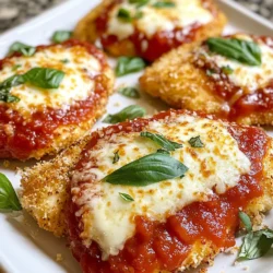 - 4 boneless, skinless chicken breasts - 1 cup almond flour - 1/2 cup grated Parmesan cheese - 1 teaspoon garlic powder - 1 teaspoon dried oregano - 1 teaspoon dried basil - Salt and pepper to taste - 2 large eggs - 1 cup marinara sauce (gluten-free) - 1 cup shredded mozzarella cheese - Fresh basil leaves for garnish - Olive oil for frying Using fresh ingredients makes a big difference. Choose chicken breasts that are plump and firm. Look for almond flour that is finely ground. This helps create a nice, crispy coating. Fresh herbs, like basil and oregano, boost flavor. Using high-quality marinara sauce adds depth to your dish. Always check for gluten-free labels if that's a concern. If you're dairy-free, swap the Parmesan and mozzarella for vegan cheese. For nut-free options, use gluten-free breadcrumbs instead of almond flour. You can also replace chicken with turkey for a leaner choice. If you're egg-free, try a mixture of ground flaxseed and water to coat the chicken. These swaps keep the dish delicious while meeting different needs. {{ingredient_image_1}} First, turn your oven to 375°F (190°C). This step is key for cooking the chicken evenly. Next, gather your ingredients. You will need: - 4 boneless, skinless chicken breasts - 1 cup almond flour - 1/2 cup grated Parmesan cheese - 1 teaspoon garlic powder - 1 teaspoon dried oregano - 1 teaspoon dried basil - Salt and pepper to taste - 2 large eggs - 1 cup marinara sauce (gluten-free) - 1 cup shredded mozzarella cheese - Fresh basil leaves for garnish - Olive oil for frying In a shallow bowl, mix the almond flour, Parmesan cheese, garlic powder, oregano, basil, salt, and pepper. This blend adds a lot of flavor to the chicken. Now, take another bowl and whisk the two eggs until smooth. This will help the coating stick. Dip each chicken breast in the egg mixture. Make sure the chicken is coated well, but let any extra egg drip off. Next, place the chicken into the almond flour mixture. Cover the chicken fully with the mix. The coating should be thick enough for a great crunch. Heat some olive oil in a large skillet over medium heat. Once the oil is hot, add the coated chicken breasts. Cook them for about 4-5 minutes on each side. Look for a golden brown color. This means that the chicken is getting crispy. After cooking, carefully transfer the chicken to a baking dish. Now, spoon marinara sauce over each piece of chicken. Top with the shredded mozzarella cheese. This will melt and create a delicious topping. Place the dish in your preheated oven. Bake for 20-25 minutes. The chicken should reach an internal temperature of 165°F (75°C). Once done, remove from the oven and let it cool for a few minutes. Garnish with fresh basil leaves before serving. Enjoy your gluten-free chicken Parmesan! One big mistake is skipping the egg wash. This step helps the almond flour stick. If you do not coat the chicken well, the crust may fall off. Another mistake is not seasoning enough. Don’t forget salt and pepper in your mix. Also, avoid overcrowding the pan when frying the chicken. This can cause the chicken to steam instead of fry. To get that perfect crispy crust, use almond flour mixed with grated Parmesan cheese. This blend gives great flavor and crunch. Make sure the oil is hot before adding the chicken. A good test is to drop a small bit of the chicken mix into the oil. If it sizzles, you are ready. Cook the chicken about 4-5 minutes per side. Look for a golden brown color. For the marinara sauce, you can use store-bought or homemade. Look for gluten-free options in stores. I like sauces with simple ingredients and no added sugars. Brands like Rao's or your local market's fresh sauce work well. If you want to make it at home, use crushed tomatoes, garlic, and fresh herbs. This can elevate your dish with fresh flavor. Pro Tips Use a Meat Mallet: Pound the chicken breasts to an even thickness for consistent cooking and juiciness. Let it Rest: Allow the chicken to rest for a few minutes after baking to retain moisture before serving. Experiment with Cheeses: Try mixing different cheeses like provolone or fontina for a unique flavor twist. Make Ahead: Prepare and coat the chicken in advance, then store in the fridge until you're ready to cook. {{image_2}} You can make a dairy-free version of gluten-free chicken parmesan. Swap the Parmesan and mozzarella cheese for vegan options. Look for brands that melt well. Nutritional yeast adds a cheesy flavor without dairy. It also boosts vitamins. Use a vegan marinara sauce too. This keeps the dish creamy and tasty without using dairy. Adding veggies to your chicken parmesan makes it even better. You can layer fresh spinach or thin zucchini slices on top of the chicken. These add color and nutrients. Roasted bell peppers are another great option. They give sweet flavor and extra crunch. You can also serve the dish with a side of steamed broccoli or a fresh salad. Pairing your chicken parmesan with gluten-free pasta enhances the meal. Options like rice pasta or chickpea pasta work well. Cook the pasta according to package instructions. Toss it with olive oil and herbs for added flavor. A light garlic sauce can work too. This creates a complete and satisfying dinner that everyone will love. To keep your gluten-free chicken Parmesan fresh, place it in an airtight container. Make sure to let it cool to room temperature first. Store it in the fridge for up to three days. This way, you can enjoy it later without losing flavor or texture. When you're ready to eat your leftovers, take them out of the fridge. Preheat your oven to 350°F (175°C). Place the chicken on a baking sheet. Cover it with foil to keep it moist. Heat for about 15 to 20 minutes, or until warm. If you want a crispier top, uncover it for the last 5 minutes. This keeps the cheese nice and bubbly. If you want to save some for later, you can freeze it. First, let the chicken cool completely. Wrap each piece tightly in plastic wrap. Then, place them in freezer bags to avoid freezer burn. Write the date on the bag. You can freeze it for up to three months. To thaw, move it to the fridge overnight. Reheat it in the oven as mentioned above for the best taste. Enjoy your delicious meal anytime! Yes, you can use chicken thighs instead of breasts. Thighs are juicier and more flavorful. They also stay tender during cooking. Just make sure they are boneless and skinless. Follow the same coating and cooking steps. Adjust cooking time as needed, since thighs may take a bit longer. The best gluten-free flour for coating is almond flour. It gives a nice crunch and adds flavor. You can also use gluten-free breadcrumbs for a different texture. If you want, try a mix of both. Each option helps create that crispy layer we love in chicken Parmesan. You can find gluten-free pre-made Chicken Parmesan at some grocery stores. Check the frozen food aisle for options. Many stores offer gluten-free meals now. You can also look online. Just read the labels to ensure they are truly gluten-free. In this blog post, we covered essential ingredients for making Chicken Parmesan, including tips on quality and substitutions. I shared step-by-step cooking instructions that lead to perfect crispy chicken. We discussed common mistakes, sauce options, and variations like dairy-free and gluten-free. Finally, we explored storage methods and answered frequent questions to help you succeed. Remember, with simple steps and helpful tips, you can create a delicious meal. Enjoy your cooking!