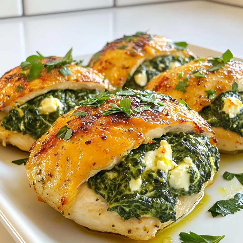 - 4 boneless, skinless chicken breasts - 2 cups fresh spinach, chopped - 1 cup feta cheese, crumbled - 1/2 cup cream cheese, softened - 3 garlic cloves, minced - 1 tablespoon olive oil - 1 teaspoon dried oregano - Salt and pepper to taste - 1/4 cup sun-dried tomatoes (optional, for added flavor) - Toothpicks or kitchen twine - Skillet - Mixing bowl - Baking sheet lined with parchment paper Gathering the right ingredients is key to making this dish shine. Start with fresh chicken breasts. They should feel firm and look pink. Fresh spinach adds that bright green color and a healthy crunch. Feta cheese brings a salty, tangy flavor. Cream cheese gives the stuffing a creamy texture, making each bite rich and satisfying. I always add garlic because it brings warmth to any dish. It fills the kitchen with a lovely aroma. Olive oil helps in sautéing and adds a nice depth of flavor. For extra zest, consider adding sun-dried tomatoes. They add a sweet and tangy taste that pairs well with the other ingredients. You'll need some basic tools. Toothpicks or kitchen twine help keep the stuffing inside the chicken. A skillet is essential for cooking the spinach and garlic. A mixing bowl combines all the flavors. Finally, a baking sheet lined with parchment paper makes cleanup easy. Having everything ready before you start makes the cooking process smooth and fun. - Preheat oven to 375°F (190°C). - Sauté garlic in olive oil for flavor. - Add and wilt spinach, then cool slightly. Start by preheating your oven. This step is key for even cooking. Next, heat olive oil in a skillet. Add minced garlic and let it cook. You want it to smell great! After that, toss in chopped spinach. Cook it for about 2-3 minutes until it wilts. This step releases the spinach's flavor. Let it cool for a bit before mixing. - Combine sautéed spinach with feta cheese, cream cheese, oregano, salt, and pepper. - Mix in sun-dried tomatoes if desired. In a large mixing bowl, combine your cooled spinach and garlic. Add crumbled feta and softened cream cheese. The cream cheese adds creaminess. Then, sprinkle in oregano, salt, and pepper. If you like, toss in some sun-dried tomatoes for extra zing. Mix everything until it forms a thick stuffing. - Create pockets in the chicken breasts. - Fill each pocket with the spinach and feta mixture. - Secure openings with toothpicks or twine. Grab your chicken breasts and use a sharp knife. Cut horizontally into each breast to make a pocket. Be careful not to cut all the way through. Now, stuff each pocket with the spinach and feta mix. Fill it generously! Once done, secure the openings with toothpicks or kitchen twine. This keeps the filling safe inside. - Season the exterior of chicken with salt and pepper. - Place on a baking sheet and bake for 25-30 minutes until cooked through. Now it’s time to bake! Season the outside of each chicken breast with salt and pepper. This adds flavor to the outside. Place the stuffed chicken on a lined baking sheet. Bake them in your preheated oven for 25-30 minutes. Check that they are cooked through and the juices run clear. - Rest chicken for 5 minutes before serving. - Remove toothpicks or twine. When the chicken is done, let it rest for about 5 minutes. This helps keep it juicy. After resting, carefully remove the toothpicks or twine. Now, your spinach feta stuffed chicken is ready to serve! Enjoy the vibrant flavors and tender texture. To boost the taste of your spinach feta stuffed chicken, fresh garlic is key. It adds a bright, rich flavor. You can also experiment with different herbs or spices in the filling. Try adding basil or thyme for a unique twist. Sun-dried tomatoes can bring in an extra layer of flavor too. They add sweetness and depth. If you want to switch things up, consider grilling or pan-searing the stuffed chicken. These methods create a nice crust and enhance the taste. For a hands-off option, use a slow cooker. This method makes the chicken tender and juicy. Just adjust the cooking time to ensure it’s fully done. How you serve your dish matters. Place the stuffed chicken on a bed of mixed greens. It adds color and freshness. You can also pair it with roasted vegetables for a hearty meal. Drizzle a balsamic reduction over the chicken for an elegant touch. Lastly, sprinkle fresh herbs on top for a pop of green. This simple step makes your dish look professional and inviting. {{image_2}} You can switch out feta cheese for other options. Goat cheese adds a tangy twist. Mozzarella gives a creamy texture. If you prefer dairy-free, try vegan cheese. Many brands taste great and melt well. These choices keep the dish exciting and accessible for everyone. To enhance the stuffing, consider adding chopped artichokes. They bring a nice flavor. Roasted red peppers also work well. They add sweetness and color. If you want a heartier meal, mix in quinoa or rice. This makes the dish more filling while still being delicious. For those who like heat, add red pepper flakes. They bring a nice kick to each bite. You can also play with herbs. Thyme and basil both add lovely aromas and tastes. Don’t be afraid to experiment and find your favorite combination. To keep your spinach feta stuffed chicken fresh, store leftovers in an airtight container. This helps the chicken stay moist and flavorful. For best quality, enjoy the leftovers within three days. You can freeze the stuffed chicken for later use. To do this, wrap each piece tightly in plastic wrap, then place them in a freezer bag. This keeps out air and prevents freezer burn. For best results, use the frozen chicken within three months. When you’re ready to eat, thaw it in the fridge overnight. To reheat the chicken and keep it juicy, the oven is the best choice. Preheat your oven to 350°F (175°C). Place the chicken in a baking dish and cover it with foil. Bake for about 15-20 minutes until heated through. If you use a microwave, place the chicken on a microwave-safe plate. Heat it for 1-2 minutes, but be careful. Microwaves can dry out the chicken. Always check that it is warm all the way through before serving. Yes, you can use frozen spinach. First, thaw it completely. Then, squeeze out the extra water. This keeps your filling from being too wet. After that, chop the spinach and mix it with the other ingredients as you would with fresh spinach. You can tell the chicken is cooked when it is no longer pink inside. The juices should run clear. The best way to check is to use a meat thermometer. The internal temperature should reach 165°F (75°C). Yes, you can prepare the stuffed chicken ahead of time. Stuff the chicken breasts and store them in the fridge. This is great for meal prep. Just make sure to cook them within a day or two for the best taste. This dish pairs well with many sides. You can serve it with roasted vegetables, like carrots or zucchini. A fresh salad with mixed greens is also a good choice. For a heartier option, try rice or quinoa. These sides balance the flavors and make a complete meal. This blog post detailed how to create a delicious spinach feta stuffed chicken. You learned about the main ingredients, tools, and the step-by-step method for cooking. I shared tips for flavor enhancement, storage, and variations to personalize your dish. In closing, you can easily impress family and friends with this recipe. Enjoy experimenting with different flavors and methods. Make this dish your own, and savor every bite!