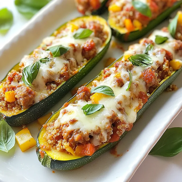 - 4 medium zucchinis - 1 pound Italian sausage (mild or spicy, casings removed) - 1 cup cooked quinoa (or rice) - 1 cup marinara sauce - 1 cup shredded mozzarella cheese - 1/2 cup grated Parmesan cheese - 1/2 cup diced bell peppers (red or yellow) - 1/2 medium onion, finely chopped - 2 cloves garlic, minced - 1 teaspoon Italian seasoning - Salt and pepper to taste - Fresh basil leaves for garnish - Choosing the right zucchini: Look for firm zucchinis with smooth skin. They should be bright green and free of blemishes. Smaller zucchinis are often sweeter. - Types of Italian sausage: mild vs. spicy: Mild sausage has a gentle flavor, while spicy sausage packs a punch. Choose based on your taste. Spicy works well for those who love heat. - Alternatives for quinoa and rice: If you want to switch it up, try couscous or farro. Both add great texture. Rice is a classic choice, but quinoa gives added protein and a nutty taste. {{ingredient_image_1}} 1. Preheat your oven to 375°F (190°C). This step is key for even cooking. 2. Take your zucchinis and slice them in half lengthwise. Use a spoon to scoop out the seeds and create boats. Don’t throw away the scooped zucchini flesh; we will use it later. 3. In a large skillet, add the Italian sausage. Cook it over medium heat. Use a spatula to break it apart as it cooks. This takes about 5-7 minutes. Make sure it is browned and cooked through. 4. Next, add the chopped onion, bell peppers, and minced garlic to the skillet. Sauté these for about 3-4 minutes. You want the vegetables to soften. 5. Now, stir in the reserved zucchini flesh, cooked quinoa or rice, marinara sauce, and Italian seasoning. Season with salt and pepper. Mix this all well and let it cook for another 2-3 minutes. This warms everything through. 6. After that, remove the skillet from heat. Fold in half of the shredded mozzarella cheese. This cheese adds creaminess and flavor to your filling. 7. Place the zucchini boats in a baking dish. Using a spoon, fill each boat with the sausage mixture. Pack it slightly as you fill them to keep everything in place. 8. Top each stuffed zucchini with the rest of the mozzarella cheese. Then, sprinkle the grated Parmesan cheese on top for extra flavor. 9. Cover the baking dish with foil. Bake for 20 minutes. After that, remove the foil and bake for another 10-15 minutes. Look for the cheese to be melted and slightly golden. 10. Once done, take the dish out of the oven and let it cool for a few minutes. Garnish with fresh basil leaves for a pop of color and flavor before serving. - To avoid soggy zucchini, scoop out only the center. Leave some flesh for structure. - Bake the zucchini boats upside down for the first half of cooking. This helps them dry out. - For even cooking, cut the zucchinis to the same size. This ensures they cook at the same rate. - Add fresh herbs like thyme or oregano for extra depth. They boost the flavor without much effort. - Choose a marinara sauce with a rich taste. Look for brands that use fresh tomatoes and herbs for the best results. - Serve the stuffed zucchini boats on a large white platter. This makes the colors pop. - Drizzle a little extra marinara sauce around the dish. It adds color and keeps things moist. - Top with fresh basil leaves for a burst of green. It makes the dish look fresh and inviting. Pro Tips Choose the Right Zucchini: Select medium-sized zucchinis for the best balance of flavor and texture. Smaller zucchinis can be too watery, while larger ones may have tough skin. Make It Ahead: Prepare the stuffed zucchini boats in advance and store them covered in the refrigerator. Bake them just before serving for a quick and easy dinner option. Experiment with Fillings: Feel free to customize the filling by adding your favorite vegetables or using different types of sausage, such as chicken or turkey, for a lighter option. Enhance the Flavor: For an extra burst of flavor, add a splash of red wine or balsamic vinegar to the sausage mixture while it cooks. It will deepen the taste profile of your dish. {{image_2}} Making it gluten-free To make Italian sausage stuffed zucchini boats gluten-free, use gluten-free sausage. Ensure your marinara sauce is gluten-free as well. Many brands offer gluten-free options. You can also swap quinoa for rice or a gluten-free grain. Vegetarian or vegan alternatives For a vegetarian version, replace Italian sausage with plant-based sausage. You can also use lentils or mushrooms for a hearty filling. For a vegan option, skip the cheese. Use nutritional yeast for a cheesy flavor in the mix instead. Adding different veggies You can customize your filling by adding different veggies. Try diced mushrooms, spinach, or zucchini flesh. These add flavor and nutrients. Feel free to mix and match according to your taste. Experimenting with cheeses While mozzarella and Parmesan are classic choices, you can explore other cheeses. Goat cheese adds creaminess, while feta brings a tangy twist. Mixing cheeses gives a unique flavor profile to your dish. Pairing with sides or salads Serve your stuffed zucchini with a fresh salad or garlic bread. A side of roasted veggies also pairs well. This adds color and more nutrients to your meal. Creative serving ideas for gatherings For gatherings, serve stuffed zucchini on a large platter. Drizzle with extra marinara sauce and sprinkle with fresh basil. This colorful presentation makes it a showstopper at any event. To keep your Italian sausage stuffed zucchini boats fresh, store them in an airtight container. Place them in the fridge within two hours of cooking. Proper storage helps reduce spoilage. You can safely store them for up to three days. When you're ready to eat, just reheat them in the oven or microwave. If you want to save some for later, freezing is a great option. Wrap each stuffed zucchini boat in plastic wrap, then place them in a freezer-safe bag. This way, they will stay fresh for up to three months. When you’re ready to enjoy them, thaw in the fridge overnight. Reheat them in the oven at 350°F until warm, about 20 minutes. Leftovers can be a treat! You can slice the stuffed zucchini and add it to pasta for a hearty dish. Or, chop it up and mix it into an omelet for a tasty breakfast. You can also blend it into a soup for a new flavor. Each option gives a fun twist to the original meal! Can I prepare stuffed zucchini ahead of time? Yes, you can prepare stuffed zucchini in advance. You can make the filling and stuff the zucchini. Then, wrap them well and store them in the fridge. Just bake them when you're ready to eat. This saves time on busy days. What's the best way to scoop out zucchini? To scoop out zucchini, first cut them in half lengthwise. Use a spoon to gently scrape out the seeds and flesh. Leave some flesh for the stuffing. A teaspoon works well for this task. Be careful not to poke through the skin. How do I know when the zucchini is done? You know the zucchini is done when it's tender but not mushy. The cheese on top should be melted and slightly golden. A fork can help check the doneness. If it goes in easily, your zucchini is ready! Can I use other types of sausage? Yes, you can use other types of sausage. Turkey or chicken sausage works well if you want a lighter dish. You can also use vegetarian sausage for a meat-free option. Just make sure to season it well! Approximate calories per serving? Each serving has about 300-400 calories, depending on the ingredients. The sausage and cheese add flavor and richness. Quinoa and zucchini keep it healthy and filling. Is this recipe healthy? Yes, this recipe is quite healthy. It features lots of veggies and lean protein. The quinoa adds fiber and nutrients. You can also control the fat by choosing lean sausage. Enjoying it in moderation makes it a great meal choice! Stuffed zucchini is a tasty and versatile dish. We explored the key ingredients, like zucchini and Italian sausage, and gave you clear steps to prepare and bake them. I shared helpful tips to keep your zucchini from getting soggy and made it easy to adjust the recipe for different diets. You can even find smart storage ideas and creative ways to use leftovers. Enjoy making this dish your own!