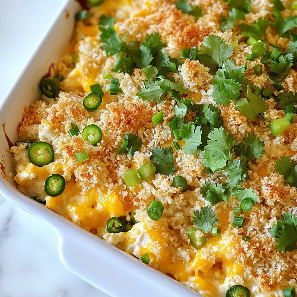 - 2 cups cooked chicken, shredded - 1 cup cream cheese, softened - 1 cup shredded sharp cheddar cheese - 1/2 cup crumbled feta cheese - 1 can (4 oz) diced jalapeños, drained - 1/2 cup chopped green onions - 1 cup sour cream - 1/2 cup breadcrumbs - 1 tablespoon olive oil - 1 teaspoon garlic powder - 1 teaspoon onion powder - Salt and pepper to taste - Fresh cilantro, for garnish I love using these simple ingredients for my Jalapeño Popper Chicken Casserole. They come together to create a rich, creamy dish that’s packed with flavor. First, the chicken is the star, adding that hearty protein we all crave. I often use leftover rotisserie chicken, which saves time. The cream cheese gives the casserole its creamy base. It blends perfectly with the sharp cheddar and feta cheeses, adding depth. Next, the jalapeños bring a nice kick. For those who like heat, this is a must. The green onions add freshness and a light crunch, which I think balances the creamy texture. Sour cream makes it extra rich and tangy. The breadcrumbs on top create a delightful crispy layer. A little olive oil helps them brown nicely. Finally, I always season with garlic and onion powder. They enhance the flavors without overpowering the dish. A sprinkle of salt and pepper ties everything together. Don't forget the fresh cilantro on top for a pop of color and flavor! This mix of ingredients creates a comforting meal that feels special. Each bite bursts with cheesy goodness and a hint of spice. It's a real crowd-pleaser that you can easily make at home. {{ingredient_image_1}} Set the temperature to 350°F (175°C). Preheating your oven is key. It ensures even cooking and a perfect finish. In a large mixing bowl, combine these main ingredients: - 2 cups cooked chicken, shredded - 1 cup cream cheese, softened - 1 cup shredded sharp cheddar cheese - 1/2 cup crumbled feta cheese - 1 can (4 oz) diced jalapeños, drained - 1/2 cup chopped green onions - 1 cup sour cream - 1 teaspoon garlic powder - 1 teaspoon onion powder - Salt and pepper to taste Mix until all ingredients blend well. You want a creamy and flavorful mixture. Lightly grease a 9x13-inch casserole dish with a small amount of olive oil. Spoon the chicken mixture into the dish. Spread it evenly for even baking. In a separate bowl, mix 1/2 cup breadcrumbs with 1 tablespoon olive oil until evenly coated. This gives a crispy topping. Sprinkle the breadcrumb mixture over the casserole. Place the casserole in the preheated oven. Bake for about 25-30 minutes. Look for a golden and bubbly top, which means it's ready. Once done, remove the casserole from the oven. Let it cool for a few minutes. Garnish with fresh cilantro before serving. This adds a nice touch and fresh flavor. To get a crispy topping, use fresh breadcrumbs. Mix them with olive oil well. This helps them toast evenly in the oven. Mix your chicken mixture thoroughly. This ensures all flavors blend well. You want every bite to be full of taste. Try adding spices like smoked paprika or cumin. They add great depth to your dish. You can also toss in some diced bell peppers for extra crunch. Adjust the spice level by using fresh jalapeños. If you want it mild, remove the seeds. For more heat, keep them in. Always taste as you go. Pair the casserole with a fresh salad. A light green salad complements it well. You can also serve it with tortilla chips for crunch. For presentation, serve it in the dish. Garnish with extra sliced jalapeños and green onions. This makes it look bright and fresh. Pro Tips Use Rotisserie Chicken: For a quicker preparation, consider using pre-cooked rotisserie chicken. It saves time and adds great flavor. Adjust the Heat: If you prefer a milder dish, use fewer jalapeños or choose milder varieties. For extra heat, add some chopped fresh jalapeños on top before baking. Make Ahead: Prepare the casserole a day in advance and store it in the refrigerator. Bake it just before serving for a convenient meal. Substitute Cheeses: Feel free to mix and match cheeses based on your preference. Creamy mozzarella or pepper jack can add a unique twist. {{image_2}} To make a vegetarian version, skip the chicken. You can use beans or tofu as a protein. Both options add great texture and flavor. Black beans or chickpeas work well. For tofu, use firm tofu and crumble it. You may also add more veggies like bell peppers or corn for extra taste. These swaps keep the dish hearty and satisfying. The cheese blend can change the flavor a lot. You could try Monterey Jack or pepper jack for a twist. Mixing sharp cheddar with mozzarella gives a creamy texture. You can even use a spreadable cheese, like goat cheese, for more richness. Each cheese adds its unique flavor, so feel free to mix and match. If you love heat, add extra jalapeños or hot sauce. You can finely chop fresh jalapeños for a bold kick. Consider using spicy cheese, like pepper jack, for more fire. For a fun twist, mix in some crushed red pepper flakes. This will elevate the spice level while keeping the creamy texture. To keep your Jalapeño Popper Chicken Casserole fresh, cool it down quickly. Store it in an airtight container. This helps prevent moisture loss. In the fridge, it lasts about 3 to 4 days. Always check for any off smells or changes in texture before eating. Freezing is a great way to save leftovers. Allow the casserole to cool completely before freezing. Wrap it tightly in plastic wrap and then place it in a freezer bag. It can last up to 3 months in the freezer. For reheating, let it thaw overnight in the fridge for best results. When you're ready to enjoy your casserole again, there are good methods to reheat it. Preheat your oven to 350°F (175°C) for even heating. Cover the dish with foil to keep it moist. This helps avoid sogginess. Bake for about 20-25 minutes or until heated through. You can also use a microwave, but be careful to avoid overcooking it. Yes, you can use rotisserie chicken. It saves time and adds great flavor. To use it, just shred the chicken and mix it with the other ingredients. I recommend removing the skin for a healthier option. This method is quick and easy, perfect for busy nights. You can use Greek yogurt or ricotta cheese as a substitute. Greek yogurt gives a nice tangy taste. Ricotta is creamier but milder. Both options work well and keep the dish creamy. You can mix them in equal parts if you want to combine flavors. Yes, you can prepare it in advance. Mix all the ingredients and place them in the dish. Cover and store it in the fridge for up to 24 hours. When ready to bake, heat the oven and cook it as directed. This lets the flavors meld, making it even tastier. Absolutely! Fresh jalapeños add a great crunch. To use them, wash and slice the jalapeños. Remove the seeds for less heat. Mix them in with the other ingredients for a fresh taste. You can also roast them to enhance their flavor before adding. This article covered a tasty chicken casserole. We talked about the main and extra ingredients, from chicken to creamy cheeses and spices. I provided simple steps for baking, along with tips for texture and flavor. You can explore fun variations, including a vegetarian option. I also shared storage and reheating methods to keep your dish fresh. Now, with these ideas, you can make a delicious meal everyone will love! Enjoy cooking!