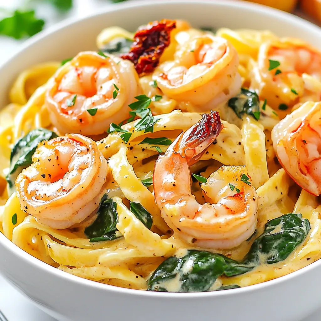 To make Cajun Shrimp Alfredo, gather these fresh ingredients: - 1 lb (450g) large shrimp, peeled and deveined - 8 oz (225g) fettuccine pasta - 2 tablespoons Cajun seasoning - 2 tablespoons olive oil - 3 cloves garlic, minced - 1 cup heavy cream - 1 cup grated Parmesan cheese - 1/2 cup sun-dried tomatoes, chopped - 1/2 cup fresh spinach, chopped - Salt and pepper to taste - Fresh parsley, chopped (for garnish) These ingredients create a rich, creamy sauce with a spicy kick from the Cajun seasoning. If you want to switch things up, consider these options: - Shrimp: You can use chicken or firm tofu as a protein substitute. - Pasta: Any pasta shape works, like penne or spaghetti. - Cajun seasoning: Make your own blend with paprika, onion powder, garlic powder, and cayenne. - Heavy cream: Use half-and-half or a non-dairy cream for lighter options. - Spinach: Kale or arugula can replace spinach for a different flavor. - Sun-dried tomatoes: Fresh cherry tomatoes can add a burst of freshness. These alternatives let you personalize the dish to your taste while keeping the essence of Cajun Shrimp Alfredo intact. {{ingredient_image_1}} To cook fettuccine pasta perfectly, start by bringing a large pot of salted water to a boil. The salt helps the pasta gain flavor. Once the water boils, add the fettuccine. Cook it according to the package instructions until it is al dente, which means it should be firm but not hard. This usually takes around 8 to 10 minutes. After cooking, drain the pasta in a colander, but remember to save about half a cup of the pasta water. This starchy water will help your sauce stick later. Next, we will prepare the shrimp. Take 1 pound of large shrimp, already peeled and deveined. In a bowl, toss the shrimp with 2 tablespoons of Cajun seasoning. Mix it well so every shrimp gets coated. This is where the flavor comes from. Now, heat 2 tablespoons of olive oil in a large skillet over medium-high heat. Once the oil is hot, add the seasoned shrimp. Cook them for about 2 to 3 minutes on each side. The shrimp will turn pink and opaque when they are done. Be careful not to overcook them, or they will become tough. Once cooked, remove the shrimp from the skillet and set them aside. Now, let’s make the alfredo sauce. In the same skillet, add 3 cloves of minced garlic and sauté them for about 1 minute until they smell great. Then, pour in 1 cup of heavy cream and bring it to a gentle simmer. It's important to keep the heat low so the cream does not boil. Stir in 1 cup of grated Parmesan cheese. Mix until the cheese melts and the sauce becomes smooth. After that, add in 1/2 cup of chopped fresh spinach and 1/2 cup of chopped sun-dried tomatoes. Cook this for about 2 to 3 minutes, just until the spinach wilts. Now, add the cooked fettuccine to the skillet. Pour in the reserved pasta water to help the sauce coat the pasta. Toss everything together to ensure the pasta is well covered in that creamy sauce. Finally, fold in the sautéed shrimp, and season with salt and pepper to your taste. To make the best Cajun Shrimp Alfredo, focus on these tips: - Cook the Pasta Just Right: Aim for al dente fettuccine. It should have a bite. Don’t overcook it. - Use Fresh Shrimp: Fresh shrimp gives the best flavor. If you can, buy it from a local market. - Season Generously: Coat the shrimp well with Cajun seasoning. This adds depth to the dish. - Control the Heat: Sauté the shrimp on medium-high heat. This keeps them juicy and avoids dryness. - Make a Creamy Sauce: Stir the cream slowly into the garlic. This helps create a smooth texture. Using the right tools makes cooking easier and more fun. Here are some must-haves: - Large Pot: For boiling pasta efficiently. - Skillet: A wide skillet helps cook shrimp and sauce evenly. - Tongs: Great for tossing pasta and shrimp together without breaking them. - Measuring Cups: Use these to get accurate ingredient amounts. - Wooden Spoon: Perfect for stirring sauce and pasta without scratching your cookware. Sometimes cooking doesn't go as planned. Here are solutions to common problems: - Sauce Too Thick: If your sauce is thick, add a splash of reserved pasta water. This helps loosen it up. - Shrimp Overcooked: If shrimp are tough, reduce cooking time next time. They only need a few minutes per side. - Lack of Flavor: Taste your dish before serving. Add more salt or Cajun seasoning if needed. - Pasta Sticking Together: If this happens, toss it in olive oil after draining. This keeps it separate. Pro Tips Adjust the Spice Level: If you prefer a milder dish, reduce the amount of Cajun seasoning or use a mild blend. Perfect Pasta Cooking: To avoid mushy pasta, cook it just until al dente, as it will continue cooking when mixed with the sauce. Use Fresh Ingredients: Fresh shrimp and spinach will enhance the flavor and texture of this dish compared to frozen or canned options. Garnish for Presentation: A sprinkle of fresh parsley not only adds color but also a burst of freshness to your finished dish. {{image_2}} For a meatless take on Cajun Shrimp Alfredo, swap shrimp for mushrooms or tofu. Both options soak up flavor well. Use portobello mushrooms for a hearty texture. If you choose tofu, press it first to remove extra water. Season the mushrooms or tofu with Cajun spice like you would the shrimp. This will give you that bold taste. You can still use all the other ingredients, like the creamy sauce with spinach and sun-dried tomatoes. Want more heat in your dish? Add extra Cajun seasoning or a dash of hot sauce. You can mix in cayenne pepper for a kick. Just a little goes a long way, so start small and taste as you go. You can also top your dish with sliced jalapeños for a fresh punch. This adds layers of flavor and spice to the creamy sauce. Make sure to balance the heat with the creaminess of the sauce. If you need a lighter option, try using half-and-half or coconut milk instead of heavy cream. Both will give you a nice creamy texture. Greek yogurt can also work, but add it at the end to avoid curdling. For a nut-free option, use oat milk mixed with a little cornstarch to thicken. Each of these choices brings a unique flavor while keeping your dish rich and satisfying. Adjust the seasoning to match your chosen alternative. After enjoying your Cajun shrimp Alfredo, you may have some leftovers. To store them, let the dish cool to room temperature. Then, transfer it to an airtight container. You can refrigerate it for up to three days. If you want to keep it longer, freeze the dish. Use a freezer-safe container or bag. It's best to consume frozen leftovers within three months for the best flavor. When it's time to enjoy your leftovers, you want them to taste great. The best way to reheat Cajun shrimp Alfredo is on the stove. Place the dish in a skillet over low heat. Add a splash of cream or pasta water to keep it creamy. Stir often to heat evenly. You can also use the microwave, but be careful. Heat in short bursts, stirring in between, to prevent drying it out. Cajun shrimp Alfredo has a good shelf life if stored correctly. In the fridge, it lasts about three days. If frozen, it can stay good for up to three months. After that, the flavor and texture may change. Always check for any signs of spoilage, like off smells or changes in texture, before eating. Yes, you can use frozen shrimp. Just make sure to thaw them first. Place them in cold water for about 10-15 minutes. This method helps keep the shrimp firm. Frozen shrimp can taste just as good as fresh. Remember to pat them dry before seasoning. This helps the Cajun seasoning stick well. If you don't have fettuccine, try penne or linguine. Both hold the sauce well. You can also use spaghetti or even gluten-free pasta. Just cook it according to the package instructions. The key is to pick a pasta that can carry the creamy sauce. It's easy to make Cajun seasoning! Mix these spices together: - 1 tablespoon paprika - 1 teaspoon cayenne pepper - 1 teaspoon garlic powder - 1 teaspoon onion powder - 1 teaspoon dried thyme - 1 teaspoon dried oregano - 1 teaspoon salt - 1/2 teaspoon black pepper Store any extra in a jar. This blend adds a great kick to your dishes. Adjust the heat by adding more or less cayenne. Enjoy your cooking! In this post, we shared the essential ingredients for Cajun Shrimp Alfredo and offered substitutions. I guided you through cooking pasta, preparing shrimp, and making a rich Alfredo sauce. You learned tips to enhance flavor and avoid common mishaps. We also explored variations for different diets and storage tips for leftovers. Now, you have all the tools to make this dish perfect. Dive into cooking, and enjoy your tasty creation!