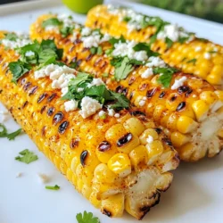 To make Chile Lime Grilled Corn, you need fresh, simple ingredients. Each one adds to the flavor and joy of this dish. - 4 ears of fresh corn, husked - 3 tablespoons olive oil - 1 teaspoon smoked paprika - 1 teaspoon chili powder - 1/2 teaspoon garlic powder - 1/2 teaspoon salt - Juice of 2 limes - Zest of 1 lime - 1/4 cup crumbled cotija cheese (optional) - Fresh cilantro, chopped (for garnish) Fresh corn is key. It gives you that sweet, juicy bite. Choose corn with bright green husks and plump kernels. The olive oil helps the spices stick and locks in moisture. Smoked paprika and chili powder bring warmth and depth. Garlic powder adds a nice touch of savory flavor. Salt enhances all the taste. Lime juice and zest bring a bright, tangy zing that makes this dish pop. Cotija cheese adds a creamy texture if you want it. Fresh cilantro on top adds color and freshness. You can mix and match these ingredients to suit your taste. Enjoy the process of preparing these simple yet vibrant ingredients! {{ingredient_image_1}} Start by preheating your grill to medium-high heat. Aim for about 400°F or 200°C. This heat will give you great grill marks and juicy corn. Make sure to check your grill’s temperature before cooking. A hot grill will help cook the corn evenly and lock in all the delicious flavors. For the marinade, you will need the following ingredients: - 3 tablespoons olive oil - 1 teaspoon smoked paprika - 1 teaspoon chili powder - 1/2 teaspoon garlic powder - 1/2 teaspoon salt - Juice of 2 limes - Zest of 1 lime In a small bowl, mix the olive oil, smoked paprika, chili powder, garlic powder, salt, lime juice, and lime zest. Stir well to combine. This mix adds bold flavor to your corn. Make sure it’s blended well for even coating. Now it’s time to grill the corn. First, husk the corn and brush each ear generously with the marinade. Ensure every side gets coated well. Place the corn on the grill grates. Grill for about 10-15 minutes. Turn the corn every 2-3 minutes. This helps it cook evenly and get nice grill marks. To check for doneness, look for tender corn with those beautiful grill marks. If you want to add cotija cheese, sprinkle it on during the last few minutes of grilling. This allows the cheese to melt a bit. Once done, remove the corn from the grill and let it cool slightly before serving. To get those perfect grill marks, start with fresh corn. The heat needs to be just right. I suggest medium-high heat, around 400°F. Use a clean grill to avoid sticking. Brush each ear of corn with the marinade before grilling. Turn the corn every 2-3 minutes. This helps create those nice, dark lines. For tools, use sturdy tongs for turning. A grill brush is great for cleaning. You might also want a basting brush for the marinade. These tools make grilling easier and more fun. To boost the flavor, try different spices. Consider adding cumin for a warm taste. Paprika brings a smoky hint, while cayenne adds heat. You can also sprinkle on some chili flakes for a kick. When it comes to toppings, cotija cheese is a classic. But you can also use feta or queso fresco. Fresh lime juice and chili powder add a nice touch. Try avocado slices or diced tomatoes for extra freshness. Grilled corn pairs perfectly with barbecue dishes. Serve it alongside grilled chicken or burgers. It also goes well with salads for a light meal. For a creative serving idea, place the corn on a platter. Drizzle with extra lime juice and sprinkle with chili powder. You can even serve it in a taco shell with your favorite toppings. This adds a fun twist to your summer cookout! Pro Tips Choose Fresh Corn: Fresh corn will provide the best flavor and texture. Look for bright green husks and plump kernels. Marinate for Extra Flavor: Let the corn sit in the marinade for about 15-30 minutes before grilling to enhance the flavor. Adjust Cooking Time: Cooking times may vary depending on the size of the corn and the heat of your grill. Keep an eye on it to prevent charring. Experiment with Toppings: Besides cotija cheese, try adding a drizzle of crema or a sprinkle of chili flakes for an extra kick! {{image_2}} You can easily add heat to your corn. Try using fresh jalapeños or hot sauce. Chop jalapeños and mix them into the marinade. This will give your corn a nice kick. If you love sauces, drizzle some hot sauce on top after grilling. It adds flavor and spice! For a vegan twist, skip the cotija cheese. You can replace it with nutritional yeast. It gives a cheesy flavor without dairy. You can also use plant-based marinades. For a creamy touch, try mixing avocado with lime. This keeps the dish rich and tasty. You don’t need a grill for this corn. You can cook it on the stovetop. Use a grill pan to get those nice grill marks. Heat the pan and add the corn. Cook it until it’s tender and charred. You can also roast corn in the oven. Wrap it in foil, add the marinade, and bake at 400°F for 20-25 minutes. This method is easy and still very flavorful! To keep your Chile Lime Grilled Corn fresh, store it in the fridge. Wrap each ear in plastic wrap or foil. This keeps moisture in and prevents drying out. You can also place the corn in an airtight container. Make sure it’s sealed well. This way, you can enjoy the flavor later. Ideally, eat the leftovers within three days. To reheat grilled corn, use the microwave for quick results. Place the corn on a plate and cover it with a damp paper towel. Heat for about one minute. This keeps the corn moist. You can also grill the corn again. Just heat it on medium for a few minutes. This adds a nice char. Want to freshen it up? Squeeze some lime juice on top. You can also sprinkle a bit of chili powder for extra flavor. If you have cotija cheese left, add that too! Yes, you can use frozen corn. However, fresh corn tastes better. Frozen corn may have a softer texture. If you use frozen corn, thaw and drain it first. You can grill it for a shorter time. Aim for about 5-7 minutes, turning it often. You can tell the corn is ready when it is tender. Look for nice grill marks and a slight char. The kernels should be bright yellow and juicy. You can also taste a kernel to check if it is cooked through. If you want a cheese substitute, try feta or queso fresco. Both have a similar salty taste. For a no-cheese option, use avocado or a sprinkle of nutritional yeast. These will add creaminess and flavor without cheese. Grilling corn is simple and fun with the right steps and tips. You can enhance flavors with marinades, spices, and toppings. Remember to pick fresh corn and control your grill’s heat. Explore variations and delicious side dishes to serve with your corn. Storing and reheating leftovers can keep the taste alive. With these tips, you’ll grill perfect corn every time. Enjoy the tasty results!