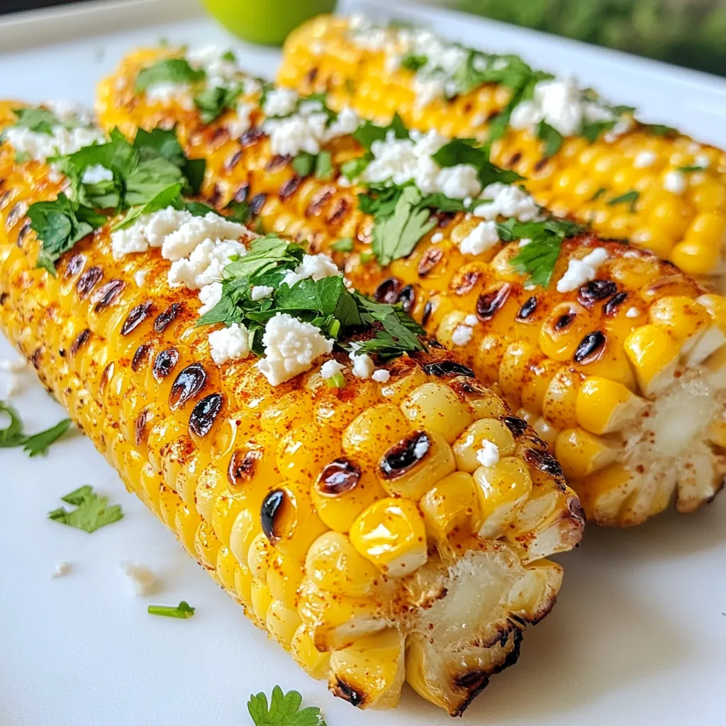 To make Chile Lime Grilled Corn, you need fresh, simple ingredients. Each one adds to the flavor and joy of this dish. - 4 ears of fresh corn, husked - 3 tablespoons olive oil - 1 teaspoon smoked paprika - 1 teaspoon chili powder - 1/2 teaspoon garlic powder - 1/2 teaspoon salt - Juice of 2 limes - Zest of 1 lime - 1/4 cup crumbled cotija cheese (optional) - Fresh cilantro, chopped (for garnish) Fresh corn is key. It gives you that sweet, juicy bite. Choose corn with bright green husks and plump kernels. The olive oil helps the spices stick and locks in moisture. Smoked paprika and chili powder bring warmth and depth. Garlic powder adds a nice touch of savory flavor. Salt enhances all the taste. Lime juice and zest bring a bright, tangy zing that makes this dish pop. Cotija cheese adds a creamy texture if you want it. Fresh cilantro on top adds color and freshness. You can mix and match these ingredients to suit your taste. Enjoy the process of preparing these simple yet vibrant ingredients! {{ingredient_image_1}} Start by preheating your grill to medium-high heat. Aim for about 400°F or 200°C. This heat will give you great grill marks and juicy corn. Make sure to check your grill’s temperature before cooking. A hot grill will help cook the corn evenly and lock in all the delicious flavors. For the marinade, you will need the following ingredients: - 3 tablespoons olive oil - 1 teaspoon smoked paprika - 1 teaspoon chili powder - 1/2 teaspoon garlic powder - 1/2 teaspoon salt - Juice of 2 limes - Zest of 1 lime In a small bowl, mix the olive oil, smoked paprika, chili powder, garlic powder, salt, lime juice, and lime zest. Stir well to combine. This mix adds bold flavor to your corn. Make sure it’s blended well for even coating. Now it’s time to grill the corn. First, husk the corn and brush each ear generously with the marinade. Ensure every side gets coated well. Place the corn on the grill grates. Grill for about 10-15 minutes. Turn the corn every 2-3 minutes. This helps it cook evenly and get nice grill marks. To check for doneness, look for tender corn with those beautiful grill marks. If you want to add cotija cheese, sprinkle it on during the last few minutes of grilling. This allows the cheese to melt a bit. Once done, remove the corn from the grill and let it cool slightly before serving. To get those perfect grill marks, start with fresh corn. The heat needs to be just right. I suggest medium-high heat, around 400°F. Use a clean grill to avoid sticking. Brush each ear of corn with the marinade before grilling. Turn the corn every 2-3 minutes. This helps create those nice, dark lines. For tools, use sturdy tongs for turning. A grill brush is great for cleaning. You might also want a basting brush for the marinade. These tools make grilling easier and more fun. To boost the flavor, try different spices. Consider adding cumin for a warm taste. Paprika brings a smoky hint, while cayenne adds heat. You can also sprinkle on some chili flakes for a kick. When it comes to toppings, cotija cheese is a classic. But you can also use feta or queso fresco. Fresh lime juice and chili powder add a nice touch. Try avocado slices or diced tomatoes for extra freshness. Grilled corn pairs perfectly with barbecue dishes. Serve it alongside grilled chicken or burgers. It also goes well with salads for a light meal. For a creative serving idea, place the corn on a platter. Drizzle with extra lime juice and sprinkle with chili powder. You can even serve it in a taco shell with your favorite toppings. This adds a fun twist to your summer cookout! Pro Tips Choose Fresh Corn: Fresh corn will provide the best flavor and texture. Look for bright green husks and plump kernels. Marinate for Extra Flavor: Let the corn sit in the marinade for about 15-30 minutes before grilling to enhance the flavor. Adjust Cooking Time: Cooking times may vary depending on the size of the corn and the heat of your grill. Keep an eye on it to prevent charring. Experiment with Toppings: Besides cotija cheese, try adding a drizzle of crema or a sprinkle of chili flakes for an extra kick! {{image_2}} You can easily add heat to your corn. Try using fresh jalapeños or hot sauce. Chop jalapeños and mix them into the marinade. This will give your corn a nice kick. If you love sauces, drizzle some hot sauce on top after grilling. It adds flavor and spice! For a vegan twist, skip the cotija cheese. You can replace it with nutritional yeast. It gives a cheesy flavor without dairy. You can also use plant-based marinades. For a creamy touch, try mixing avocado with lime. This keeps the dish rich and tasty. You don’t need a grill for this corn. You can cook it on the stovetop. Use a grill pan to get those nice grill marks. Heat the pan and add the corn. Cook it until it’s tender and charred. You can also roast corn in the oven. Wrap it in foil, add the marinade, and bake at 400°F for 20-25 minutes. This method is easy and still very flavorful! To keep your Chile Lime Grilled Corn fresh, store it in the fridge. Wrap each ear in plastic wrap or foil. This keeps moisture in and prevents drying out. You can also place the corn in an airtight container. Make sure it’s sealed well. This way, you can enjoy the flavor later. Ideally, eat the leftovers within three days. To reheat grilled corn, use the microwave for quick results. Place the corn on a plate and cover it with a damp paper towel. Heat for about one minute. This keeps the corn moist. You can also grill the corn again. Just heat it on medium for a few minutes. This adds a nice char. Want to freshen it up? Squeeze some lime juice on top. You can also sprinkle a bit of chili powder for extra flavor. If you have cotija cheese left, add that too! Yes, you can use frozen corn. However, fresh corn tastes better. Frozen corn may have a softer texture. If you use frozen corn, thaw and drain it first. You can grill it for a shorter time. Aim for about 5-7 minutes, turning it often. You can tell the corn is ready when it is tender. Look for nice grill marks and a slight char. The kernels should be bright yellow and juicy. You can also taste a kernel to check if it is cooked through. If you want a cheese substitute, try feta or queso fresco. Both have a similar salty taste. For a no-cheese option, use avocado or a sprinkle of nutritional yeast. These will add creaminess and flavor without cheese. Grilling corn is simple and fun with the right steps and tips. You can enhance flavors with marinades, spices, and toppings. Remember to pick fresh corn and control your grill’s heat. Explore variations and delicious side dishes to serve with your corn. Storing and reheating leftovers can keep the taste alive. With these tips, you’ll grill perfect corn every time. Enjoy the tasty results!