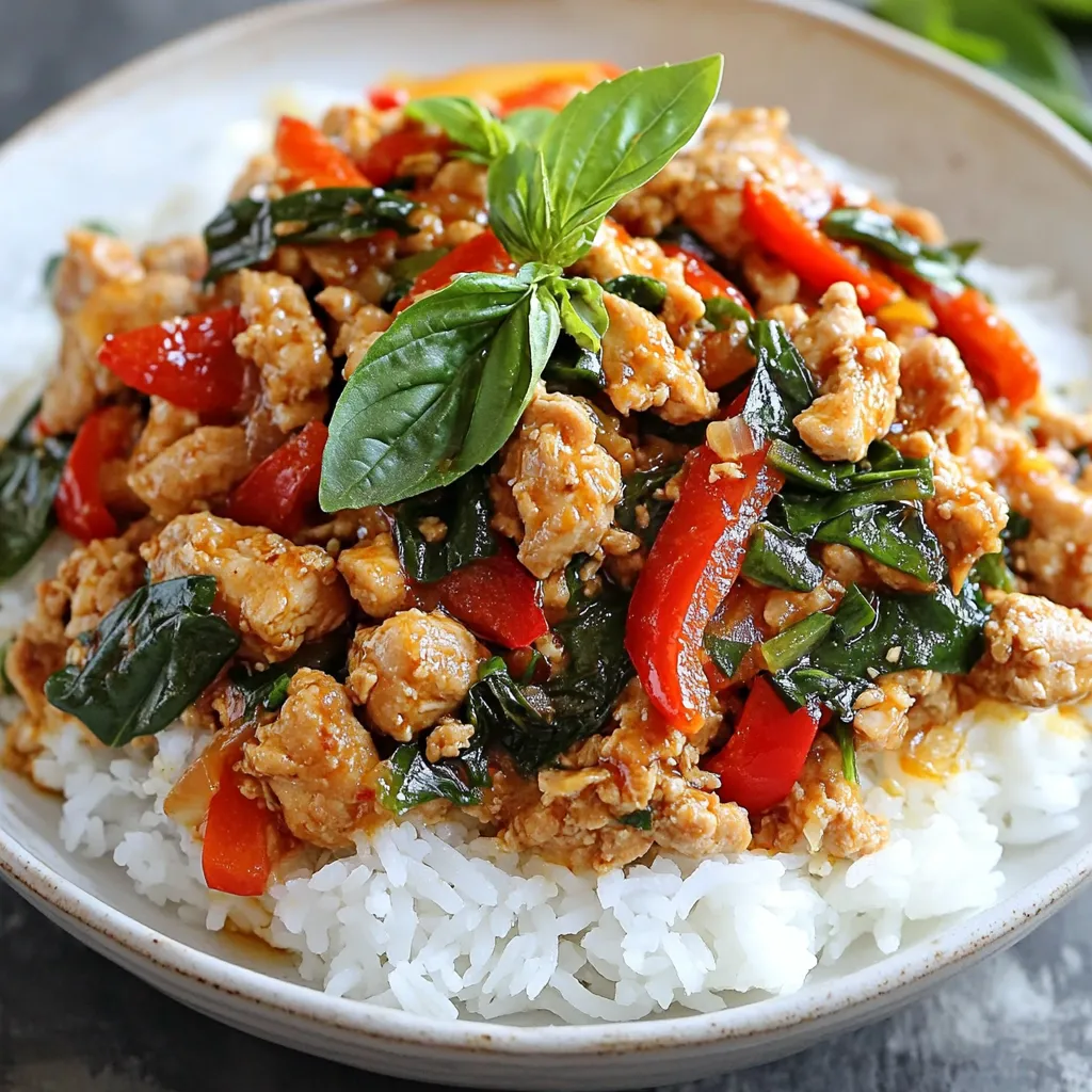 - 1 lb ground chicken - 1 cup fresh Thai basil leaves - 2 tablespoons vegetable oil - 4 cloves garlic, minced - 2 shallots, finely chopped - 2 tablespoons soy sauce - 2 tablespoons fish sauce - 1 tablespoon oyster sauce - 1 teaspoon sugar - 1 red bell pepper, sliced - 1-2 Thai chilies, minced (adjust to taste) - Salt and pepper for seasoning The main ingredients create the base for this dish. Ground chicken is lean and cooks quickly. Fresh Thai basil gives a bright flavor. The garlic and shallots add depth. Don’t skip the vegetable oil; it helps with cooking. For sauces, soy sauce, fish sauce, and oyster sauce bring umami. Sugar balances the salty flavors. If you want more color and crunch, add red bell pepper. It also adds sweetness. Thai chilies can spice up the dish. Adjust the amount based on your taste. Lastly, use salt and pepper to season. This will enhance all the flavors. Prepare these ingredients before you start cooking. It makes the process smooth and fun. {{ingredient_image_1}} 1. Heating oil and sautéing aromatics Start by heating 2 tablespoons of vegetable oil in a large skillet over medium-high heat. Once the oil is hot, add 4 cloves of minced garlic and 2 finely chopped shallots. Sauté these for about 1-2 minutes. You want them to smell great, but don’t let them burn. 2. Browning the ground chicken Now, increase the heat to high. Add 1 pound of ground chicken to the skillet. Use a spatula to break it apart. Cook for about 4-5 minutes until the chicken is browned and cooked through. 1. Adding vegetables Next, stir in 1 sliced red bell pepper. Cook for another 2-3 minutes until it softens a bit. This adds color and crunch to your dish. 2. Mixing sauces and combining In a small bowl, mix together 2 tablespoons of soy sauce, 2 tablespoons of fish sauce, 1 tablespoon of oyster sauce, 1 teaspoon of sugar, and 1-2 minced Thai chilies. Pour this sauce mixture over the chicken and bell pepper. Stir well and cook for an additional 2-3 minutes. This helps all the flavors blend nicely. 1. Adding Thai basil Now, add 1 cup of fresh Thai basil leaves to your skillet. Stir for about 1 minute until the basil wilts. This brings a fresh, aromatic flavor to the dish. 2. Serving suggestions Serve your Thai basil ground chicken hot over steamed jasmine rice. This meal is quick, easy, and packed with flavor! - Tips for perfectly browning ground chicken: Start with a hot skillet. Use medium-high heat for the oil. Add the ground chicken in small batches. This helps it brown well. Stir it gently, but let it sit to sear. Look for a golden color, about 4-5 minutes is ideal. - How to adjust spice levels: If you like it spicy, add more Thai chilies. For less heat, use fewer chilies. You can also remove the seeds for milder flavor. Taste as you go! This way, you can find your perfect spice level. - Best types of rice to serve with the dish: Jasmine rice pairs best with this dish. Its light and fluffy texture balances the flavors well. You can also use brown rice for a healthier option. Both types soak up the sauce nicely. - Garnishing ideas: Top your dish with extra Thai basil leaves for freshness. Thinly sliced red chilies add color and spice. A sprinkle of lime juice brightens the flavors too. These small touches make your meal look beautiful. - How to store leftovers: Place any leftovers in an airtight container. Store them in the fridge for up to three days. Let it cool before sealing to avoid steam buildup. - Reheating methods: For best results, reheat in a skillet over medium heat. Add a splash of water to keep it moist. You can also microwave it for quick heating, but cover it to prevent drying out. Pro Tips Use Fresh Ingredients: Always opt for fresh Thai basil and vegetables to enhance the flavor and aroma of the dish. Adjust Spice Level: Customize the heat by varying the amount of Thai chilies according to your preference. Perfect Jasmine Rice: Rinse the jasmine rice before cooking to remove excess starch for fluffier rice. Meal Prep Friendly: This dish can be made ahead of time and stored in the fridge for up to 3 days, making it perfect for meal prep. {{image_2}} You can swap ground chicken for ground turkey or pork. These options give a nice flavor change. For a vegetarian choice, you can use mushrooms or tofu. Both will absorb the sauces well. For veggies, try adding zucchini or snap peas. They add a fresh crunch and color. You can even mix in some carrots for sweetness. To change flavors, use different sauces. Try hoisin sauce for a sweeter taste. You can also add sriracha for more heat. If you want a vegan option, use soy sauce and skip the fish sauce. This keeps the dish flavorful without meat. Serve Thai Basil Ground Chicken with jasmine rice. It soaks up the sauce perfectly. You can also try it with rice noodles for a fun twist. For drinks, a light beer or iced tea pairs well. They balance the spicy flavors nicely. You can also enjoy it with coconut water for a refreshing touch. What can I substitute for Thai basil? If you can’t find Thai basil, you can use regular basil or mint. Both give a fresh taste but are less spicy. You can also try using a mix of basil and a little bit of mint for a similar flavor. Can I make this dish in advance? Yes, you can make this dish ahead of time. Cook the ground chicken and let it cool. Store it in an airtight container in the fridge for up to three days. Just reheat it before serving. Is Thai Basil Ground Chicken healthy? Yes, Thai Basil Ground Chicken is a healthy option. It contains lean protein from ground chicken and fresh veggies. Plus, the Thai basil adds antioxidants. How many calories per serving? Each serving has about 300 calories. This can vary with added rice or extra ingredients. What to do if the dish is too salty? If it tastes too salty, add more fresh ingredients. You can add cooked rice or extra vegetables. This helps balance the saltiness. How to fix an overly spicy meal? If your dish is too spicy, add some sugar or a splash of coconut milk. These will tone down the heat and add a nice flavor. Mixing in more rice can also help. - Prep time: 10 minutes - Cook time: 15 minutes - Servings: 4 - Main course: Yes - Thai cuisine: Yes - Gluten-free options: Use gluten-free soy sauce. - Low-carb variations: Serve with cauliflower rice instead of jasmine rice. This blog post explored the key ingredients, steps, and tips to make Thai Basil Ground Chicken. We covered everything from fresh herbs to cooking methods, ensuring you can create a delicious dish. Remember, feel free to swap ingredients and adjust spices to fit your taste. Enjoy experimenting with flavors and serving ideas. With the right techniques, you can make this recipe a favorite in your home. Dive into this tasty meal and make it your own!