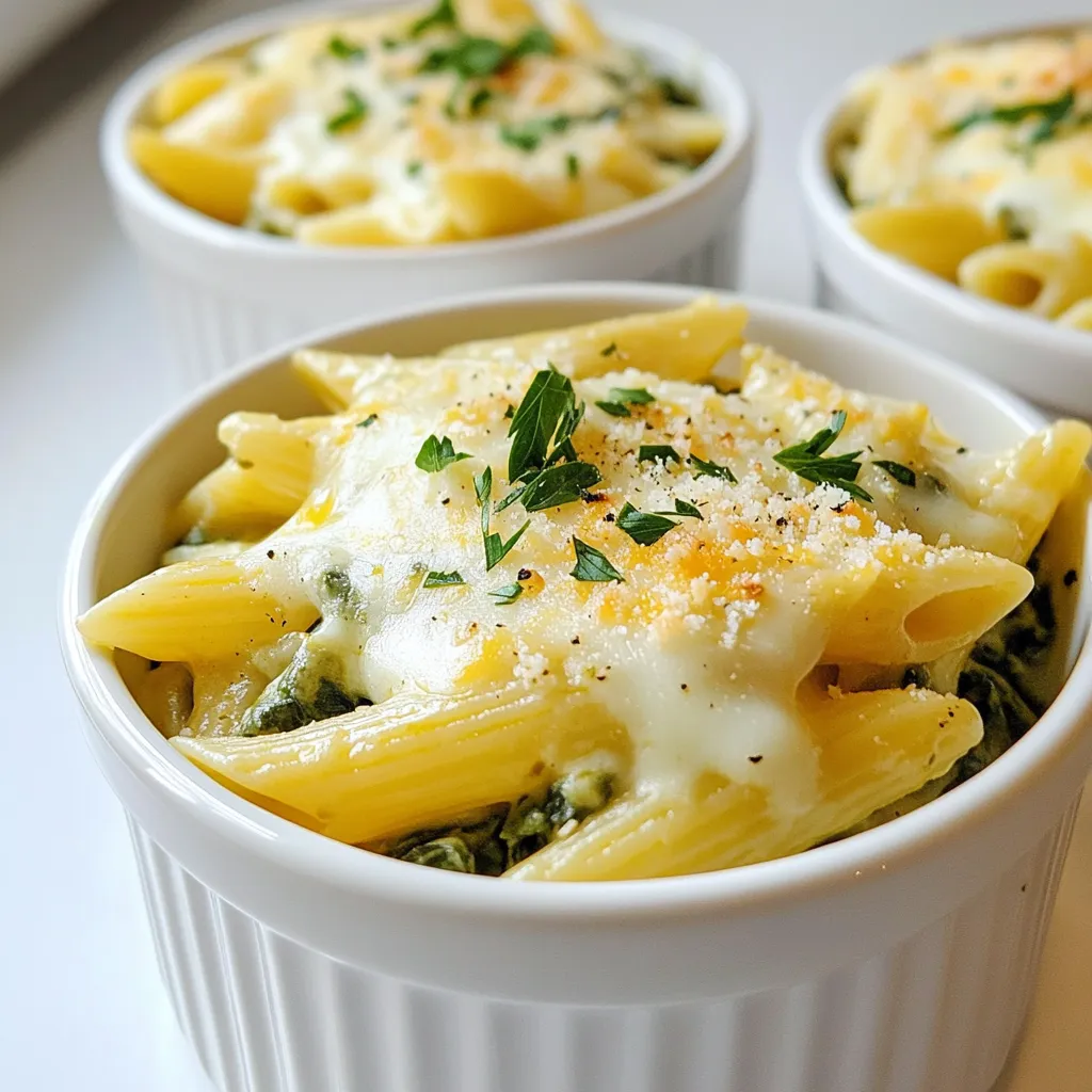 - 8 ounces pasta (penne or rotini) - 1 cup frozen spinach, thawed and drained - 1 cup canned artichoke hearts, drained and chopped - 1 cup cream cheese, softened - 1 cup shredded mozzarella cheese - ½ cup grated Parmesan cheese - 1 garlic clove, minced - ½ teaspoon red pepper flakes (optional) - 1 tablespoon olive oil - Salt and pepper to taste - Fresh parsley for garnish For this Cheesy Spinach Artichoke Dip Pasta, you need some simple and tasty ingredients. Start with your choice of pasta. Penne or rotini work well in this dish. You will also need one cup of frozen spinach. Be sure to thaw it and drain it well. One cup of canned artichoke hearts adds a unique flavor; drain and chop them before using. Next, cream cheese is key for a rich, creamy texture. You will also need mozzarella cheese for that gooey, cheesy goodness. To add some depth, use half a cup of grated Parmesan cheese. A single minced garlic clove brings warmth and aroma. If you like a little heat, add red pepper flakes, but this is optional. Do not forget the olive oil for sautéing the garlic. Season with salt and pepper to enhance the flavors. Finally, fresh parsley makes for a beautiful garnish, adding a pop of color to your dish. This blend of ingredients creates a mouthwatering pasta that is sure to delight. Enjoy cooking! {{ingredient_image_1}} First, boil salted water in a large pot. Add 8 ounces of penne or rotini pasta. Cook it according to the package directions. Once the pasta is tender, drain it well. Set it aside for later use. In a large skillet, pour in 1 tablespoon of olive oil. Heat it over medium heat. Add 1 minced garlic clove and sauté for about 1 minute. You want the garlic to be fragrant but not brown. Now, lower the heat and add 1 cup of softened cream cheese. Stir it until it becomes smooth and creamy. Next, fold in 1 cup of thawed and drained frozen spinach and 1 cup of chopped canned artichoke hearts. Add 1 cup of shredded mozzarella cheese and ½ cup of grated Parmesan cheese into the mix. Stir everything together until it’s well combined. If you like a little heat, add ½ teaspoon of red pepper flakes now. Now, it’s time to bring in the pasta. Add the cooked pasta to the skillet. Gently mix it all together until the pasta is fully coated with the cheesy mixture. Season the dish with salt and pepper to taste. Adjust the seasoning based on your preference. Sprinkle the remaining Parmesan cheese on top. Let it melt slightly for about 2 to 3 minutes. Finally, remove the skillet from the heat and garnish with fresh parsley for a bright touch. Serve warm and enjoy your cheesy delight! - Best types of pasta for this recipe: I love using penne or rotini for this dish. They hold the creamy sauce well. Their shape adds a nice bite, making each spoonful rich and cheesy. You could try other shapes too, but these are my favorites. - Importance of draining spinach and artichokes: It is key to drain the spinach and artichokes well. Excess water can make the dish soupy. Make sure to squeeze out the water from the spinach. This step keeps the pasta creamy and thick. - Suggestions for additional seasonings: You can add garlic powder or onion powder for more depth. A splash of lemon juice can brighten the flavors too. If you like heat, a pinch of cayenne pepper works great. - Using fresh herbs vs. dried: Fresh herbs, like basil or parsley, add a vibrant taste. Use them at the end for a burst of flavor. Dried herbs are good too and can be mixed in while cooking. - Crunchy topping ideas: For a crunchy topping, try adding breadcrumbs mixed with a bit of olive oil. Toast them in a pan for a few minutes until golden. You could also sprinkle some crushed chips on top for extra crunch. - Incorporating protein (e.g., chicken or shrimp): Adding cooked chicken or shrimp can make this dish heartier. Simply mix in cooked protein before serving. This addition also boosts the flavor and makes it a complete meal. Pro Tips Choose the Right Pasta: Opt for short pasta shapes like penne or rotini that hold the cheesy sauce well, making every bite delicious. Thaw and Drain Spinach Properly: Ensure the frozen spinach is thoroughly thawed and drained to avoid excess moisture, which can make the dip watery. Experiment with Cheese: For a richer flavor, try adding a blend of cheeses like gouda or cheddar along with mozzarella and Parmesan. Make it Ahead: Prepare the dip in advance and store it in the fridge. Just reheat and mix with the pasta when you're ready to serve! {{image_2}} You can make this dish even more vibrant by adding other veggies. You could use bell peppers, zucchini, or mushrooms. These add color and texture. Just chop them up and sauté them with the garlic. This gives a nice crunch and fresh taste. If you want to make this dish vegan, it’s simple. Substitute cream cheese with a plant-based cream. You can use cashew cream or a store-bought vegan cream cheese. For the cheeses, try nutritional yeast for a cheesy flavor. You can also use vegan mozzarella. If you need a gluten-free meal, choose gluten-free pasta. Many brands offer penne or rotini made from rice, corn, or chickpeas. These types cook well and hold the sauce nicely. Enjoy this cheesy pasta without worry! To store leftovers, place the pasta in an airtight container. Make sure it cools down first. This will help keep it fresh. You can store it in the fridge for up to three days. If you want it to last longer, consider freezing. When reheating, use a microwave or stovetop. If using a microwave, heat on low power. Stir it every minute to help it warm evenly. On the stovetop, add a splash of water or milk. This keeps the pasta from drying out. Heat it over low heat until warm and creamy. To freeze, let the pasta cool completely. Transfer it to a freezer-safe container. Label the container with the date. It can stay in the freezer for up to three months. To thaw, move it to the fridge overnight. Reheat it as mentioned above for best results. You can prepare this pasta in advance. Cook the pasta and mix it with the sauce. Let it cool, then store it in an airtight container. Refrigerate for up to three days. When you’re ready to eat, just reheat it on the stove or in the microwave. Add a splash of water to keep it creamy. This makes for a quick meal later! Yes, you can use fresh spinach! Just wash and chop about 4 cups. Sauté it in the oil until wilted. Then, mix it in with the cheese and artichokes. The fresh taste will add a nice touch to the dish. This pasta pairs well with a simple green salad or garlic bread. You can also serve it with grilled chicken for more protein. For a fun twist, serve it in a bread bowl. The options are endless! To add heat, increase the red pepper flakes to one teaspoon. You can also add diced jalapeños or hot sauce. Stir these in while mixing the cheese and pasta. Taste as you go to find the right level of spice for you! This blog post covered a tasty Cheesy Spinach Artichoke Dip Pasta recipe. You learned about the ingredients, cooking steps, and tips for the best results. I shared variations for different diets and how to store leftovers. Each part helps you enjoy this dish to its fullest. Remember, this recipe can be fun and creative. Play with flavors and textures to make it your own. Enjoy cooking and sharing your version!