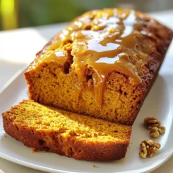 For this delicious pumpkin drizzle bread, you need a few key items: - 1 cup canned pumpkin puree - 1/2 cup vegetable oil - 1 cup brown sugar - 1/2 cup granulated sugar These ingredients create the soft, moist base of the bread. Canned pumpkin puree is easy to use and gives great flavor. The vegetable oil keeps the bread tender. Brown sugar adds richness, while granulated sugar balances the sweetness. You can enhance the flavor and texture with these add-ins: - 1/2 cup chopped walnuts - 1/2 cup caramel sauce for drizzling Chopped walnuts add a nice crunch. They also give a nutty flavor that pairs well with pumpkin. The caramel sauce on top makes the bread extra special. It adds a sweet and gooey finish. If you want to change things up, here are some tips: - For vegan substitutions, replace eggs with flax eggs. Mix 1 tablespoon of flaxseed meal with 3 tablespoons of water and let it sit for five minutes. - For gluten-free options, use a gluten-free flour blend. Make sure it has a good binding agent, such as xanthan gum. These adjustments help you enjoy this tasty bread in different ways. Whether you need it vegan or gluten-free, you can still savor the flavors! 1. Preheat your oven to 350°F (175°C). This ensures even baking. 2. Grease and flour a 9x5 inch loaf pan. You can also line it with parchment paper. This makes it easy to remove the bread later. 1. In a large bowl, combine the canned pumpkin puree, vegetable oil, brown sugar, and granulated sugar. Whisk until smooth. 2. Add the three large eggs one at a time. Mix well after each egg. 3. In another bowl, whisk together the all-purpose flour, baking soda, baking powder, ground cinnamon, nutmeg, and salt. 4. Gradually add the dry mix to the wet mixture. Stir until just combined. Do not overmix. If you like, gently fold in the chopped walnuts. 1. Pour the batter into the prepared loaf pan. Smooth the top with a spatula. 2. Bake in the preheated oven for 60 to 70 minutes. Check doneness by inserting a toothpick in the center. It should come out clean. 3. Once baked, remove the pan from the oven. Let it cool for about 10 minutes. Then transfer the bread to a wire rack to cool completely. 4. Drizzle warm caramel sauce over the top of the bread. This adds a sweet finish! To get the best texture in your pumpkin drizzle bread, do not overmix. Mix just until you see no dry flour. This keeps the bread fluffy and light. How can you know when the bread is done? Insert a toothpick into the center. If it comes out clean, your bread is ready. If not, bake for a few more minutes. When it comes to caramel, warm sauce works best for drizzling. Cold caramel can be thick and hard to pour. Heat it gently, so it flows nicely over your bread. For an even drizzle, use a small spoon or squeeze bottle. Start from the center and work your way to the edges. This creates a nice, beautiful pattern. To serve your pumpkin bread, slice it and place it on a rustic wooden board. Drizzle extra caramel sauce on each slice. You can also add a dollop of whipped cream for a fun touch. Pair your pumpkin drizzle bread with a hot drink, like coffee or tea. The warmth brings out those lovely flavors. You can also enjoy it with a scoop of vanilla ice cream for a special treat. {{image_2}} You can make your pumpkin drizzle bread even tastier with some simple changes. Try adding spices like ginger or cloves. These spices boost the warmth and flavor. If you love chocolate, consider a chocolate chip version. Just fold in some chocolate chips when mixing the batter. This adds a rich, sweet twist. Want to make this bread healthier? You can create keto-friendly options. Replace regular flour with almond flour and use a sugar substitute. This keeps the flavors while reducing carbs. For those with nut allergies, use sunflower seeds or pumpkin seeds instead of walnuts. This keeps the crunch without the nuts. You can change this recipe for different seasons. In spring, use lemon zest for a fresh taste. For summer, add berries for a fruity twist. During the holidays, spice it up with eggnog flavor or cranberries. Each season can bring new joy to your pumpkin drizzle bread. To keep your pumpkin drizzle bread fresh, let it cool completely. Wrap it in plastic wrap or place it in an airtight container. Store it at room temperature for up to three days. If you want to keep it a bit longer, you can refrigerate it for up to a week. Just remember, refrigeration can change the texture a bit. For long-term storage, freezing is your best bet. Slice the bread first, then wrap each slice in plastic wrap. Place the wrapped slices in a freezer-safe bag. It can last for up to three months in the freezer. When you’re ready to enjoy, take out a slice and let it thaw at room temperature. You can also reheat it in the oven or microwave for a warm treat. To keep the caramel sauce fresh, store it in an airtight container in the fridge. It will stay good for about two weeks. If the sauce thickens, just warm it gently on the stove or in the microwave. Stir it well to restore its smooth texture. Drizzling warm caramel over your bread enhances the flavors and makes each bite special. Can I use fresh pumpkin instead of canned? Yes, you can use fresh pumpkin. Just cook and mash it until smooth. Use the same amount as canned, about one cup. Fresh pumpkin may have more water, so drain excess liquid if needed. How can I make this recipe dairy-free? To make it dairy-free, swap vegetable oil for coconut oil or any plant-based oil. Use a dairy-free caramel sauce for drizzling. This keeps the flavors rich without dairy. Why did my bread sink? Your bread may sink due to overmixing the batter. This makes it dense. Also, check if your baking soda is fresh. If it’s old, the bread won’t rise well. What to do if the caramel hardens? If your caramel hardens, gently heat it in a microwave or over low heat. Stir often until it becomes smooth again. Adding a splash of water can help too. What goes well with pumpkin bread? Pumpkin bread pairs well with cream cheese frosting or whipped cream. You can also serve it with a sprinkle of chopped nuts on top for added crunch. Best drinks to serve with pumpkin drizzle bread Coffee or chai tea are perfect with pumpkin bread. A glass of spiced apple cider also enhances the fall flavors. Enjoy your treat with a warm drink! In this post, we explored how to make delicious pumpkin bread. We covered key ingredients like pumpkin puree and sugars and shared tips for texture and caramel drizzling. You learned about variations, storage methods, and answered common questions. Now, you can confidently bake this treat, whether for a cozy gathering or a simple snack. Experiment with flavors and share with friends. Enjoy your baking journey!