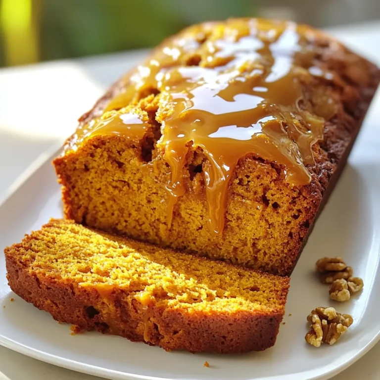 For this delicious pumpkin drizzle bread, you need a few key items: - 1 cup canned pumpkin puree - 1/2 cup vegetable oil - 1 cup brown sugar - 1/2 cup granulated sugar These ingredients create the soft, moist base of the bread. Canned pumpkin puree is easy to use and gives great flavor. The vegetable oil keeps the bread tender. Brown sugar adds richness, while granulated sugar balances the sweetness. You can enhance the flavor and texture with these add-ins: - 1/2 cup chopped walnuts - 1/2 cup caramel sauce for drizzling Chopped walnuts add a nice crunch. They also give a nutty flavor that pairs well with pumpkin. The caramel sauce on top makes the bread extra special. It adds a sweet and gooey finish. If you want to change things up, here are some tips: - For vegan substitutions, replace eggs with flax eggs. Mix 1 tablespoon of flaxseed meal with 3 tablespoons of water and let it sit for five minutes. - For gluten-free options, use a gluten-free flour blend. Make sure it has a good binding agent, such as xanthan gum. These adjustments help you enjoy this tasty bread in different ways. Whether you need it vegan or gluten-free, you can still savor the flavors! 1. Preheat your oven to 350°F (175°C). This ensures even baking. 2. Grease and flour a 9x5 inch loaf pan. You can also line it with parchment paper. This makes it easy to remove the bread later. 1. In a large bowl, combine the canned pumpkin puree, vegetable oil, brown sugar, and granulated sugar. Whisk until smooth. 2. Add the three large eggs one at a time. Mix well after each egg. 3. In another bowl, whisk together the all-purpose flour, baking soda, baking powder, ground cinnamon, nutmeg, and salt. 4. Gradually add the dry mix to the wet mixture. Stir until just combined. Do not overmix. If you like, gently fold in the chopped walnuts. 1. Pour the batter into the prepared loaf pan. Smooth the top with a spatula. 2. Bake in the preheated oven for 60 to 70 minutes. Check doneness by inserting a toothpick in the center. It should come out clean. 3. Once baked, remove the pan from the oven. Let it cool for about 10 minutes. Then transfer the bread to a wire rack to cool completely. 4. Drizzle warm caramel sauce over the top of the bread. This adds a sweet finish! To get the best texture in your pumpkin drizzle bread, do not overmix. Mix just until you see no dry flour. This keeps the bread fluffy and light. How can you know when the bread is done? Insert a toothpick into the center. If it comes out clean, your bread is ready. If not, bake for a few more minutes. When it comes to caramel, warm sauce works best for drizzling. Cold caramel can be thick and hard to pour. Heat it gently, so it flows nicely over your bread. For an even drizzle, use a small spoon or squeeze bottle. Start from the center and work your way to the edges. This creates a nice, beautiful pattern. To serve your pumpkin bread, slice it and place it on a rustic wooden board. Drizzle extra caramel sauce on each slice. You can also add a dollop of whipped cream for a fun touch. Pair your pumpkin drizzle bread with a hot drink, like coffee or tea. The warmth brings out those lovely flavors. You can also enjoy it with a scoop of vanilla ice cream for a special treat. {{image_2}} You can make your pumpkin drizzle bread even tastier with some simple changes. Try adding spices like ginger or cloves. These spices boost the warmth and flavor. If you love chocolate, consider a chocolate chip version. Just fold in some chocolate chips when mixing the batter. This adds a rich, sweet twist. Want to make this bread healthier? You can create keto-friendly options. Replace regular flour with almond flour and use a sugar substitute. This keeps the flavors while reducing carbs. For those with nut allergies, use sunflower seeds or pumpkin seeds instead of walnuts. This keeps the crunch without the nuts. You can change this recipe for different seasons. In spring, use lemon zest for a fresh taste. For summer, add berries for a fruity twist. During the holidays, spice it up with eggnog flavor or cranberries. Each season can bring new joy to your pumpkin drizzle bread. To keep your pumpkin drizzle bread fresh, let it cool completely. Wrap it in plastic wrap or place it in an airtight container. Store it at room temperature for up to three days. If you want to keep it a bit longer, you can refrigerate it for up to a week. Just remember, refrigeration can change the texture a bit. For long-term storage, freezing is your best bet. Slice the bread first, then wrap each slice in plastic wrap. Place the wrapped slices in a freezer-safe bag. It can last for up to three months in the freezer. When you’re ready to enjoy, take out a slice and let it thaw at room temperature. You can also reheat it in the oven or microwave for a warm treat. To keep the caramel sauce fresh, store it in an airtight container in the fridge. It will stay good for about two weeks. If the sauce thickens, just warm it gently on the stove or in the microwave. Stir it well to restore its smooth texture. Drizzling warm caramel over your bread enhances the flavors and makes each bite special. Can I use fresh pumpkin instead of canned? Yes, you can use fresh pumpkin. Just cook and mash it until smooth. Use the same amount as canned, about one cup. Fresh pumpkin may have more water, so drain excess liquid if needed. How can I make this recipe dairy-free? To make it dairy-free, swap vegetable oil for coconut oil or any plant-based oil. Use a dairy-free caramel sauce for drizzling. This keeps the flavors rich without dairy. Why did my bread sink? Your bread may sink due to overmixing the batter. This makes it dense. Also, check if your baking soda is fresh. If it’s old, the bread won’t rise well. What to do if the caramel hardens? If your caramel hardens, gently heat it in a microwave or over low heat. Stir often until it becomes smooth again. Adding a splash of water can help too. What goes well with pumpkin bread? Pumpkin bread pairs well with cream cheese frosting or whipped cream. You can also serve it with a sprinkle of chopped nuts on top for added crunch. Best drinks to serve with pumpkin drizzle bread Coffee or chai tea are perfect with pumpkin bread. A glass of spiced apple cider also enhances the fall flavors. Enjoy your treat with a warm drink! In this post, we explored how to make delicious pumpkin bread. We covered key ingredients like pumpkin puree and sugars and shared tips for texture and caramel drizzling. You learned about variations, storage methods, and answered common questions. Now, you can confidently bake this treat, whether for a cozy gathering or a simple snack. Experiment with flavors and share with friends. Enjoy your baking journey!