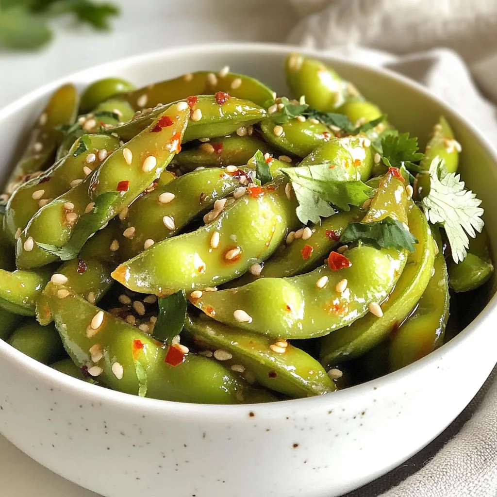 - 2 cups edamame, in pods - 4 cloves garlic, minced - 2 tablespoons sesame oil - 1 tablespoon soy sauce - 1 teaspoon red pepper flakes - 1 tablespoon lime juice - Sea salt, to taste - Fresh cilantro, chopped (for garnish) - 1 teaspoon ginger, minced - 1 tablespoon toasted sesame seeds - Squeeze of lemon juice - Calories: 120 - Protein: 10g - Fat: 7g - Carbohydrates: 10g - Fiber: 4g - Sodium: 250mg This recipe is easy and quick. You can enjoy it as a snack or a side dish. Each serving is packed with flavor and nutrition. The edamame gives protein, while garlic adds zest. You can play with extra spices or herbs for more taste. {{ingredient_image_1}} Start by boiling water in a large pot. Add salt to the water for flavor. Once the water boils, add 2 cups of edamame pods. Cook them for about 3-5 minutes. You want them tender yet bright green. After cooking, drain the edamame and set it aside. In a large skillet, pour 2 tablespoons of sesame oil. Heat it over medium heat. Add 4 cloves of minced garlic to the oil. Sauté the garlic for 1-2 minutes. You want to smell the garlic but not burn it. Now, stir in the cooked edamame pods. Pour in 1 tablespoon of soy sauce and 1 teaspoon of red pepper flakes. Add 1 tablespoon of lime juice for a zesty kick. Toss everything to coat the edamame well. Cook for another 2-3 minutes. This lets the flavors mix nicely. Finally, season with sea salt to taste. Adjust the spice by adding more red pepper flakes if you like it hot. Remove from heat and transfer to a serving bowl. Garnish with chopped fresh cilantro for a pop of color and flavor. Enjoy your spicy garlic edamame! To get the best texture, pick fresh edamame. The pods should feel firm and smooth. Start by boiling salted water. Cook the edamame for 3-5 minutes. They should be tender yet bright green. After cooking, drain the pods well. This keeps them from getting soggy. Spice levels can change the whole dish. If you like it mild, use less red pepper flakes. Start with half a teaspoon. You can always add more later. If you love heat, add more flakes while cooking. Taste as you go to find your perfect balance. Sautéing garlic brings out its rich aroma. Use medium heat for best results. Add minced garlic to hot oil and stir right away. Cook for only 1-2 minutes. Keep an eye on it to avoid burning. Burnt garlic tastes bitter and ruins the dish. If it starts to brown too fast, reduce the heat. Pro Tips Choose Fresh Edamame: Look for vibrant green pods that are firm to the touch. Fresh edamame will enhance the flavor and texture of your dish. Adjust Spice Levels: Feel free to add more or fewer red pepper flakes based on your heat preference. You can also substitute with a different chili if desired. Experiment with Garnishes: Besides cilantro, try topping your edamame with sesame seeds, green onions, or even a sprinkle of toasted nori for added flavor and texture. Serve Immediately: Enjoy your spicy garlic edamame fresh off the stove for the best flavor and texture. They can also be served cold, but they are tastiest warm! {{image_2}} You can easily change the flavor of your spicy garlic edamame. Try adding ginger for a warm kick. A bit of cumin gives a smoky taste. If you like citrus, add lemon zest. Fresh herbs like basil or mint can also bring a fun twist. Experiment with your favorites! Both frozen and fresh edamame work well in this recipe. Frozen edamame is quick and easy. You can find it in most grocery stores. Just cook it according to package directions. Fresh edamame tastes great too, but it takes a bit more time to prepare. Choose what fits your schedule best. Spicy garlic edamame makes a great snack or side dish. Serve it with sushi or rice. Pair it with a cold drink like green tea or a light beer. It also works well as a topping for salads. Feel free to get creative with how you serve it! After making Spicy Garlic Edamame, you might have some leftovers. To keep them fresh, let them cool down first. Then, place the edamame in an airtight container. This helps prevent drying out. Store them in your fridge. They will stay good for up to three days. If you want to keep them longer, freezing is the way to go. When you're ready to eat your leftovers, reheating is key. You can heat them in a skillet over medium heat. Add a splash of sesame oil to keep them moist. Stir often for about five minutes until they are warm. This helps bring back the flavors. You can also microwave them. Just place them in a bowl, cover with a damp paper towel, and heat for one minute. To freeze your Spicy Garlic Edamame, start by cooking them as usual. Let them cool completely. Then, spread them out on a baking sheet in a single layer. Freeze them for one to two hours. Once frozen, transfer the edamame to a freezer bag. Be sure to remove any air before sealing. They can stay in the freezer for up to three months. When you want to enjoy them again, simply thaw and reheat. Edamame are young soybeans. They come in pods and are often green. To prepare edamame, start by boiling salted water. Add the edamame pods and cook for 3-5 minutes. They should be tender and bright green. After cooking, drain the pods and set them aside. This simple method keeps the beans fresh and tasty. Yes, you can! If you want to skip garlic, try using ginger instead. Ginger adds a nice kick and flavor. You can also use other herbs, like green onions or cilantro. They will change the taste but still keep it delicious. The key is to find a substitute that you enjoy. This dish is already vegan! Edamame, sesame oil, soy sauce, and lime juice are all plant-based. Just make sure to check your soy sauce. Some brands may add non-vegan ingredients. Use a verified vegan soy sauce to keep it fully vegan. Enjoy your healthy and tasty Spicy Garlic Edamame! This post covered how to make flavorful Spicy Garlic Edamame. We looked at essential ingredients, simple steps, and useful tips. You learned how to control spice and achieve a perfect texture. We also discussed fun variations and best ways to store leftovers. Enjoying this dish is easy, healthy, and tasty. Now, you have the tools to impress your friends and family with your cooking skills!