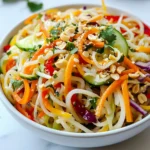 - 8 oz rice noodles - 1 cup carrots, julienned - 1 red bell pepper, thinly sliced - 1 cucumber, spiralized or julienned - 1 cup red cabbage, shredded - 1 cup bean sprouts - ¼ cup fresh cilantro, chopped - ¼ cup roasted peanuts, crushed The rice noodles form the base of this salad. They soak up the dressing well. I love using fresh veggies like carrots and red bell peppers for a crunch. Cucumber adds a refreshing touch, while red cabbage gives a nice color. Bean sprouts add that extra crunch you want. Don't forget the fresh cilantro! It brings a bright flavor. Roasted peanuts add a tasty, nutty finish. - 3 tablespoons lime juice - 2 tablespoons soy sauce - 1 tablespoon sesame oil - 1 tablespoon chili paste (adjust for spice level) - 1 tablespoon honey or agave syrup - 1 garlic clove, minced The dressing is key to this salad. Lime juice adds a tangy zing. Soy sauce gives it a salty depth. Sesame oil brings a rich flavor that ties it all together. Chili paste gives the heat, so adjust it to your taste. Honey or agave syrup adds a touch of sweetness. Garlic adds a savory note. Together, these ingredients create a bold dressing that makes this salad shine. Each serving of this salad has about 250 calories. It offers around 7 grams of protein, 10 grams of fat, and 36 grams of carbs. This salad is light yet filling. It gives you energy without weighing you down. Plus, the mix of fresh ingredients provides vitamins and minerals. Enjoy this healthy and tasty dish as a meal or a side! {{ingredient_image_1}} To cook rice noodles, start by boiling water. Add the noodles and cook as per the package. Usually, this takes about 5 to 7 minutes. Once they are soft, drain the noodles. Rinse them under cold water to stop the cooking process. This also helps cool them down. To avoid sticky noodles, make sure to rinse them well. You can also toss them with a little oil after rinsing. This keeps them separate and ready for the salad. Next, we need to prepare the vegetables. For carrots, use a sharp knife to cut them into thin strips. This is called julienning. For the cucumber, you can spiralize it or cut it in the same way. Mix all the vegetables in a large bowl. You want the red bell pepper, red cabbage, and bean sprouts to blend well with the carrots and cucumber. Toss them gently to combine without bruising the veggies. Now, let's make the dressing. In a small bowl, add lime juice, soy sauce, sesame oil, chili paste, honey, and minced garlic. Use a whisk to mix them well until smooth. To adjust the spice level, taste the dressing. If you want it hotter, add more chili paste. If you prefer it milder, use less. This is your chance to make it just right for your taste. Finally, it's time to combine everything. Add the cooled rice noodles to the bowl with the vegetables. Pour the dressing over the top. Use tongs to toss everything together well. Next, fold in the chopped cilantro and crushed peanuts. Save a little of the peanuts for garnish later. Taste the salad and adjust seasoning if needed. You can add more lime juice or soy sauce if you like. Let the salad sit for about 10 to 15 minutes before serving. This helps all the flavors mix nicely. Serve the salad in a big bowl or individual plates. Don’t forget the reserved peanuts and cilantro for a nice touch! To make your Spicy Thai Noodle Salad just right, focus on seasoning. Taste your dish as you go. If it needs more punch, add lime juice or soy sauce. For spice, adjust the chili paste. Start with one tablespoon and add more if you like heat. Fresh herbs can make a big difference. I love adding cilantro because it brightens up the salad. You can also use mint or basil for a different twist. Just chop them finely and mix them in at the end. Presentation matters! Serve the salad in a big bowl or on individual plates for a lovely touch. For a pop of color, sprinkle extra crushed peanuts and cilantro on top. This adds a nice crunch, too. Pair this salad with grilled chicken or shrimp for a full meal. You can also serve it with spring rolls for a fun side. Both add flavor and texture. Timing is key for the best results. Start by cooking the rice noodles first. While they cool, prep your veggies. This keeps everything fresh. You can chop and store your veggies ahead of time. Just keep them in the fridge in a sealed container. This way, you can easily toss the salad together when you are ready. Pro Tips Fresh Ingredients: Use fresh vegetables for the best flavor and crunch. They add vibrant color and nutrients to your salad. Chill Time: Allow the salad to sit for 10-15 minutes before serving. This helps the flavors to meld beautifully. Adjust Spice Level: Feel free to adjust the amount of chili paste in the dressing to suit your heat preference. Crunch Factor: For extra crunch, toast the peanuts lightly before adding them to the salad. {{image_2}} You can replace rice noodles with other types. Try using whole wheat noodles. They add a nice texture. You can also use zucchini noodles for a low-carb option. If you want gluten-free noodles, rice noodles are a great choice. You can also look for gluten-free pasta made from brown rice or quinoa. Add proteins for a heartier meal. Grilled chicken or shrimp works great. Tofu is a fantastic option for a vegetarian dish. You can also add hard-boiled eggs. For veggies, consider adding snap peas or radishes. They bring a nice crunch and extra nutrition. Spice up the dressing by using sriracha or red pepper flakes. You can mix in peanut butter for a creamier texture. For vegan options, swap honey with maple syrup or agave. You can also reduce soy sauce and add more lime juice for a fresh twist. To keep your Spicy Thai Noodle Salad fresh, store it in an airtight container. Place it in the fridge right after serving. This helps maintain its crunch. You can enjoy the salad for up to three days. Look out for signs of spoilage. If you see wilting vegetables or a sour smell, it’s time to toss it. You might not need to reheat this salad, but if you do, use the stovetop. Heat it gently in a pan for a few minutes. This keeps the veggies fresh and crunchy. Avoid using the microwave, as it can make the noodles soggy. Instead, serve the salad cold for the best taste. For easy meal prep, chop your veggies ahead of time. Store them in separate containers. Cook the rice noodles in advance, too, but keep them separate. This way, you can mix everything just before eating. It saves time on busy days and keeps the salad fresh and tasty. Spicy Thai Noodle Salad is a bright and crunchy dish. It comes from Thailand and mixes fresh veggies with tasty noodles. This salad is popular for its bold flavors and spicy kick. You can enjoy it as a side or a light meal. The dish highlights rice noodles, fresh herbs, and a zesty dressing. It’s a great way to experience Thai cuisine at home. Yes, you can make this salad ahead of time. To do this, prepare the salad ingredients and store them separately. Keep the dressing in a jar or container. When you are ready to serve, mix everything together. This keeps the noodles and veggies fresh and crunchy. You can store the salad in the fridge for up to two days. Just remember to toss it again before serving. Yes, this salad can be gluten-free. Use gluten-free soy sauce instead of regular soy sauce. You can also substitute rice noodles with gluten-free options like zucchini noodles or quinoa noodles. This way, anyone with gluten sensitivity can enjoy this tasty dish without worry. To make the salad less spicy, use less chili paste in the dressing. You can start with half a tablespoon and taste it. If it’s still too hot, add more lime juice or honey to balance the heat. Another option is to skip the chili paste and add a bit of ginger for flavor without the spice. Yes, you can use different vegetables in your salad. Feel free to swap in your favorites. Here are some great options: - Bell peppers (any color) - Snap peas - Broccoli florets - Radishes - Green onions These changes can add new textures and flavors to your salad, making it your own! In this article, we explored how to make a Spicy Thai Noodle Salad. We covered essential ingredients, from crisp vegetables to a tangy dressing. I shared steps to cook rice noodles and prepare veggies. We also discussed tips for perfect flavor and serving ideas. Variations let you customize the salad to your taste. Finally, proper storage helps keep leftovers fresh for later. Enjoy this delicious dish knowing you have all the tools to make it uniquely yours. Happy cooking!