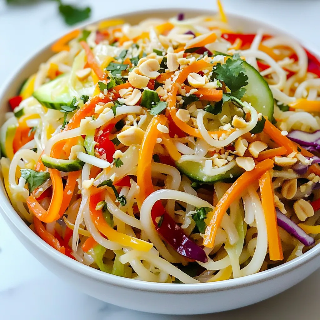 - 8 oz rice noodles - 1 cup carrots, julienned - 1 red bell pepper, thinly sliced - 1 cucumber, spiralized or julienned - 1 cup red cabbage, shredded - 1 cup bean sprouts - ¼ cup fresh cilantro, chopped - ¼ cup roasted peanuts, crushed The rice noodles form the base of this salad. They soak up the dressing well. I love using fresh veggies like carrots and red bell peppers for a crunch. Cucumber adds a refreshing touch, while red cabbage gives a nice color. Bean sprouts add that extra crunch you want. Don't forget the fresh cilantro! It brings a bright flavor. Roasted peanuts add a tasty, nutty finish. - 3 tablespoons lime juice - 2 tablespoons soy sauce - 1 tablespoon sesame oil - 1 tablespoon chili paste (adjust for spice level) - 1 tablespoon honey or agave syrup - 1 garlic clove, minced The dressing is key to this salad. Lime juice adds a tangy zing. Soy sauce gives it a salty depth. Sesame oil brings a rich flavor that ties it all together. Chili paste gives the heat, so adjust it to your taste. Honey or agave syrup adds a touch of sweetness. Garlic adds a savory note. Together, these ingredients create a bold dressing that makes this salad shine. Each serving of this salad has about 250 calories. It offers around 7 grams of protein, 10 grams of fat, and 36 grams of carbs. This salad is light yet filling. It gives you energy without weighing you down. Plus, the mix of fresh ingredients provides vitamins and minerals. Enjoy this healthy and tasty dish as a meal or a side! {{ingredient_image_1}} To cook rice noodles, start by boiling water. Add the noodles and cook as per the package. Usually, this takes about 5 to 7 minutes. Once they are soft, drain the noodles. Rinse them under cold water to stop the cooking process. This also helps cool them down. To avoid sticky noodles, make sure to rinse them well. You can also toss them with a little oil after rinsing. This keeps them separate and ready for the salad. Next, we need to prepare the vegetables. For carrots, use a sharp knife to cut them into thin strips. This is called julienning. For the cucumber, you can spiralize it or cut it in the same way. Mix all the vegetables in a large bowl. You want the red bell pepper, red cabbage, and bean sprouts to blend well with the carrots and cucumber. Toss them gently to combine without bruising the veggies. Now, let's make the dressing. In a small bowl, add lime juice, soy sauce, sesame oil, chili paste, honey, and minced garlic. Use a whisk to mix them well until smooth. To adjust the spice level, taste the dressing. If you want it hotter, add more chili paste. If you prefer it milder, use less. This is your chance to make it just right for your taste. Finally, it's time to combine everything. Add the cooled rice noodles to the bowl with the vegetables. Pour the dressing over the top. Use tongs to toss everything together well. Next, fold in the chopped cilantro and crushed peanuts. Save a little of the peanuts for garnish later. Taste the salad and adjust seasoning if needed. You can add more lime juice or soy sauce if you like. Let the salad sit for about 10 to 15 minutes before serving. This helps all the flavors mix nicely. Serve the salad in a big bowl or individual plates. Don’t forget the reserved peanuts and cilantro for a nice touch! To make your Spicy Thai Noodle Salad just right, focus on seasoning. Taste your dish as you go. If it needs more punch, add lime juice or soy sauce. For spice, adjust the chili paste. Start with one tablespoon and add more if you like heat. Fresh herbs can make a big difference. I love adding cilantro because it brightens up the salad. You can also use mint or basil for a different twist. Just chop them finely and mix them in at the end. Presentation matters! Serve the salad in a big bowl or on individual plates for a lovely touch. For a pop of color, sprinkle extra crushed peanuts and cilantro on top. This adds a nice crunch, too. Pair this salad with grilled chicken or shrimp for a full meal. You can also serve it with spring rolls for a fun side. Both add flavor and texture. Timing is key for the best results. Start by cooking the rice noodles first. While they cool, prep your veggies. This keeps everything fresh. You can chop and store your veggies ahead of time. Just keep them in the fridge in a sealed container. This way, you can easily toss the salad together when you are ready. Pro Tips Fresh Ingredients: Use fresh vegetables for the best flavor and crunch. They add vibrant color and nutrients to your salad. Chill Time: Allow the salad to sit for 10-15 minutes before serving. This helps the flavors to meld beautifully. Adjust Spice Level: Feel free to adjust the amount of chili paste in the dressing to suit your heat preference. Crunch Factor: For extra crunch, toast the peanuts lightly before adding them to the salad. {{image_2}} You can replace rice noodles with other types. Try using whole wheat noodles. They add a nice texture. You can also use zucchini noodles for a low-carb option. If you want gluten-free noodles, rice noodles are a great choice. You can also look for gluten-free pasta made from brown rice or quinoa. Add proteins for a heartier meal. Grilled chicken or shrimp works great. Tofu is a fantastic option for a vegetarian dish. You can also add hard-boiled eggs. For veggies, consider adding snap peas or radishes. They bring a nice crunch and extra nutrition. Spice up the dressing by using sriracha or red pepper flakes. You can mix in peanut butter for a creamier texture. For vegan options, swap honey with maple syrup or agave. You can also reduce soy sauce and add more lime juice for a fresh twist. To keep your Spicy Thai Noodle Salad fresh, store it in an airtight container. Place it in the fridge right after serving. This helps maintain its crunch. You can enjoy the salad for up to three days. Look out for signs of spoilage. If you see wilting vegetables or a sour smell, it’s time to toss it. You might not need to reheat this salad, but if you do, use the stovetop. Heat it gently in a pan for a few minutes. This keeps the veggies fresh and crunchy. Avoid using the microwave, as it can make the noodles soggy. Instead, serve the salad cold for the best taste. For easy meal prep, chop your veggies ahead of time. Store them in separate containers. Cook the rice noodles in advance, too, but keep them separate. This way, you can mix everything just before eating. It saves time on busy days and keeps the salad fresh and tasty. Spicy Thai Noodle Salad is a bright and crunchy dish. It comes from Thailand and mixes fresh veggies with tasty noodles. This salad is popular for its bold flavors and spicy kick. You can enjoy it as a side or a light meal. The dish highlights rice noodles, fresh herbs, and a zesty dressing. It’s a great way to experience Thai cuisine at home. Yes, you can make this salad ahead of time. To do this, prepare the salad ingredients and store them separately. Keep the dressing in a jar or container. When you are ready to serve, mix everything together. This keeps the noodles and veggies fresh and crunchy. You can store the salad in the fridge for up to two days. Just remember to toss it again before serving. Yes, this salad can be gluten-free. Use gluten-free soy sauce instead of regular soy sauce. You can also substitute rice noodles with gluten-free options like zucchini noodles or quinoa noodles. This way, anyone with gluten sensitivity can enjoy this tasty dish without worry. To make the salad less spicy, use less chili paste in the dressing. You can start with half a tablespoon and taste it. If it’s still too hot, add more lime juice or honey to balance the heat. Another option is to skip the chili paste and add a bit of ginger for flavor without the spice. Yes, you can use different vegetables in your salad. Feel free to swap in your favorites. Here are some great options: - Bell peppers (any color) - Snap peas - Broccoli florets - Radishes - Green onions These changes can add new textures and flavors to your salad, making it your own! In this article, we explored how to make a Spicy Thai Noodle Salad. We covered essential ingredients, from crisp vegetables to a tangy dressing. I shared steps to cook rice noodles and prepare veggies. We also discussed tips for perfect flavor and serving ideas. Variations let you customize the salad to your taste. Finally, proper storage helps keep leftovers fresh for later. Enjoy this delicious dish knowing you have all the tools to make it uniquely yours. Happy cooking!