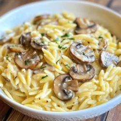 To make creamy garlic mushroom orzo, you need some simple and fresh ingredients. Here is what you will need: - 1 cup orzo pasta - 2 tablespoons olive oil - 1 medium onion, finely chopped - 4 cloves garlic, minced - 8 ounces mushrooms, sliced (cremini or button) - 1 cup vegetable broth - 1 cup heavy cream or a dairy-free alternative - 1/2 cup grated Parmesan cheese (or nutritional yeast for a vegan option) - 1 teaspoon dried thyme - Salt and pepper to taste - Fresh parsley, chopped (for garnish) These ingredients work together to create a rich and creamy dish. The orzo pasta acts as the base, soaking up all the flavors. The mushrooms add a hearty texture, while garlic and onion bring depth to the taste. You can choose heavy cream or a dairy-free option to suit your needs. The Parmesan cheese or nutritional yeast adds a nice cheesy flavor. Don't forget the thyme, salt, and pepper for seasoning. Finally, fresh parsley gives a pop of color and freshness when you serve it. If you want to make this dish special, consider using seasonal mushrooms. They can enhance the flavor and make the dish more exciting. {{ingredient_image_1}} - Sautéing onions and garlic In a large skillet, heat 2 tablespoons of olive oil over medium heat. Add 1 medium onion, finely chopped. Sauté until it turns soft and clear, about 3 to 4 minutes. Stir in 4 minced garlic cloves. Cook for another 1 to 2 minutes. Be careful not to let the garlic burn; it can turn bitter. - Adding mushrooms Next, add 8 ounces of sliced mushrooms to the skillet. You can use cremini or button mushrooms. Cook them until they are soft and golden brown, about 5 to 7 minutes. This step brings out their rich flavor, making your dish even more tasty. - Toasting orzo in the skillet After the mushrooms are ready, stir in 1 cup of orzo pasta. Let it toast lightly in the pan for about 2 minutes. This step gives the orzo a nice, nutty flavor. - Adding broth and simmering Pour in 1 cup of vegetable broth. Bring the mixture to a gentle simmer. Cook until the orzo is soft and most of the liquid is gone, about 10 to 12 minutes. Make sure to stir occasionally. This helps the orzo cook evenly and absorb all those wonderful flavors. - Mixing in cream and cheese When the orzo is cooked, lower the heat. Stir in 1 cup of heavy cream and 1/2 cup of grated Parmesan cheese. If you want a vegan option, use nutritional yeast instead of cheese. Add 1 teaspoon of dried thyme, salt, and pepper to taste. Mix everything until it's creamy and well combined. - Adjusting seasoning and serving Cook for another 2 to 3 minutes until everything is heated through. Taste and adjust salt and pepper if needed. Finally, remove the skillet from the heat. Garnish with fresh chopped parsley before serving. Enjoy your creamy garlic mushroom orzo! To make your creamy garlic mushroom orzo truly rich, choose the right ingredients. If you want a dairy-free option, use coconut milk or cashew cream instead of heavy cream. These alternatives provide a creamy texture without dairy. Next, adjust the consistency with broth. If your dish seems too thick, add more vegetable broth. This keeps the orzo moist and flavorful. You want a creamy dish, not a dry one. You can elevate the taste by adding herbs or spices. Fresh thyme or basil work great with garlic and mushrooms. A sprinkle of red pepper flakes can add a nice kick if you enjoy a little heat. For protein additions, consider cooked chicken, shrimp, or even chickpeas. These add texture and make the meal more filling. Just stir them in at the end to warm them up without overcooking. Garnishing ideas can make your dish pop. Fresh parsley adds a nice touch of color and freshness. A sprinkle of extra Parmesan cheese on top looks inviting and appetizing. For serving suggestions, this dish works well at any occasion. Serve it as a main course for a cozy dinner or as a side for a festive gathering. Pair it with a crisp salad or some crusty bread to round out the meal. Pro Tips Choose the Right Mushrooms: Cremini mushrooms add a richer flavor than button mushrooms, but feel free to mix different varieties for a more complex taste. Toast the Orzo: Toasting the orzo before adding the broth enhances its nutty flavor, making the dish even more delicious. Adjust Creaminess: If you prefer a lighter dish, you can use half-and-half instead of heavy cream, or add more broth for a soupier consistency. Fresh Herbs Matter: Garnishing with fresh parsley is not just for decoration; it adds a burst of freshness that elevates the overall flavor. {{image_2}} To make this dish vegan, swap the heavy cream for a dairy-free alternative like coconut cream or cashew cream. You can use nutritional yeast instead of Parmesan cheese for that cheesy taste. This keeps the creamy texture while making it plant-based. Consider adding a splash of lemon juice for brightness. You can also mix in some sautéed spinach or kale for extra nutrients. These changes will keep your orzo rich and flavorful. For a gluten-free version, choose gluten-free orzo or any similar gluten-free pasta. Brown rice pasta or quinoa pasta works well, too. Cooking times may vary with these alternatives. Keep an eye on the pasta as it cooks. You want it to be tender but not mushy. Adjust the cooking time according to package directions for best results. Incorporate seasonal veggies for added flavor and nutrition. Consider adding asparagus in spring or butternut squash in fall. These vegetables can be sautéed with the onions and garlic for a delightful twist. Fresh herbs can enhance the flavor, too. Try adding basil in summer or sage in winter. These herbs will give your dish a fresh and vibrant taste, making it even more enjoyable. To keep your Creamy Garlic Mushroom Orzo fresh, store it in an airtight container. Refrigerate it within two hours of cooking. This helps prevent bacteria growth. It will stay good in the fridge for up to three days. When reheating, use a skillet or microwave. If using a skillet, add a splash of broth or water to keep it moist. Stir often until heated through. If using a microwave, heat in short bursts, stirring in between. Make sure it reaches a safe temperature before serving. You can freeze Creamy Garlic Mushroom Orzo for later. First, let it cool completely. Then, portion it into freezer-safe bags or containers. Remove as much air as possible to avoid freezer burn. It will stay good in the freezer for up to three months. When you're ready to eat, thaw it in the fridge overnight. For reheating, use a skillet with a little broth or water. Heat on low, stirring frequently until hot. This method keeps the dish creamy and tasty. Yes, you can prepare Creamy Garlic Mushroom Orzo ahead of time. This dish stores well. To meal prep, cook the orzo as usual, then cool it. Place it in an airtight container. Store it in the fridge for up to three days. When ready to serve, reheat in a skillet. Add a splash of broth or cream to restore creaminess. Creamy Garlic Mushroom Orzo pairs well with many sides. Consider these options: - Grilled chicken for protein - Steamed broccoli for a veggie boost - Garlic bread for a crunchy texture - Side salad with fresh greens and vinaigrette These sides enhance the meal and add variety to your plate. To add spice to Creamy Garlic Mushroom Orzo, try these options: - Red pepper flakes: Sprinkle them in while cooking. - Sriracha or hot sauce: Mix in a few drops for heat. - Jalapeños: Add diced fresh or pickled jalapeños for a kick. These ingredients will give your dish an exciting flavor boost! In this post, we explored how to make Creamy Garlic Mushroom Orzo. We covered the key ingredients and step-by-step cooking instructions. You learned tips for perfect creaminess and flavor enhancements. I also shared variations for vegan and gluten-free options. Finally, remember that this dish is versatile. It can fit any meal or occasion. Keep experimenting with flavors. Happy cooking!