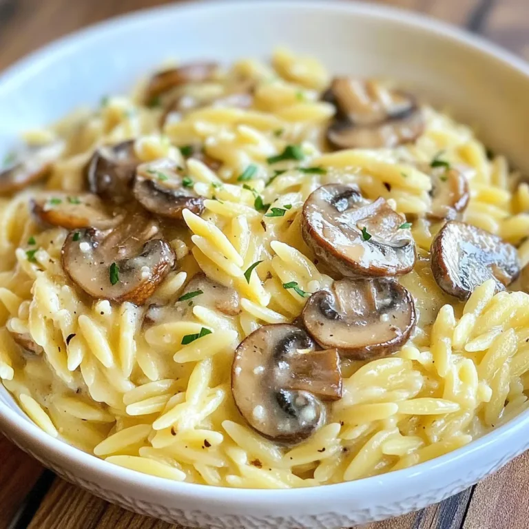 To make creamy garlic mushroom orzo, you need some simple and fresh ingredients. Here is what you will need: - 1 cup orzo pasta - 2 tablespoons olive oil - 1 medium onion, finely chopped - 4 cloves garlic, minced - 8 ounces mushrooms, sliced (cremini or button) - 1 cup vegetable broth - 1 cup heavy cream or a dairy-free alternative - 1/2 cup grated Parmesan cheese (or nutritional yeast for a vegan option) - 1 teaspoon dried thyme - Salt and pepper to taste - Fresh parsley, chopped (for garnish) These ingredients work together to create a rich and creamy dish. The orzo pasta acts as the base, soaking up all the flavors. The mushrooms add a hearty texture, while garlic and onion bring depth to the taste. You can choose heavy cream or a dairy-free option to suit your needs. The Parmesan cheese or nutritional yeast adds a nice cheesy flavor. Don't forget the thyme, salt, and pepper for seasoning. Finally, fresh parsley gives a pop of color and freshness when you serve it. If you want to make this dish special, consider using seasonal mushrooms. They can enhance the flavor and make the dish more exciting. {{ingredient_image_1}} - Sautéing onions and garlic In a large skillet, heat 2 tablespoons of olive oil over medium heat. Add 1 medium onion, finely chopped. Sauté until it turns soft and clear, about 3 to 4 minutes. Stir in 4 minced garlic cloves. Cook for another 1 to 2 minutes. Be careful not to let the garlic burn; it can turn bitter. - Adding mushrooms Next, add 8 ounces of sliced mushrooms to the skillet. You can use cremini or button mushrooms. Cook them until they are soft and golden brown, about 5 to 7 minutes. This step brings out their rich flavor, making your dish even more tasty. - Toasting orzo in the skillet After the mushrooms are ready, stir in 1 cup of orzo pasta. Let it toast lightly in the pan for about 2 minutes. This step gives the orzo a nice, nutty flavor. - Adding broth and simmering Pour in 1 cup of vegetable broth. Bring the mixture to a gentle simmer. Cook until the orzo is soft and most of the liquid is gone, about 10 to 12 minutes. Make sure to stir occasionally. This helps the orzo cook evenly and absorb all those wonderful flavors. - Mixing in cream and cheese When the orzo is cooked, lower the heat. Stir in 1 cup of heavy cream and 1/2 cup of grated Parmesan cheese. If you want a vegan option, use nutritional yeast instead of cheese. Add 1 teaspoon of dried thyme, salt, and pepper to taste. Mix everything until it's creamy and well combined. - Adjusting seasoning and serving Cook for another 2 to 3 minutes until everything is heated through. Taste and adjust salt and pepper if needed. Finally, remove the skillet from the heat. Garnish with fresh chopped parsley before serving. Enjoy your creamy garlic mushroom orzo! To make your creamy garlic mushroom orzo truly rich, choose the right ingredients. If you want a dairy-free option, use coconut milk or cashew cream instead of heavy cream. These alternatives provide a creamy texture without dairy. Next, adjust the consistency with broth. If your dish seems too thick, add more vegetable broth. This keeps the orzo moist and flavorful. You want a creamy dish, not a dry one. You can elevate the taste by adding herbs or spices. Fresh thyme or basil work great with garlic and mushrooms. A sprinkle of red pepper flakes can add a nice kick if you enjoy a little heat. For protein additions, consider cooked chicken, shrimp, or even chickpeas. These add texture and make the meal more filling. Just stir them in at the end to warm them up without overcooking. Garnishing ideas can make your dish pop. Fresh parsley adds a nice touch of color and freshness. A sprinkle of extra Parmesan cheese on top looks inviting and appetizing. For serving suggestions, this dish works well at any occasion. Serve it as a main course for a cozy dinner or as a side for a festive gathering. Pair it with a crisp salad or some crusty bread to round out the meal. Pro Tips Choose the Right Mushrooms: Cremini mushrooms add a richer flavor than button mushrooms, but feel free to mix different varieties for a more complex taste. Toast the Orzo: Toasting the orzo before adding the broth enhances its nutty flavor, making the dish even more delicious. Adjust Creaminess: If you prefer a lighter dish, you can use half-and-half instead of heavy cream, or add more broth for a soupier consistency. Fresh Herbs Matter: Garnishing with fresh parsley is not just for decoration; it adds a burst of freshness that elevates the overall flavor. {{image_2}} To make this dish vegan, swap the heavy cream for a dairy-free alternative like coconut cream or cashew cream. You can use nutritional yeast instead of Parmesan cheese for that cheesy taste. This keeps the creamy texture while making it plant-based. Consider adding a splash of lemon juice for brightness. You can also mix in some sautéed spinach or kale for extra nutrients. These changes will keep your orzo rich and flavorful. For a gluten-free version, choose gluten-free orzo or any similar gluten-free pasta. Brown rice pasta or quinoa pasta works well, too. Cooking times may vary with these alternatives. Keep an eye on the pasta as it cooks. You want it to be tender but not mushy. Adjust the cooking time according to package directions for best results. Incorporate seasonal veggies for added flavor and nutrition. Consider adding asparagus in spring or butternut squash in fall. These vegetables can be sautéed with the onions and garlic for a delightful twist. Fresh herbs can enhance the flavor, too. Try adding basil in summer or sage in winter. These herbs will give your dish a fresh and vibrant taste, making it even more enjoyable. To keep your Creamy Garlic Mushroom Orzo fresh, store it in an airtight container. Refrigerate it within two hours of cooking. This helps prevent bacteria growth. It will stay good in the fridge for up to three days. When reheating, use a skillet or microwave. If using a skillet, add a splash of broth or water to keep it moist. Stir often until heated through. If using a microwave, heat in short bursts, stirring in between. Make sure it reaches a safe temperature before serving. You can freeze Creamy Garlic Mushroom Orzo for later. First, let it cool completely. Then, portion it into freezer-safe bags or containers. Remove as much air as possible to avoid freezer burn. It will stay good in the freezer for up to three months. When you're ready to eat, thaw it in the fridge overnight. For reheating, use a skillet with a little broth or water. Heat on low, stirring frequently until hot. This method keeps the dish creamy and tasty. Yes, you can prepare Creamy Garlic Mushroom Orzo ahead of time. This dish stores well. To meal prep, cook the orzo as usual, then cool it. Place it in an airtight container. Store it in the fridge for up to three days. When ready to serve, reheat in a skillet. Add a splash of broth or cream to restore creaminess. Creamy Garlic Mushroom Orzo pairs well with many sides. Consider these options: - Grilled chicken for protein - Steamed broccoli for a veggie boost - Garlic bread for a crunchy texture - Side salad with fresh greens and vinaigrette These sides enhance the meal and add variety to your plate. To add spice to Creamy Garlic Mushroom Orzo, try these options: - Red pepper flakes: Sprinkle them in while cooking. - Sriracha or hot sauce: Mix in a few drops for heat. - Jalapeños: Add diced fresh or pickled jalapeños for a kick. These ingredients will give your dish an exciting flavor boost! In this post, we explored how to make Creamy Garlic Mushroom Orzo. We covered the key ingredients and step-by-step cooking instructions. You learned tips for perfect creaminess and flavor enhancements. I also shared variations for vegan and gluten-free options. Finally, remember that this dish is versatile. It can fit any meal or occasion. Keep experimenting with flavors. Happy cooking!
