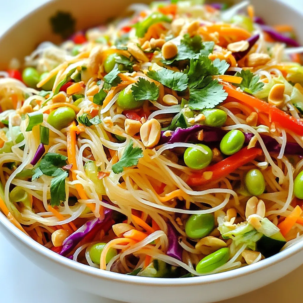 - 8 oz rice noodles - 1 cup shredded carrots - 1 bell pepper, thinly sliced - 1 cucumber, julienned - 1 cup red cabbage, thinly sliced - 1 cup edamame, shelled - 2 green onions, chopped - 1/4 cup fresh cilantro, chopped - 1/4 cup peanuts, chopped Rice noodles form the base of this salad. They soak up the sauce well. Shredded carrots add sweet crunch. Bell pepper brings color and flavor. Cucumber adds refreshing coolness. Red cabbage offers a nice crunch too. Edamame gives protein and texture. Green onions add a mild onion taste. Fresh cilantro finishes the dish with bright flavor. Peanuts provide a satisfying crunch and nutty taste. - 1/3 cup creamy peanut butter - 2 tablespoons soy sauce - 2 tablespoons lime juice - 1 tablespoon honey or maple syrup - 1 tablespoon sesame oil - 1 teaspoon grated ginger - 1 small garlic clove, minced - Water, as needed The peanut sauce is rich and creamy. Use smooth peanut butter for best results. Soy sauce adds umami flavor. Lime juice gives it a zesty kick. Honey or maple syrup adds sweetness. Sesame oil gives it depth. Grated ginger adds warmth. Minced garlic brings a bold taste. If the sauce is thick, thin it with water. - Alternative garnishes: more peanuts, sesame seeds - Other vegetables for customization: bell peppers or snap peas Feel free to get creative! You can add more garnishes like sesame seeds for extra crunch. Swap in other veggies like snap peas or bell peppers for variety. This salad is all about personal taste, so make it yours! {{ingredient_image_1}} To start, bring a large pot of water to a boil. Add 8 oz of rice noodles to the pot. Cook them according to the package instructions until they are al dente. This usually takes about 4 to 6 minutes. Once done, drain the noodles and rinse them under cold water. This step cools the noodles and stops the cooking process. Set the noodles aside while you prepare the rest of the salad. Now, let’s make the peanut sauce. In a mixing bowl, combine 1/3 cup of creamy peanut butter, 2 tablespoons of soy sauce, and 2 tablespoons of fresh lime juice. Add 1 tablespoon of honey or maple syrup for sweetness. Then, pour in 1 tablespoon of sesame oil. For some heat, add 1 teaspoon of grated ginger and 1 minced garlic clove. Whisk everything together until it’s smooth. If the sauce feels too thick, add a little water. Do this one tablespoon at a time until you reach the right consistency. In a large salad bowl, combine the cooked rice noodles with your fresh veggies. You need 1 cup of shredded carrots, 1 thinly sliced bell pepper, 1 julienned cucumber, 1 cup of thinly sliced red cabbage, and 1 cup of shelled edamame. Also, add 2 chopped green onions. Once your veggies and noodles are in the bowl, pour the peanut sauce over the mixture. Toss everything together gently. Make sure all the ingredients are well coated in the sauce. For a final touch, sprinkle 1/4 cup of chopped cilantro and 1/4 cup of chopped peanuts on top. This adds flavor and crunch. Enjoy your colorful, tasty salad! To get the best noodles, cook them just until they are al dente. This means they should be firm but not hard. Follow the package instructions for timing. After cooking, drain the noodles. Rinse them with cold water. This stops the cooking and helps prevent sticking. - Cook noodles for recommended time. - Rinse in cold water to stop cooking. - Toss with a little oil to prevent sticking. To boost the flavor, think about adding spices. A pinch of red pepper flakes gives heat. Fresh herbs like mint or basil add brightness. If you want to switch up the peanut sauce, try using almond butter instead of peanut butter. You can also use tamari instead of soy sauce for a gluten-free option. - Add red pepper flakes for heat. - Swap almond butter for peanut butter. - Use tamari for a gluten-free sauce. For a lovely presentation, arrange ingredients nicely. Layer the salad in a clear bowl to show off colors. Scatter chopped peanuts and cilantro on top for crunch and color. This salad is best served cold but can also be enjoyed at room temperature. Chill it for about 30 minutes before serving for the best taste. - Layer ingredients for a colorful display. - Serve cold or at room temperature. - Chill for 30 minutes for richer flavors. Pro Tips Fresh Ingredients: Use the freshest vegetables and herbs possible for the best flavor and crunch in your salad. Customizable Sauce: Adjust the peanut sauce by adding more lime juice for tanginess or more honey for sweetness, depending on your taste preference. Chill Before Serving: Allow the salad to chill in the refrigerator for at least 30 minutes to let the flavors meld together beautifully. Make Ahead: This salad can be made ahead of time. Just keep the sauce separate until you’re ready to serve to prevent sogginess. {{image_2}} You can enhance your Thai Peanut Noodle Salad by adding protein. Chicken, tofu, or shrimp work great. - Chicken: Grill or poach the chicken. Chop it into bite-sized pieces and mix it in. - Tofu: Use firm tofu for a good texture. Press it, cube it, and sauté until golden. - Shrimp: Cook shrimp until pink and tender. Add them to the salad for a seafood twist. Choose what you like best! Each option adds flavor and makes your meal more filling. Making this salad vegan or gluten-free is simple. Just swap a few ingredients. - Vegan: Use maple syrup instead of honey for sweetness. - Gluten-Free: Make sure to use gluten-free soy sauce. It’s easy to find in stores. These swaps keep the salad tasty while fitting your diet. You can change the salad based on what is fresh and in season. - Spring: Add fresh peas or snap peas for a crisp touch. - Summer: Include ripe tomatoes or fresh corn for sweetness. - Fall: Swap in roasted sweet potatoes for a warm flavor. - Winter: Use kale instead of cabbage for a hearty crunch. These seasonal swaps keep the salad exciting and full of flavor. To keep your Thai peanut noodle salad fresh, use an airtight container. This helps prevent moisture and keeps flavors intact. Place the salad in the fridge right after serving. It is best to store the salad and sauce separately. This way, the noodles will not get soggy. You can freeze the salad, but it's better to freeze the sauce alone. To freeze the sauce, pour it into a freezer-safe bag. Remove as much air as you can before sealing. For the salad, place it in a container and freeze for up to a month. To reheat, thaw the sauce in the fridge overnight. Warm it gently on the stove. Toss it with fresh, thawed noodles and veggies. Your salad stays fresh in the fridge for about 3 days. After that, the veggies may lose their crunch. Always check for signs of spoilage before eating. If you see any unusual colors or smells, it’s best to discard it. Enjoy your fresh flavors while they last! Rice noodles are thin, flat noodles made from rice flour and water. They are common in Asian dishes. You can find different types, including: - Flat rice noodles: These are wide and often used in stir-fries. - Vermicelli: These are thin and great for salads. - Rice sticks: These are slightly thicker and work well in soups. Each type cooks differently, so check the package for specific instructions. Yes, you can prepare this salad ahead of time. Here are some tips: - Noodles: Cook and cool the rice noodles. Store them in the fridge. - Veggies: Cut the vegetables and keep them in an airtight container. - Peanut sauce: Make the sauce in advance and store it separately. Assemble the salad just before serving. This keeps everything fresh and crisp. To change the spice level, consider these options: - Add less ginger: Reducing ginger can lessen the heat. - Use mild peanut butter: Some brands have added spice. - Add chili flakes: If you want more heat, sprinkle some flakes on top. Taste as you go to find your perfect balance. If you have allergies or dislike peanut butter, try these alternatives: - Almond butter: It has a similar texture and flavor. - Sunflower seed butter: Great for nut allergies. - Tahini: This sesame paste offers a unique taste. Adjust the other ingredients to balance the flavors. This blog post guides you in making a tasty Thai Peanut Noodle Salad. You learned about the key ingredients, like rice noodles and fresh veggies, plus how to create a creamy peanut sauce. I shared tips for perfect noodle texture and flavor enhancements. You saw variations, including protein additions and storage tips. This salad is simple and fun to make, allowing for personal touches. Enjoy creating your unique version and savor every bite!
